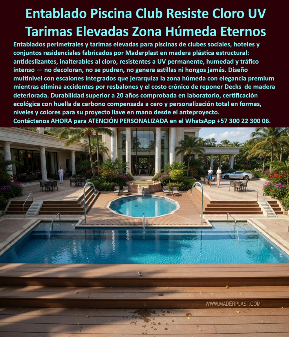 Cubierta Deck Piscina Larga Vida Útil Pisos Decks Bordes Piscinas Maderplast - Deck Perimetral para Piscina en Polímero Estructural Resistente a Cloro y UV — Entablado Antideslizante Sin Mantenimiento para Clubes, Hoteles y Zonas Húmedas | Maderplast Fabricante Colombia Lo primero que se ve en la imagen es un sistema de deck multinivel en tono cedro cálido que envuelve piscina rectangular, jacuzzi circular y escalinatas de acceso en un solo plano continuo de más de ciento veinte metros cuadrados, con tablas ranuradas antideslizantes ensambladas sobre estructura portante oculta, en un entorno tropical con tráfico descalzo permanente. Lo que no se ve es que ese entablado no es teca, no es cumaru, no es composite convencional: es polímero estructural Maderplast con color integral fundido en masa, y lleva años en contacto directo con agua clorada, sol tropical y cientos de bañistas sin haber recibido una sola intervención de mantenimiento. El punto de dolor es conocido por cualquier administrador de club social o director de obra que haya especificado madera natural para borde de piscina: la humedad permanente hincha las fibras, el cloro acelera la decoloración, la superficie genera astillas peligrosas para bañistas descalzos y los hongos que proliferan en zonas húmedas convierten el deck en riesgo sanitario que exige lijado, sellado y reemplazo de tablas cada temporada. El costo acumulado en diez años triplica la inversión original, y el porcelánico resuelve la durabilidad pero no la calidez estética ni la seguridad antideslizante en mojado. Al comprador no lo recordarán por haber conseguido el precio más bajo sino por los éxitos o fracasos de su compra, y una decisión "barata" que termina en astillas, reclamos, cierres de zona social y reposición cíclica es la definición exacta de lo que sale carísimo por fallas, mantenimiento, pérdida de imagen y falta de garantía de empresas que no responden. Maderplast elimina ese ciclo de raíz. El polímero estructural no absorbe humedad, resiste sin alteración el contacto permanente con agua clorada, no astilla bajo ninguna condición y mantiene superficie antideslizante clase R11 incluso mojada. El pigmento inorgánico integrado en masa —no pintura— reproduce la estética de madera tropical con veteado continuo que no decolora con radiación UV, eliminando para siempre los costos de lijado, aceitado y sellado. Cada módulo se fabrica a medida sobre plano arquitectónico adaptando niveles, escalones y remates perimetrales al diseño específico del proyecto, porque Maderplast es fabricante directo con control total de materia prima, proceso y acabados. La garantía verificable supera veinte años sin mantenimiento, respaldada con pruebas de laboratorio con fecha y entidad, fichas técnicas descargables en PDF con medidas, planos y anclaje, y videos de pruebas presenciales en el canal https://www.youtube.com/@maderplasSA. Para certificación LEED o EDGE, Maderplast certifica huella de carbono de 0,77 y reciclabilidad total del polímero. Un complejo con piscinas en zona tropical —nombre reservado por confidencialidad, visita al sitio disponible— enfrentaba reposición de su deck de madera cada temporada: astillas, decoloración por cloro y cierres de zonas sociales consumían presupuesto sin solución de fondo. Se instaló deck Maderplast multinivel integrando piscina, jacuzzi y escalinatas en diseño continuo fabricado a medida. Tras operación ininterrumpida bajo cloro, sol y tráfico intenso, el entablado mantiene intactos el color, textura y estabilidad sin una sola intervención; el presupuesto anual de reposición cayó a cero. Una compra bien hecha no necesita explicaciones, solo recibe felicitaciones, y los productos Maderplast son tan buenos que los demás, al contabilizar costos ocultos y riesgo operativo, no se aceptarían ni regalados. Si necesita cotizar deck piscina resistente a cloro sin mantenimiento, alternativa a deck de teca que no se pudre, tarima antideslizante para zona húmeda de club social, especificaciones para pliego técnico de licitación, diseño deck multinivel con escalinatas, personalización, planos, renders, prototipos, producción en serie o fabricación a medida, Maderplast es fabricante directo en Colombia con asesoría de ingeniería desde el anteproyecto. La decisión correcta no es la que cuesta menos hoy; es la que no cuesta nada mañana. Contacte un ingeniero Maderplast por WhatsApp: 57+ 300 22 300 06.Entablados Perimetrales Piscinas Resisten Cloro Inalterable, Zona Social Resisten Sol Protección Total Bañistas, Tarima Borde Piscina Premium Alta Durabilidad, Cubierta Deck Piscina Larga Vida Útil Pisos Decks Bordes Piscinas Maderplast Entablados Perimetrales Piscinas Resisten Cloro Inalterable Zona Social Resisten Sol Protección Total Bañistas Tarima Borde Piscina Premium Alta Durabilidad Deck Perimetral para Piscina en Polímero Estructural Resistente a Cloro y UV — Entablado Antideslizante Sin Mantenimiento para Clubes, Hoteles y Zonas Húmedas | Maderplast Fabricante Colombia Lo primero que se ve en la imagen es un sistema de deck multinivel en tono cedro cálido que envuelve piscina rectangular, jacuzzi circular y escalinatas de acceso en un solo plano continuo de más de ciento veinte metros cuadrados, con tablas ranuradas antideslizantes ensambladas sobre estructura portante oculta, en un entorno tropical con tráfico descalzo permanente. Lo que no se ve es que ese entablado no es teca, no es cumaru, no es composite convencional: es polímero estructural Maderplast con color integral fundido en masa, y lleva años en contacto directo con agua clorada, sol tropical y cientos de bañistas sin haber recibido una sola intervención de mantenimiento. El punto de dolor es conocido por cualquier administrador de club social o director de obra que haya especificado madera natural para borde de piscina: la humedad permanente hincha las fibras, el cloro acelera la decoloración, la superficie genera astillas peligrosas para bañistas descalzos y los hongos que proliferan en zonas húmedas convierten el deck en riesgo sanitario que exige lijado, sellado y reemplazo de tablas cada temporada. El costo acumulado en diez años triplica la inversión original, y el porcelánico resuelve la durabilidad pero no la calidez estética ni la seguridad antideslizante en mojado. Al comprador no lo recordarán por haber conseguido el precio más bajo sino por los éxitos o fracasos de su compra, y una decisión "barata" que termina en astillas, reclamos, cierres de zona social y reposición cíclica es la definición exacta de lo que sale carísimo por fallas, mantenimiento, pérdida de imagen y falta de garantía de empresas que no responden. Maderplast elimina ese ciclo de raíz. El polímero estructural no absorbe humedad, resiste sin alteración el contacto permanente con agua clorada, no astilla bajo ninguna condición y mantiene superficie antideslizante clase R11 incluso mojada. El pigmento inorgánico integrado en masa —no pintura— reproduce la estética de madera tropical con veteado continuo que no decolora con radiación UV, eliminando para siempre los costos de lijado, aceitado y sellado. Cada módulo se fabrica a medida sobre plano arquitectónico adaptando niveles, escalones y remates perimetrales al diseño específico del proyecto, porque Maderplast es fabricante directo con control total de materia prima, proceso y acabados. La garantía verificable supera veinte años sin mantenimiento, respaldada con pruebas de laboratorio con fecha y entidad, fichas técnicas descargables en PDF con medidas, planos y anclaje, y videos de pruebas presenciales en el canal https://www.youtube.com/@maderplasSA. Para certificación LEED o EDGE, Maderplast certifica huella de carbono de 0,77 y reciclabilidad total del polímero. Un complejo con piscinas en zona tropical —nombre reservado por confidencialidad, visita al sitio disponible— enfrentaba reposición de su deck de madera cada temporada: astillas, decoloración por cloro y cierres de zonas sociales consumían presupuesto sin solución de fondo. Se instaló deck Maderplast multinivel integrando piscina, jacuzzi y escalinatas en diseño continuo fabricado a medida. Tras operación ininterrumpida bajo cloro, sol y tráfico intenso, el entablado mantiene intactos el color, textura y estabilidad sin una sola intervención; el presupuesto anual de reposición cayó a cero. Una compra bien hecha no necesita explicaciones, solo recibe felicitaciones, y los productos Maderplast son tan buenos que los demás, al contabilizar costos ocultos y riesgo operativo, no se aceptarían ni regalados. Si necesita cotizar deck piscina resistente a cloro sin mantenimiento, alternativa a deck de teca que no se pudre, tarima antideslizante para zona húmeda de club social, especificaciones para pliego técnico de licitación, diseño deck multinivel con escalinatas, personalización, planos, renders, prototipos, producción en serie o fabricación a medida, Maderplast es fabricante directo en Colombia con asesoría de ingeniería desde el anteproyecto. La decisión correcta no es la que cuesta menos hoy; es la que no cuesta nada mañana. Contacte un ingeniero Maderplast por WhatsApp: 57+ 300 22 300 06.