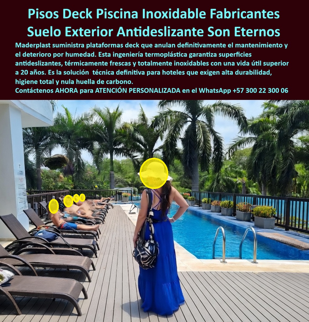 Cubierta Deck Piscina Larga Vida Útil Pisos Decks Bordes Piscinas Maderplast - Plataforma Deck Hotelera en Polímero Termoplástico Inoxidable — Piso Perimetral de Piscina Antideslizante, Térmicamente Fresco y Resistente a Cloro y Desinfección Intensiva | Maderplast Fabricante Colombia La fotografía muestra lo que todo gerente de hotel quisiera ver alrededor de su piscina: una plataforma deck continua en tono gris arena con tablas de perfil bajo y veteado sutil que cubre solárium con camastros, circulación lateral y borde de rebose en un resort tropical rodeado de palmeras, sin una sola tabla levantada, sin una sola mancha de decoloración, sin un solo cartel de "zona en mantenimiento". Lo que la fotografía no revela es el dato que convierte esta imagen en una decisión de ingeniería: ese suelo no es composite importado ni madera tratada, es polímero termoplástico Maderplast con pigmentación integral inoxidable, y lleva temporadas completas bajo sol directo, lluvias estacionales y ciclos diarios de desinfección con hipoclorito sin que el departamento de mantenimiento haya tenido que intervenir una sola vez. El problema que enfrenta la hotelería con pisos exteriores de piscina es doble. El confort: composite oscuro y piedra natural acumulan calor y queman pies descalzos al mediodía, generando quejas que afectan reseñas. La operación: la madera se hincha, levanta bordes, astilla y exige lijado y reemplazo cada temporada; el composite importado se delamina y su proveedor está a un océano de distancia cuando se necesita reposición antes de temporada alta. El protocolo sanitario con hipoclorito concentrado acelera la degradación de ambos, y el presupuesto acumulado de mantenimiento termina superando la inversión original. Al comprador no lo recordarán por haber negociado un descuento sino por los éxitos o fracasos de su especificación, y una decisión "barata" que genera quejas, incidentes y reposición cíclica es exactamente lo que sale carísimo por fallas, pérdida de imagen y falta de garantía de empresas que no responden. Maderplast resuelve ambos problemas con ingeniería de materiales. El polímero termoplástico tiene conductividad térmica significativamente inferior a piedra, concreto o metal: la superficie no supera temperaturas incómodas al tacto bajo sol directo —dato verificable en pruebas de laboratorio en el canal https://www.youtube.com/@maderplasSA—. La microtextura antideslizante mantiene fricción incluso mojada, la pigmentación integral no decolora con UV ni con químicos de limpieza industrial, la superficie no porosa impide proliferación bacteriana y el material no absorbe humedad, no astilla ni se delamina. La estructura portante oculta permite el paso de instalaciones hidráulicas sin romper módulos, reduciendo costos de intervención técnica. Cada plataforma se fabrica a medida sobre plano con garantía verificable superior a veinte años, fichas técnicas descargables en PDF con medidas, planos y anclaje, y certificados de prueba de laboratorio con fecha y entidad. Un hotel resort en zona costera tropical —nombre reservado por confidencialidad, visita disponible— enfrentaba quejas por confort térmico y tropiezos con su deck composite anterior, más semanas anuales de lijado y reposición aceleradas por la desinfección diaria. Se implementó plataforma Maderplast en polímero gris arena fabricada a medida cubriendo solárium, circulación y borde de rebose. Las quejas de confort térmico desaparecieron desde la primera temporada, los incidentes por resbalón cayeron a cero y el presupuesto de mantenimiento de pisos exteriores se resignó a otras áreas operativas. Una compra bien hecha no necesita explicaciones, solo recibe felicitaciones, y los productos Maderplast son tan buenos que los demás, al contabilizar costos ocultos y riesgo operativo, no se aceptarían ni regalados. Si necesita cotizar deck elevado para zona húmeda de resort, piso deck piscina hotel térmicamente fresco, alternativa a composite que no se delamina, tarima exterior fresca antideslizante de alto tráfico, especificaciones para pliego técnico de proyecto hotelero, diseño de plataforma multinivel, personalización, planos, renders, prototipos, producción en serie o fabricación a medida, Maderplast es fabricante directo en Colombia con ingenieros que asesoran desde el anteproyecto. La decisión correcta no es la que cuesta menos hoy; es la que no cuesta nada mañana. Contacte un ingeniero Maderplast por WhatsApp: 57+ 300 22 300 06. Suelo Deck Elevado Zona Piscina Antihumedad Decorativo Larga Vida Útil, Tarima Borde Piscina Exterior Plástica Antideslizante Fresca, Plataformas Terrazas Hoteleras PP Cubierta Deck Piscina Larga Vida Útil Pisos Decks Bordes Piscinas Maderplast Suelo Deck Elevado Zona Piscina Antihumedad Decorativo Larga Vida Útil Tarima Borde Piscina Exterior Plástica Antideslizante Fresca Plataformas Terrazas Hoteleras PPPlataforma Deck Hotelera en Polímero Termoplástico Inoxidable — Piso Perimetral de Piscina Antideslizante, Térmicamente Fresco y Resistente a Cloro y Desinfección Intensiva | Maderplast Fabricante Colombia La fotografía muestra lo que todo gerente de hotel quisiera ver alrededor de su piscina: una plataforma deck continua en tono gris arena con tablas de perfil bajo y veteado sutil que cubre solárium con camastros, circulación lateral y borde de rebose en un resort tropical rodeado de palmeras, sin una sola tabla levantada, sin una sola mancha de decoloración, sin un solo cartel de "zona en mantenimiento". Lo que la fotografía no revela es el dato que convierte esta imagen en una decisión de ingeniería: ese suelo no es composite importado ni madera tratada, es polímero termoplástico Maderplast con pigmentación integral inoxidable, y lleva temporadas completas bajo sol directo, lluvias estacionales y ciclos diarios de desinfección con hipoclorito sin que el departamento de mantenimiento haya tenido que intervenir una sola vez. El problema que enfrenta la hotelería con pisos exteriores de piscina es doble. El confort: composite oscuro y piedra natural acumulan calor y queman pies descalzos al mediodía, generando quejas que afectan reseñas. La operación: la madera se hincha, levanta bordes, astilla y exige lijado y reemplazo cada temporada; el composite importado se delamina y su proveedor está a un océano de distancia cuando se necesita reposición antes de temporada alta. El protocolo sanitario con hipoclorito concentrado acelera la degradación de ambos, y el presupuesto acumulado de mantenimiento termina superando la inversión original. Al comprador no lo recordarán por haber negociado un descuento sino por los éxitos o fracasos de su especificación, y una decisión "barata" que genera quejas, incidentes y reposición cíclica es exactamente lo que sale carísimo por fallas, pérdida de imagen y falta de garantía de empresas que no responden. Maderplast resuelve ambos problemas con ingeniería de materiales. El polímero termoplástico tiene conductividad térmica significativamente inferior a piedra, concreto o metal: la superficie no supera temperaturas incómodas al tacto bajo sol directo —dato verificable en pruebas de laboratorio en el canal https://www.youtube.com/@maderplasSA—. La microtextura antideslizante mantiene fricción incluso mojada, la pigmentación integral no decolora con UV ni con químicos de limpieza industrial, la superficie no porosa impide proliferación bacteriana y el material no absorbe humedad, no astilla ni se delamina. La estructura portante oculta permite el paso de instalaciones hidráulicas sin romper módulos, reduciendo costos de intervención técnica. Cada plataforma se fabrica a medida sobre plano con garantía verificable superior a veinte años, fichas técnicas descargables en PDF con medidas, planos y anclaje, y certificados de prueba de laboratorio con fecha y entidad. Un hotel resort en zona costera tropical —nombre reservado por confidencialidad, visita disponible— enfrentaba quejas por confort térmico y tropiezos con su deck composite anterior, más semanas anuales de lijado y reposición aceleradas por la desinfección diaria. Se implementó plataforma Maderplast en polímero gris arena fabricada a medida cubriendo solárium, circulación y borde de rebose. Las quejas de confort térmico desaparecieron desde la primera temporada, los incidentes por resbalón cayeron a cero y el presupuesto de mantenimiento de pisos exteriores se resignó a otras áreas operativas. Una compra bien hecha no necesita explicaciones, solo recibe felicitaciones, y los productos Maderplast son tan buenos que los demás, al contabilizar costos ocultos y riesgo operativo, no se aceptarían ni regalados. Si necesita cotizar deck elevado para zona húmeda de resort, piso deck piscina hotel térmicamente fresco, alternativa a composite que no se delamina, tarima exterior fresca antideslizante de alto tráfico, especificaciones para pliego técnico de proyecto hotelero, diseño de plataforma multinivel, personalización, planos, renders, prototipos, producción en serie o fabricación a medida, Maderplast es fabricante directo en Colombia con ingenieros que asesoran desde el anteproyecto. La decisión correcta no es la que cuesta menos hoy; es la que no cuesta nada mañana. Contacte un ingeniero Maderplast por WhatsApp: 57+ 300 22 300 06.