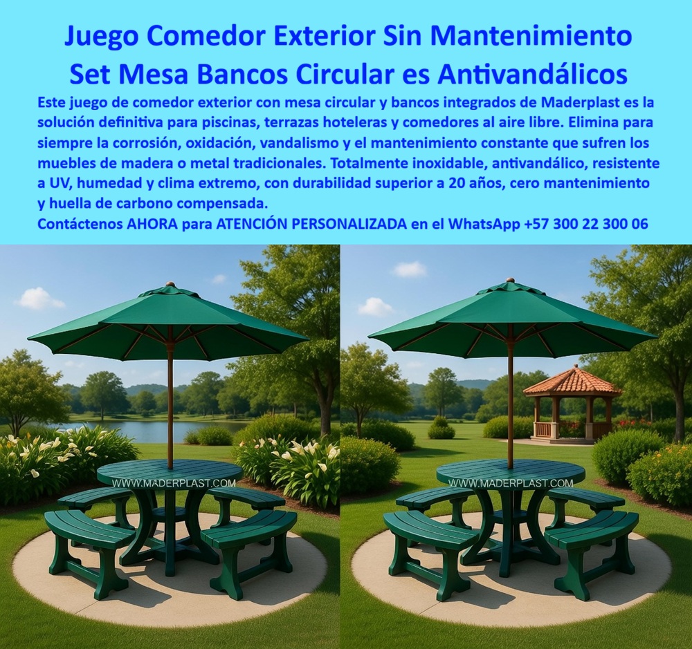 Juegos Comedor Exterior Piscina Mobiliario Terrazas Hoteleras Maderplast - Juego Comedor Exterior Circular Maderplast – Mesa y Bancos Redondos Antivandálicos para Terrazas Hoteleras y Piscinas En la imagen se aprecia un juego de comedor exterior circular Maderplast con mesa redonda y bancos curvos integrados en tono verde profundo, montado sobre base circular de concreto en jardín ajardinado con césped, árboles y lago al fondo bajo sombrilla verde de gran diámetro. Este mobiliario presenta superficie texturizada uniforme y estructura robusta con acabados finos que se funde armónicamente en terrazas hoteleras y áreas verdes, fabricado en polímeros de ingeniería que lo hacen totalmente inmune a corrosión por humedad, rayos UV y clima extremo sin decoloración ni pintura. El set Maderplast ofrece antivandalismo y durabilidad superior a 20 años con cero mantenimiento en entornos de alto tráfico. Quien ha gestionado terrazas de piscina, comedores al aire libre o áreas recreativas en resorts sabe perfectamente cuál es el verdadero dolor: las mesas y bancos de madera o metal tradicionales se deterioran rápidamente por el sol intenso, la lluvia, el cloro y el vandalismo ocasional. Esto obliga a reparaciones constantes, repintados y reposiciones que interrumpen la operación, generan riesgos de seguridad y elevan los costos operativos año tras año. Lo que parecía una opción económica termina convirtiéndose en una inversión muy cara por fallas críticas, gastos ocultos y la imposibilidad de justificar ante la gerencia o los inversionistas una decisión que, a la larga, resulta mucho más costosa y problemática. Una compra bien hecha recibe felicitaciones permanentes; una mal hecha no encuentra excusa que compense los gastos adicionales y los dolores de cabeza. Maderplast resuelve este problema de forma definitiva y segura. Fabricamos a medida el juego comedor exterior circular hotel, la mesa bancos redonda piscina y el mobiliario terraza hotelera sin mantenimiento con composites poliméricos de ingeniería que eliminan por completo la corrosión, la decoloración, el vandalismo y cualquier necesidad de mantenimiento. El resultado es un set con más de 20 años de vida útil, superficie antideslizante y perforada para secado rápido, color integral permanente y diseño higiénico, ideal para comedores exteriores, terrazas de piscina y áreas verdes mientras mantiene una estética elegante y funcionalidad impecable en entornos húmedos y soleados. Así lo confirman en testimonio de caso real la Gerencia de Operaciones de un parque acuático en un proyecto del 2024: el problema que enfrentamos era el rápido desgaste de mesas y bancos de comedor exterior por exposición constante a sol, cloro y humedad, generando costos recurrentes de pintura, reparación y reposición que afectan la imagen y el presupuesto operativo del parque. Después de implementar los juegos de comedor exterior circular Maderplast con mesa redonda y bancos integrados fabricados a medida e instalados en las áreas verdes y terrazas, el mobiliario ha operado de forma continua sin ningún mantenimiento correctivo ni pérdida de color después de meses de uso intensivo, manteniendo higiene impecable y reduciendo drásticamente el costo total de propiedad. Cuando un profesional busca la mejor alternativa duradera a los juegos de comedor tradicionales, la mesa circular, bancos integrados o el mobiliario exterior para terraza hotelera con las especificaciones técnicas correctas, Maderplast entrega la tranquilidad absoluta. Contamos con ficha técnica completa en PDF con medidas, planos de anclaje y especificaciones de carga, certificados de pruebas de laboratorio y videos reales disponibles en el canal de YouTube @maderplasSA. Los productos Maderplast son tan buenos que cualquier otra opción, incluso regalada, terminaría siendo carísima por sus fallas y mantenimientos constantes. Si su proyecto requiere un juego de comedor exterior circular que realmente entregue durabilidad extrema, seguridad y rentabilidad a largo plazo, contáctenos hoy. Nuestro equipo de ingenieros está listo para brindarle cotización personalizada, renders, prototipos y toda la asesoría técnica que necesite. WhatsApp directo: +57 300 22 300 06 Muebles exteriores hotel evitan deterioro clima diseño elegante duradero, Juegos de Mesas Bancos para Piscinas Resistentes Comedores exteriores cubiertos sin mantenimiento Juegos Comedor Exterior Piscina Mobiliario Terrazas Hoteleras Maderplast Muebles exteriores hotel evitan deterioro clima diseño elegante duradero Juegos de Mesas Bancos para Piscinas Resistentes Comedores exteriores cubiertos sin mantenimiento Juego Comedor Exterior Circular Maderplast – Mesa y Bancos Redondos Antivandálicos para Terrazas Hoteleras y Piscinas En la imagen se aprecia un juego de comedor exterior circular Maderplast con mesa redonda y bancos curvos integrados en tono verde profundo, montado sobre base circular de concreto en jardín ajardinado con césped, árboles y lago al fondo bajo sombrilla verde de gran diámetro. Este mobiliario presenta superficie texturizada uniforme y estructura robusta con acabados finos que se funde armónicamente en terrazas hoteleras y áreas verdes, fabricado en polímeros de ingeniería que lo hacen totalmente inmune a corrosión por humedad, rayos UV y clima extremo sin decoloración ni pintura. El set Maderplast ofrece antivandalismo y durabilidad superior a 20 años con cero mantenimiento en entornos de alto tráfico. Quien ha gestionado terrazas de piscina, comedores al aire libre o áreas recreativas en resorts sabe perfectamente cuál es el verdadero dolor: las mesas y bancos de madera o metal tradicionales se deterioran rápidamente por el sol intenso, la lluvia, el cloro y el vandalismo ocasional. Esto obliga a reparaciones constantes, repintados y reposiciones que interrumpen la operación, generan riesgos de seguridad y elevan los costos operativos año tras año. Lo que parecía una opción económica termina convirtiéndose en una inversión muy cara por fallas críticas, gastos ocultos y la imposibilidad de justificar ante la gerencia o los inversionistas una decisión que, a la larga, resulta mucho más costosa y problemática. Una compra bien hecha recibe felicitaciones permanentes; una mal hecha no encuentra excusa que compense los gastos adicionales y los dolores de cabeza. Maderplast resuelve este problema de forma definitiva y segura. Fabricamos a medida el juego comedor exterior circular hotel, la mesa bancos redonda piscina y el mobiliario terraza hotelera sin mantenimiento con composites poliméricos de ingeniería que eliminan por completo la corrosión, la decoloración, el vandalismo y cualquier necesidad de mantenimiento. El resultado es un set con más de 20 años de vida útil, superficie antideslizante y perforada para secado rápido, color integral permanente y diseño higiénico, ideal para comedores exteriores, terrazas de piscina y áreas verdes mientras mantiene una estética elegante y funcionalidad impecable en entornos húmedos y soleados. Así lo confirman en testimonio de caso real la Gerencia de Operaciones de un parque acuático en un proyecto del 2024: el problema que enfrentamos era el rápido desgaste de mesas y bancos de comedor exterior por exposición constante a sol, cloro y humedad, generando costos recurrentes de pintura, reparación y reposición que afectan la imagen y el presupuesto operativo del parque. Después de implementar los juegos de comedor exterior circular Maderplast con mesa redonda y bancos integrados fabricados a medida e instalados en las áreas verdes y terrazas, el mobiliario ha operado de forma continua sin ningún mantenimiento correctivo ni pérdida de color después de meses de uso intensivo, manteniendo higiene impecable y reduciendo drásticamente el costo total de propiedad. Cuando un profesional busca la mejor alternativa duradera a los juegos de comedor tradicionales, la mesa circular, bancos integrados o el mobiliario exterior para terraza hotelera con las especificaciones técnicas correctas, Maderplast entrega la tranquilidad absoluta. Contamos con ficha técnica completa en PDF con medidas, planos de anclaje y especificaciones de carga, certificados de pruebas de laboratorio y videos reales disponibles en el canal de YouTube @maderplasSA. Los productos Maderplast son tan buenos que cualquier otra opción, incluso regalada, terminaría siendo carísima por sus fallas y mantenimientos constantes. Si su proyecto requiere un juego de comedor exterior circular que realmente entregue durabilidad extrema, seguridad y rentabilidad a largo plazo, contáctenos hoy. Nuestro equipo de ingenieros está listo para brindarle cotización personalizada, renders, prototipos y toda la asesoría técnica que necesite. WhatsApp directo: +57 300 22 300 06