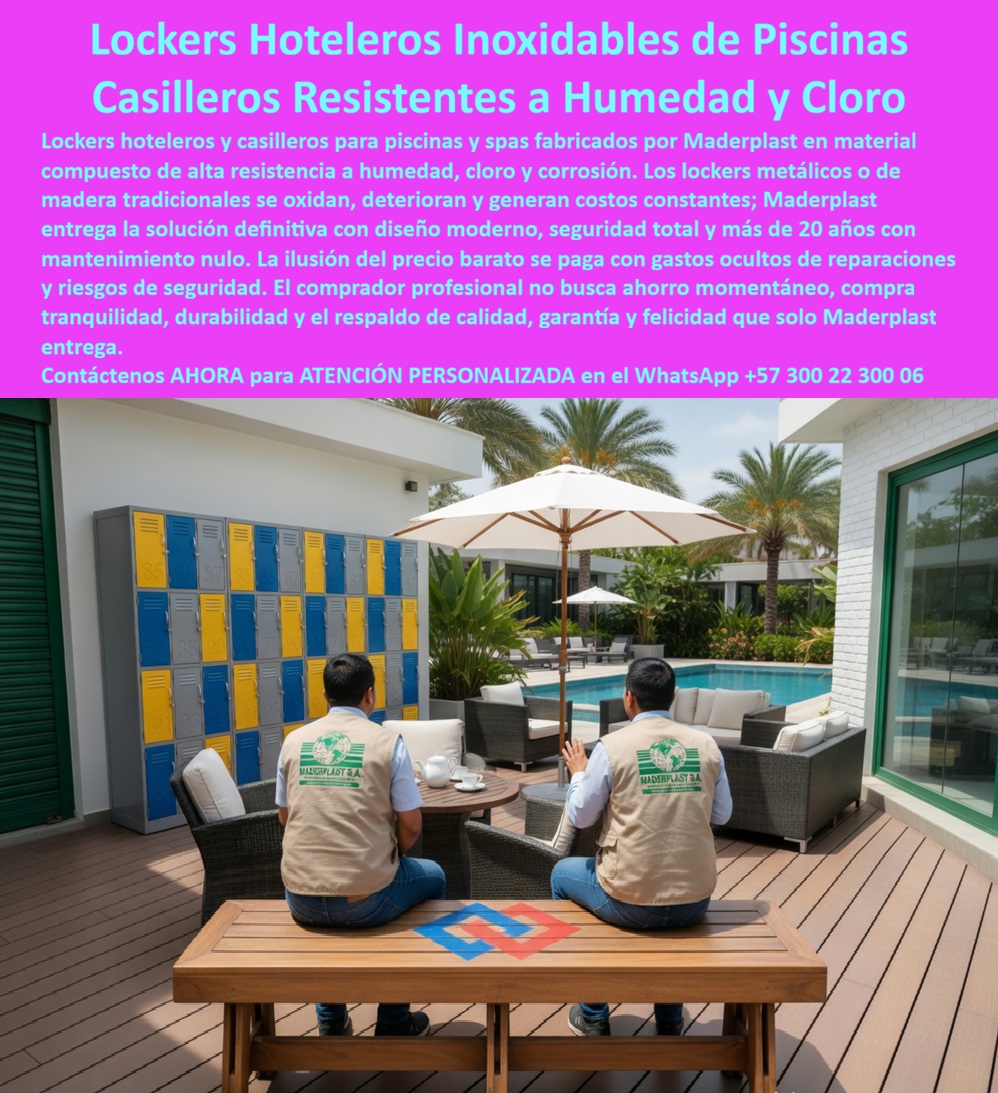 Lockers Hoteleros Plásticos Inoxidables Resistentes Humedad Maderplast - Lockers Hoteleros Plásticos Inoxidables Maderplast – Casilleros Vestidor Resistentes a Humedad y Cloro para Piscinas y Spas En la imagen se aprecia un conjunto modular de lockers hoteleros plásticos inoxidables Maderplast para piscina y spa, en colores vibrantes amarillo, azul y gris con puertas abatibles ventiladas y herrajes discretos, instalado sobre deck de madera en terraza resort tropical frente a piscina cristalina con sombrilla y mobiliario lounge. Esta solución presenta superficie lisa de alto brillo y textura uniforme que repele agua y cloro, construida en polímeros de ingeniería que la hacen inmune a corrosión, salinidad y humedad ambiental sin oxidación ni deformación. Los casilleros Maderplast ofrecen seguridad total y estética moderna que se mantiene intacta bajo sol directo, integrándose perfectamente al entorno de alto tráfico recreativo. Quien ha gestionado vestidores de piscina o spa en hoteles sabe perfectamente cuál es el verdadero dolor: los casilleros metálicos se corroen y los de madera o MDF se hinchan y destruyen por el vapor, la humedad y el cloro constante. Esto genera reparaciones frecuentes, reposiciones costosas y deterioro de la imagen premium del resort. Lo que parecía una opción económica termina convirtiéndose en una inversión muy cara por fallas críticas, gastos ocultos y la imposibilidad de justificar ante la gerencia o los inversionistas una decisión que, a la larga, resulta mucho más costosa y problemática. Una compra bien hecha recibe felicitaciones permanentes; una mal hecha no encuentra excusa que compense los gastos adicionales y los dolores de cabeza. Maderplast resuelve este problema de forma definitiva y segura. Fabricamos a medida los lockers hoteleros plásticos inoxidables, los casilleros vestidor spa y los lockers para piscina con composites poliméricos de ingeniería que eliminan por completo la corrosión, el hinchamiento, los hongos y cualquier necesidad de mantenimiento. El resultado es un sistema modular con más de 20 años de vida útil, acabado elegante permanente, ventilación óptima y peso reducido para instalación fácil, ideal para vestidores de piscina y spa mientras mantiene higiene impecable y estética de lujo en entornos de alto tráfico. Así lo confirman en testimonio de caso real la Gerencia de Infraestructura de un resort hotelero costero en un proyecto del 2024: el problema que enfrentamos era el deterioro rápido de casilleros metálicos y de MDF en el vestidor del spa por vapor, cloro y humedad constante, generando corrosión, hinchamiento y costos recurrentes de reposición que afectan la operatividad y la imagen de lujo del resort. Después de implementar los casilleros vestidor premium Maderplast en configuración modular, fabricados a medida e instalados en la terraza deck según el diseño del proyecto, el sistema de lockers ha operado de forma continua sin ningún mantenimiento correctivo ni pérdida de estética ni funcionalidad después de meses de uso intensivo, manteniendo higiene impecable y reduciendo drásticamente el costo total de propiedad. Cuando un profesional busca la mejor alternativa duradera a los casilleros tradicionales, los lockers plásticos para vestidor de piscina o los casilleros hoteleros resistentes a la humedad con las especificaciones técnicas correctas, Maderplast entrega la tranquilidad absoluta. Contamos con ficha técnica completa en PDF con medidas, planos de anclaje y especificaciones de carga, certificados de pruebas de laboratorio y videos reales disponibles en el canal de YouTube @maderplasSA. Los productos Maderplast son tan buenos que cualquier otra opción, incluso regalada, terminaría siendo carísima por sus fallas y mantenimientos constantes. Si su proyecto requiere casilleros vestidores que realmente entreguen durabilidad extrema, elegancia y rentabilidad a largo plazo, contáctenos hoy. Nuestro equipo de ingenieros está listo para brindarle cotización personalizada, renders, prototipos y toda la asesoría técnica que necesite. WhatsApp directo: +57 300 22 300 06 Lockers Hoteleros Resistentes a Corrosión Inoxidables, Armarios plásticos inoxidables fuertes para solución definitiva, Lockers piscina resistentes humedad evitan óxido Spa Lockers Hoteleros Plásticos Inoxidables Resistentes Humedad Maderplast Lockers Hoteleros Resistentes a Corrosión Inoxidables Armarios plásticos inoxidables fuertes para solución definitiva Lockers piscina resistentes humedad evitan óxido Spa Lockers Hoteleros Plásticos Inoxidables Maderplast – Casilleros Vestidor Resistentes a Humedad y Cloro para Piscinas y Spas En la imagen se aprecia un conjunto modular de lockers hoteleros plásticos inoxidables Maderplast para piscina y spa, en colores vibrantes amarillo, azul y gris con puertas abatibles ventiladas y herrajes discretos, instalado sobre deck de madera en terraza resort tropical frente a piscina cristalina con sombrilla y mobiliario lounge. Esta solución presenta superficie lisa de alto brillo y textura uniforme que repele agua y cloro, construida en polímeros de ingeniería que la hacen inmune a corrosión, salinidad y humedad ambiental sin oxidación ni deformación. Los casilleros Maderplast ofrecen seguridad total y estética moderna que se mantiene intacta bajo sol directo, integrándose perfectamente al entorno de alto tráfico recreativo. Quien ha gestionado vestidores de piscina o spa en hoteles sabe perfectamente cuál es el verdadero dolor: los casilleros metálicos se corroen y los de madera o MDF se hinchan y destruyen por el vapor, la humedad y el cloro constante. Esto genera reparaciones frecuentes, reposiciones costosas y deterioro de la imagen premium del resort. Lo que parecía una opción económica termina convirtiéndose en una inversión muy cara por fallas críticas, gastos ocultos y la imposibilidad de justificar ante la gerencia o los inversionistas una decisión que, a la larga, resulta mucho más costosa y problemática. Una compra bien hecha recibe felicitaciones permanentes; una mal hecha no encuentra excusa que compense los gastos adicionales y los dolores de cabeza. Maderplast resuelve este problema de forma definitiva y segura. Fabricamos a medida los lockers hoteleros plásticos inoxidables, los casilleros vestidor spa y los lockers para piscina con composites poliméricos de ingeniería que eliminan por completo la corrosión, el hinchamiento, los hongos y cualquier necesidad de mantenimiento. El resultado es un sistema modular con más de 20 años de vida útil, acabado elegante permanente, ventilación óptima y peso reducido para instalación fácil, ideal para vestidores de piscina y spa mientras mantiene higiene impecable y estética de lujo en entornos de alto tráfico. Así lo confirman en testimonio de caso real la Gerencia de Infraestructura de un resort hotelero costero en un proyecto del 2024: el problema que enfrentamos era el deterioro rápido de casilleros metálicos y de MDF en el vestidor del spa por vapor, cloro y humedad constante, generando corrosión, hinchamiento y costos recurrentes de reposición que afectan la operatividad y la imagen de lujo del resort. Después de implementar los casilleros vestidor premium Maderplast en configuración modular, fabricados a medida e instalados en la terraza deck según el diseño del proyecto, el sistema de lockers ha operado de forma continua sin ningún mantenimiento correctivo ni pérdida de estética ni funcionalidad después de meses de uso intensivo, manteniendo higiene impecable y reduciendo drásticamente el costo total de propiedad. Cuando un profesional busca la mejor alternativa duradera a los casilleros tradicionales, los lockers plásticos para vestidor de piscina o los casilleros hoteleros resistentes a la humedad con las especificaciones técnicas correctas, Maderplast entrega la tranquilidad absoluta. Contamos con ficha técnica completa en PDF con medidas, planos de anclaje y especificaciones de carga, certificados de pruebas de laboratorio y videos reales disponibles en el canal de YouTube @maderplasSA. Los productos Maderplast son tan buenos que cualquier otra opción, incluso regalada, terminaría siendo carísima por sus fallas y mantenimientos constantes. Si su proyecto requiere casilleros vestidores que realmente entreguen durabilidad extrema, elegancia y rentabilidad a largo plazo, contáctenos hoy. Nuestro equipo de ingenieros está listo para brindarle cotización personalizada, renders, prototipos y toda la asesoría técnica que necesite. WhatsApp directo: +57 300 22 300 06