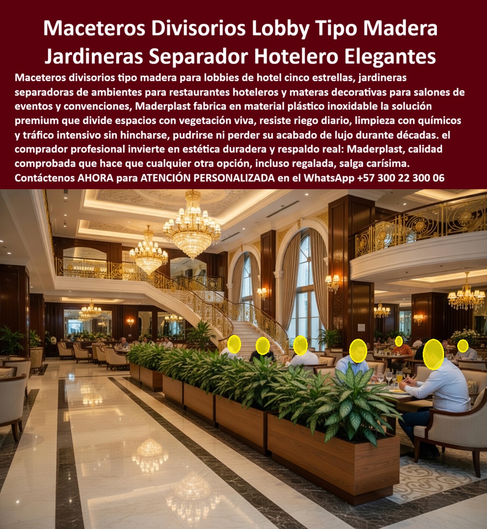 Macetas Decorativas Lobbies División Espacio Hotelero Separador Maderplast - Macetero Divisorio Maderplast – Jardinera Separadora Interior Tipo Madera para Lobbies y Restaurantes Hoteleros En la imagen se aprecia un macetero divisorio Maderplast tipo madera para lobby hotelero con acabado elegante de tablones longitudinales en tono nogal claro, formando jardineras rectangulares largas y bajas que separan áreas de restaurante y circulación en un salón de lujo con pisos de mármol pulido, arañas de cristal y escalera imperial. Estas jardineras separadoras presentan textura realista de madera natural pero construidas en polímeros de ingeniería que resisten riego diario, limpieza con químicos y tráfico intensivo sin hincharse ni perder su acabado premium. El diseño modular se integra perfectamente al ambiente interior de alto estándar, creando divisiones funcionales y estéticas con vegetación viva. Quien ha gestionado proyectos de hoteles cinco estrellas o restaurantes de lujo sabe perfectamente cuál es el verdadero dolor: las jardineras y maceteros de madera tradicional en lobbies y salones de eventos sufren hinchazón, pudrición y manchas constantes por el riego diario de las plantas y la limpieza química frecuente. Esto genera reposiciones prematuras, interrupciones en la operación y costos que se acumulan mientras deterioran la imagen de lujo del hotel. Lo que en un principio parece una opción económica termina convirtiéndose en una inversión muy cara por fallas críticas, gastos ocultos y la imposibilidad de justificar ante la gerencia o los inversionistas una decisión que, a la larga, resulta mucho más costosa y problemática. Una compra bien hecha recibe felicitaciones permanentes; una mal hecha no encuentra excusa que compense los gastos adicionales y los dolores de cabeza. Maderplast resuelve este problema de forma definitiva y segura. Fabricamos a medida el macetero divisorio lobby hotel madera, la jardinera separadora interior hotel y los maceteros decorativos resistentes riego con composites poliméricos de ingeniería interior que eliminan por completo la hinchazón, la pudrición, la decoloración y cualquier necesidad de mantenimiento. El resultado es un macetero con más de 20 años de vida útil, acabado madera integral permanente, peso optimizado y huella de carbono baja, ideal para divisiones funcionales en lobbies, restaurantes y salones de eventos mientras mantiene una estética de lujo impecable bajo riego constante y tráfico intensivo. Así lo confirman en testimonio de caso real el Gerente de Infraestructura de un hotel cinco estrellas en un proyecto del 2024: el problema que enfrentamos era el deterioro constante de las jardineras de madera en lobbies y restaurantes por riego diario y limpieza química, generando hinchazón, manchas y reposiciones frecuentes que afectan la imagen de lujo del hotel. Después de instalar los maceteros divisores Maderplast tipo madera con acabado nogal, fabricados a medida según el diseño interior del proyecto y adaptados a las dimensiones exactas de las zonas comunes, las jardineras se mantienen en perfecto estado sin ningún mantenimiento correctivo después de meses de uso intensivo, conservando apariencia impecable y funcionalidad plena mientras reducen drásticamente el costo total de propiedad. Cuando un profesional busca la mejor alternativa duradera a las macetas tradicionales lobby, el macetero divisorio tipo madera o la jardinera separadora interior con las especificaciones técnicas correctas, Maderplast entrega la tranquilidad absoluta. Contamos con ficha técnica completa en PDF con medidas, planos de anclaje y especificaciones de carga, certificados de pruebas de laboratorio y videos reales disponibles en el canal de YouTube @maderplasSA. Los productos Maderplast son tan buenos que cualquier otra opción, incluso regalada, terminaría siendo carísima por sus fallas y mantenimientos constantes. Si su proyecto requiere un macetero divisorio que realmente entregue durabilidad extrema, elegancia permanente y rentabilidad a largo plazo, contáctenos hoy. Nuestro equipo de ingenieros está listo para brindarle cotización personalizada, renders, prototipos y toda la asesoría técnica que necesite. WhatsApp directo: +57 300 22 300 06 Maceteros Decorativos para Hoteles Resistentes, Jardineras separadoras interiores controlan espacios diseño moderno, Macetas divisorias evitar sobrecostos ambientando PP Macetas Decorativas Lobbies División Espacio Hotelero Separador Maderplast Maceteros Decorativos para Hoteles Resistentes Jardineras separadoras interiores controlan espacios diseño moderno Macetas divisorias evitar sobrecostos ambientando PP Macetero Divisorio Maderplast – Jardinera Separadora Interior Tipo Madera para Lobbies y Restaurantes Hoteleros En la imagen se aprecia un macetero divisorio Maderplast tipo madera para lobby hotelero con acabado elegante de tablones longitudinales en tono nogal claro, formando jardineras rectangulares largas y bajas que separan áreas de restaurante y circulación en un salón de lujo con pisos de mármol pulido, arañas de cristal y escalera imperial. Estas jardineras separadoras presentan textura realista de madera natural pero construidas en polímeros de ingeniería que resisten riego diario, limpieza con químicos y tráfico intensivo sin hincharse ni perder su acabado premium. El diseño modular se integra perfectamente al ambiente interior de alto estándar, creando divisiones funcionales y estéticas con vegetación viva. Quien ha gestionado proyectos de hoteles cinco estrellas o restaurantes de lujo sabe perfectamente cuál es el verdadero dolor: las jardineras y maceteros de madera tradicional en lobbies y salones de eventos sufren hinchazón, pudrición y manchas constantes por el riego diario de las plantas y la limpieza química frecuente. Esto genera reposiciones prematuras, interrupciones en la operación y costos que se acumulan mientras deterioran la imagen de lujo del hotel. Lo que en un principio parece una opción económica termina convirtiéndose en una inversión muy cara por fallas críticas, gastos ocultos y la imposibilidad de justificar ante la gerencia o los inversionistas una decisión que, a la larga, resulta mucho más costosa y problemática. Una compra bien hecha recibe felicitaciones permanentes; una mal hecha no encuentra excusa que compense los gastos adicionales y los dolores de cabeza. Maderplast resuelve este problema de forma definitiva y segura. Fabricamos a medida el macetero divisorio lobby hotel madera, la jardinera separadora interior hotel y los maceteros decorativos resistentes riego con composites poliméricos de ingeniería interior que eliminan por completo la hinchazón, la pudrición, la decoloración y cualquier necesidad de mantenimiento. El resultado es un macetero con más de 20 años de vida útil, acabado madera integral permanente, peso optimizado y huella de carbono baja, ideal para divisiones funcionales en lobbies, restaurantes y salones de eventos mientras mantiene una estética de lujo impecable bajo riego constante y tráfico intensivo. Así lo confirman en testimonio de caso real el Gerente de Infraestructura de un hotel cinco estrellas en un proyecto del 2024: el problema que enfrentamos era el deterioro constante de las jardineras de madera en lobbies y restaurantes por riego diario y limpieza química, generando hinchazón, manchas y reposiciones frecuentes que afectan la imagen de lujo del hotel. Después de instalar los maceteros divisores Maderplast tipo madera con acabado nogal, fabricados a medida según el diseño interior del proyecto y adaptados a las dimensiones exactas de las zonas comunes, las jardineras se mantienen en perfecto estado sin ningún mantenimiento correctivo después de meses de uso intensivo, conservando apariencia impecable y funcionalidad plena mientras reducen drásticamente el costo total de propiedad. Cuando un profesional busca la mejor alternativa duradera a las macetas tradicionales lobby, el macetero divisorio tipo madera o la jardinera separadora interior con las especificaciones técnicas correctas, Maderplast entrega la tranquilidad absoluta. Contamos con ficha técnica completa en PDF con medidas, planos de anclaje y especificaciones de carga, certificados de pruebas de laboratorio y videos reales disponibles en el canal de YouTube @maderplasSA. Los productos Maderplast son tan buenos que cualquier otra opción, incluso regalada, terminaría siendo carísima por sus fallas y mantenimientos constantes. Si su proyecto requiere un macetero divisorio que realmente entregue durabilidad extrema, elegancia permanente y rentabilidad a largo plazo, contáctenos hoy. Nuestro equipo de ingenieros está listo para brindarle cotización personalizada, renders, prototipos y toda la asesoría técnica que necesite. WhatsApp directo: +57 300 22 300 06