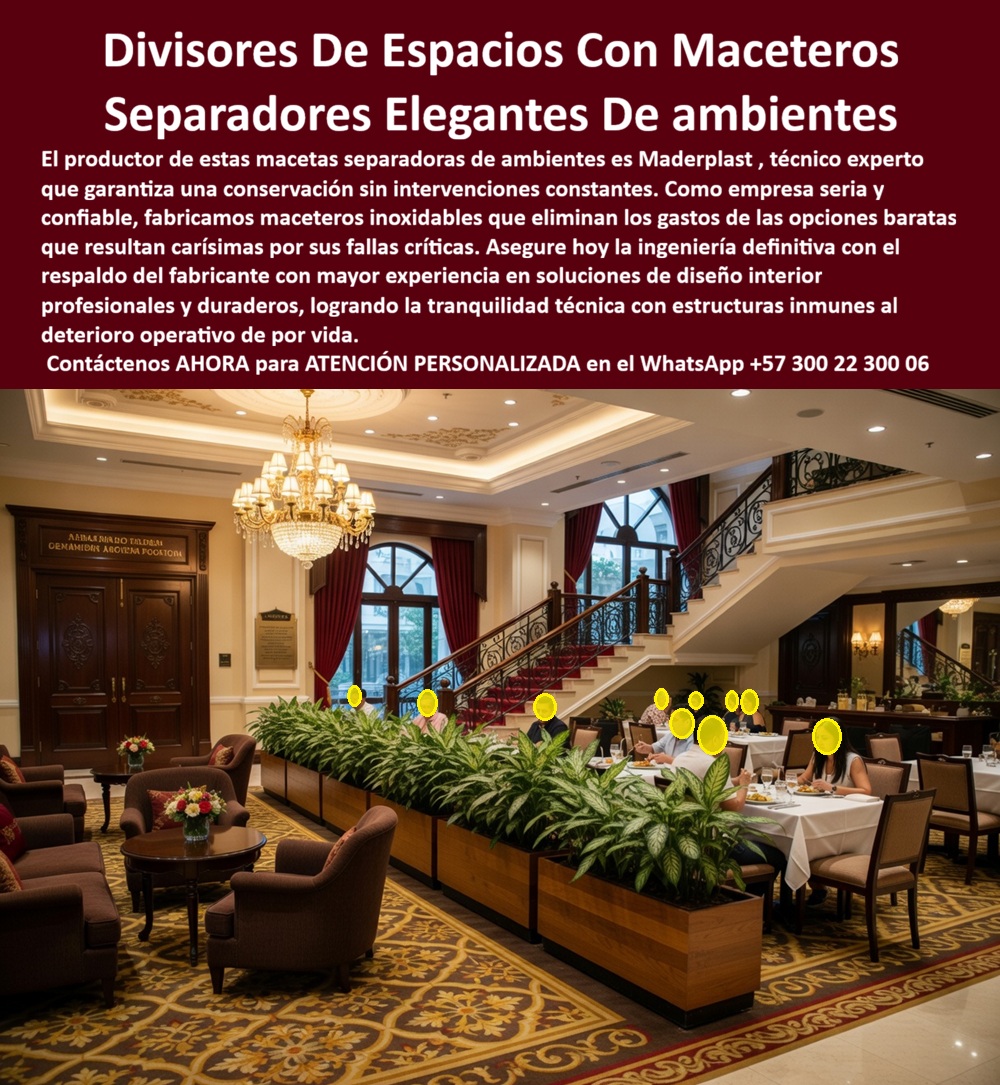 Macetas Decorativas Lobbies División Espacio Hotelero Separador Maderplast - Macetero Separador Maderplast – Jardinera Divisoria Interior para Lobbies y Restaurantes Hoteleros Elegantes En la imagen se aprecia un macetero separador de espacios Maderplast con acabado madera cálida en formato rectangular alargado y bajo, repleto de vegetación verde exuberante que crea una división orgánica y elegante entre la zona de lounge con sillones tapizados y la sala de restaurante formal con mesas vestidas, todo dentro de un lobby hotelero de lujo con alfombra estampada clásica y gran escalera monumental al fondo. Esta jardinera divisoria presenta textura fiel a la madera noble pero construida en polímeros de ingeniería que resisten riego constante, limpieza química intensiva y tráfico peatonal diario sin hincharse, decolorarse ni perder su acabado premium. El diseño modular genera transiciones suaves y funcionales que elevan la sofisticación del ambiente interior manteniendo armonía visual y durabilidad extrema. Quien ha gestionado proyectos de hoteles de lujo sabe perfectamente cuál es el verdadero dolor: las maceteros y jardineras divisorias de madera tradicional en lobbies y restaurantes sufren hinchazón, pudrición y manchas constantes por el riego diario de las plantas y la limpieza química frecuente. Esto genera reposiciones prematuras, interrupciones en la operación y costos que se acumulan mientras deterioran la imagen de lujo del hotel. Lo que en un principio parece una opción económica termina convirtiéndose en una inversión muy cara por fallas críticas, gastos ocultos y la imposibilidad de justificar ante la gerencia o los inversionistas una decisión que, a la larga, resulta mucho más costosa y problemática. Una compra bien hecha recibe felicitaciones permanentes; una mal hecha no encuentra excusa que compense los gastos adicionales y los dolores de cabeza. Maderplast resuelve este problema de forma definitiva y segura. Fabricamos a medida el macetero separador lobby hotel, la jardinera divisoria espacios interiores y los maceteros decorativos separadores hotel con composites poliméricos de ingeniería interior que eliminan por completo la hinchazón, la pudrición, la decoloración y cualquier necesidad de mantenimiento. El resultado es un macetero separador con más de 20 años de vida útil, acabado madera integral permanente, peso optimizado y huella de carbono baja, ideal para crear divisiones orgánicas entre lounge y comedor mientras mantiene una estética elegante y funcionalidad impecable bajo riego constante y alto tráfico. Así lo confirman en testimonio de caso real el Gerente de Infraestructura de un hotel de lujo en un proyecto del 2024: el problema que enfrentamos era la rigidez de las divisiones fijas y el deterioro constante de maceteros de madera en lobbies y restaurantes por riego y limpieza diaria, limitando la flexibilidad de espacios y generando costos recurrentes de reposición. Después de implementar los maceteros separadores Maderplast con acabado madera y diseño rectangular, fabricados a medida según el layout del proyecto y adaptados para separar lounge y comedor manteniendo flujo visual y funcional, la división de ambientes se mantiene en perfecto estado sin ningún mantenimiento correctivo después de meses de operación, conservando apariencia premium y permitiendo reconfiguraciones rápidas mientras reduce drásticamente el costo total de propiedad y eleva la experiencia de los huéspedes. Cuando un profesional busca la mejor alternativa duradera a las divisiones rígidas hotel, el macetero separador lobby o la jardinera divisoria interior con las especificaciones técnicas correctas, Maderplast entrega la tranquilidad absoluta. Contamos con ficha técnica completa en PDF con medidas, planos de anclaje y especificaciones de carga, certificados de pruebas de laboratorio y videos reales disponibles en el canal de YouTube @maderplasSA. Los productos Maderplast son tan buenos que cualquier otra opción, incluso regalada, terminaría siendo carísima por sus fallas y mantenimientos constantes. Si su proyecto requiere un macetero separador que realmente entregue durabilidad extrema, elegancia permanente y rentabilidad a largo plazo, contáctenos hoy. Nuestro equipo de ingenieros está listo para brindarle cotización personalizada, renders, prototipos y toda la asesoría técnica que necesite. WhatsApp directo: +57 300 22 300 06 Separadores de Espacios con Macetas Duraderos, Macetas para Divisiones de Ambientes Hoteleros Duraderas Elegantes, Macetas separadoras hotel eliminan divisiones rígidas Macetas Decorativas Lobbies División Espacio Hotelero Separador Maderplast Separadores de Espacios con Macetas Duraderos Macetas para Divisiones de Ambientes Hoteleros Duraderas Elegantes Macetas separadoras hotel eliminan divisiones rígidas Macetero Separador Maderplast – Jardinera Divisoria Interior para Lobbies y Restaurantes Hoteleros Elegantes En la imagen se aprecia un macetero separador de espacios Maderplast con acabado madera cálida en formato rectangular alargado y bajo, repleto de vegetación verde exuberante que crea una división orgánica y elegante entre la zona de lounge con sillones tapizados y la sala de restaurante formal con mesas vestidas, todo dentro de un lobby hotelero de lujo con alfombra estampada clásica y gran escalera monumental al fondo. Esta jardinera divisoria presenta textura fiel a la madera noble pero construida en polímeros de ingeniería que resisten riego constante, limpieza química intensiva y tráfico peatonal diario sin hincharse, decolorarse ni perder su acabado premium. El diseño modular genera transiciones suaves y funcionales que elevan la sofisticación del ambiente interior manteniendo armonía visual y durabilidad extrema. Quien ha gestionado proyectos de hoteles de lujo sabe perfectamente cuál es el verdadero dolor: las maceteros y jardineras divisorias de madera tradicional en lobbies y restaurantes sufren hinchazón, pudrición y manchas constantes por el riego diario de las plantas y la limpieza química frecuente. Esto genera reposiciones prematuras, interrupciones en la operación y costos que se acumulan mientras deterioran la imagen de lujo del hotel. Lo que en un principio parece una opción económica termina convirtiéndose en una inversión muy cara por fallas críticas, gastos ocultos y la imposibilidad de justificar ante la gerencia o los inversionistas una decisión que, a la larga, resulta mucho más costosa y problemática. Una compra bien hecha recibe felicitaciones permanentes; una mal hecha no encuentra excusa que compense los gastos adicionales y los dolores de cabeza. Maderplast resuelve este problema de forma definitiva y segura. Fabricamos a medida el macetero separador lobby hotel, la jardinera divisoria espacios interiores y los maceteros decorativos separadores hotel con composites poliméricos de ingeniería interior que eliminan por completo la hinchazón, la pudrición, la decoloración y cualquier necesidad de mantenimiento. El resultado es un macetero separador con más de 20 años de vida útil, acabado madera integral permanente, peso optimizado y huella de carbono baja, ideal para crear divisiones orgánicas entre lounge y comedor mientras mantiene una estética elegante y funcionalidad impecable bajo riego constante y alto tráfico. Así lo confirman en testimonio de caso real el Gerente de Infraestructura de un hotel de lujo en un proyecto del 2024: el problema que enfrentamos era la rigidez de las divisiones fijas y el deterioro constante de maceteros de madera en lobbies y restaurantes por riego y limpieza diaria, limitando la flexibilidad de espacios y generando costos recurrentes de reposición. Después de implementar los maceteros separadores Maderplast con acabado madera y diseño rectangular, fabricados a medida según el layout del proyecto y adaptados para separar lounge y comedor manteniendo flujo visual y funcional, la división de ambientes se mantiene en perfecto estado sin ningún mantenimiento correctivo después de meses de operación, conservando apariencia premium y permitiendo reconfiguraciones rápidas mientras reduce drásticamente el costo total de propiedad y eleva la experiencia de los huéspedes. Cuando un profesional busca la mejor alternativa duradera a las divisiones rígidas hotel, el macetero separador lobby o la jardinera divisoria interior con las especificaciones técnicas correctas, Maderplast entrega la tranquilidad absoluta. Contamos con ficha técnica completa en PDF con medidas, planos de anclaje y especificaciones de carga, certificados de pruebas de laboratorio y videos reales disponibles en el canal de YouTube @maderplasSA. Los productos Maderplast son tan buenos que cualquier otra opción, incluso regalada, terminaría siendo carísima por sus fallas y mantenimientos constantes. Si su proyecto requiere un macetero separador que realmente entregue durabilidad extrema, elegancia permanente y rentabilidad a largo plazo, contáctenos hoy. Nuestro equipo de ingenieros está listo para brindarle cotización personalizada, renders, prototipos y toda la asesoría técnica que necesite. WhatsApp directo: +57 300 22 300 06