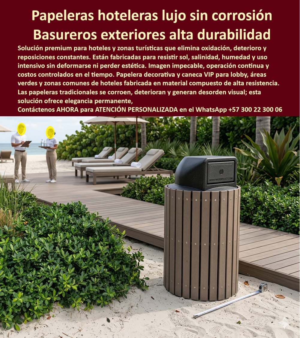 Papeleras Decorativas Lobby Hotel Canecas Vip Basureros Maderplast - Papelera Decorativa de Doble Compartimento en Polímero de Ingeniería para Lobby de Hotel de Lujo — Punto Ecológico Ornamental Antirrobo que No Corroe, No Mancha Pisos y No Deteriora la Imagen | Maderplast Fabricante Colombia La imagen muestra lo que debería ser —y casi nunca es— una papelera en el lobby de un hotel de lujo: un módulo de doble compartimento tono bronce champagne con paneles frontales lacados en motivo arabesco ojival cortado por CNC, instalado bajo arcos apuntados de arquitectura morisca con muros de estuco arena y piso de mármol pulido, donde la papelera no genera disonancia visual sino que se funde con el lenguaje decorativo del recinto como si hubiera sido diseñada por el mismo arquitecto. Cada arco y cada trama del calado mantienen definición milimétrica porque el material no es metal pintado ni plástico inyectado genérico: es polímero de ingeniería Maderplast con color integral en masa que resiste el lavado diario, los productos de limpieza industrial y el contacto con lixiviados orgánicos sin alterar color ni deformar la estructura del panel. El problema es triple. Las canecas de acero inoxidable atraen hurto por su valor como chatarra — hoteles con contenedores metálicos en zonas públicas reportan reposición cada ocho a catorce meses, partida que nunca aparece en la cotización original. Las que sobreviven desarrollan corrosión por picadura con cloruros de limpieza y generan escurrimientos de óxido que manchan permanentemente el mármol. Las papeleras de plástico genérico degradan la imagen premium, se agrietan con sol y amarillean. Al comprador no lo recordarán por el precio más bajo sino por los éxitos o fracasos de su decisión, y una caneca "barata" que se roban, que mancha el mármol o que degrada el lobby es lo que sale carísimo por reposición, pérdida de imagen y falta de garantía de empresas que no responden. Maderplast elimina los tres problemas en un solo producto. El polímero de ingeniería es químicamente inerte a todos los productos de limpieza comercial — clorados, desengrasantes y ácidos —, no absorbe olores, no mancha pisos y se lava con manguera sin precaución especial. El color integral no descansa en aristas ni genera escurrimientos porque no hay pintura que se deteriore sino pigmento fundido en la masa. Y el material carece de valor como chatarra metálica, anulando el incentivo de hurto que consume presupuesto año tras año. Los paneles calados se fabrican por CNC con cualquier motivo decorativo — arabesco, mudéjar, geométrico, botánico o diseño corporativo personalizado — en la cantidad de compartimentos, colores y dimensiones que el proyecto requiera, funcionando como punto ecológico ornamental para separación de residuos que eleva la imagen del espacio en lugar de degradarla. Garantía verificable superior a veinte años, fichas técnicas en PDF y videos de ensayos de resistencia química en https://www.youtube.com/@maderplasSA. Un hotel de lujo con arquitectura temática —nombre reservado, visita disponible— suponía papeleras de acero inoxidable cada año por hurto, las sobrevivientes escurría óxido sobre el mármol del lobby, y las canecas genéricas de emergencia degradan la imagen. Maderplast fabrica papeleras de doble compartimento con paneles calados en arabesco replicando el lenguaje del hotel, en polímero bronce champagne. Tras operación bajo limpieza diaria con clorados, los módulos conservan acabado y definición intactos sin un solo evento de hurto. Una compra bien hecha no necesita explicaciones, solo recibe felicitaciones, y los productos Maderplast son tan buenos que los demás, al contabilizar hurto y reposición, no se aceptarían ni regalados. Si necesita cotizar papelera decorativa para lobby de hotel, punto ecológico ornamental para zonas comunes, alternativa antirrobo a caneca de acero inoxidable, basurero ornamental sin corrosión para zonas húmedas, diseño de punto ecológico temático para hotel boutique, especificaciones para pliego técnico o fabricación personalizada, Maderplast es fabricante directo en Colombia con ingenieros desde el concepto. La decisión correcta no es la que cuesta menos hoy; es la que no cuesta nada mañana. Contacte un ingeniero Maderplast por WhatsApp: 57+ 300 22 300 06. Potes basureros equipando hoteles muy duraderos, Recipientes turísticos decorando exteriores siempre fuertes, Recipientes de Basura VIP Hoteleros Inoxidables Sin Mantenimiento, Papeleras Decorativas Lobby Hotel Canecas Vip Basureros Maderplast Potes basureros equipando hoteles muy duraderos Recipientes turísticos decorando exteriores siempre fuertes Recipientes de Basura VIP Hoteleros Inoxidables Sin Mantenimiento Papelera Decorativa de Doble Compartimento en Polímero de Ingeniería para Lobby de Hotel de Lujo — Punto Ecológico Ornamental Antirrobo que No Corroe, No Mancha Pisos y No Deteriora la Imagen | Maderplast Fabricante Colombia La imagen muestra lo que debería ser —y casi nunca es— una papelera en el lobby de un hotel de lujo: un módulo de doble compartimento tono bronce champagne con paneles frontales lacados en motivo arabesco ojival cortado por CNC, instalado bajo arcos apuntados de arquitectura morisca con muros de estuco arena y piso de mármol pulido, donde la papelera no genera disonancia visual sino que se funde con el lenguaje decorativo del recinto como si hubiera sido diseñada por el mismo arquitecto. Cada arco y cada trama del calado mantienen definición milimétrica porque el material no es metal pintado ni plástico inyectado genérico: es polímero de ingeniería Maderplast con color integral en masa que resiste el lavado diario, los productos de limpieza industrial y el contacto con lixiviados orgánicos sin alterar color ni deformar la estructura del panel. El problema es triple. Las canecas de acero inoxidable atraen hurto por su valor como chatarra — hoteles con contenedores metálicos en zonas públicas reportan reposición cada ocho a catorce meses, partida que nunca aparece en la cotización original. Las que sobreviven desarrollan corrosión por picadura con cloruros de limpieza y generan escurrimientos de óxido que manchan permanentemente el mármol. Las papeleras de plástico genérico degradan la imagen premium, se agrietan con sol y amarillean. Al comprador no lo recordarán por el precio más bajo sino por los éxitos o fracasos de su decisión, y una caneca "barata" que se roban, que mancha el mármol o que degrada el lobby es lo que sale carísimo por reposición, pérdida de imagen y falta de garantía de empresas que no responden. Maderplast elimina los tres problemas en un solo producto. El polímero de ingeniería es químicamente inerte a todos los productos de limpieza comercial — clorados, desengrasantes y ácidos —, no absorbe olores, no mancha pisos y se lava con manguera sin precaución especial. El color integral no descansa en aristas ni genera escurrimientos porque no hay pintura que se deteriore sino pigmento fundido en la masa. Y el material carece de valor como chatarra metálica, anulando el incentivo de hurto que consume presupuesto año tras año. Los paneles calados se fabrican por CNC con cualquier motivo decorativo — arabesco, mudéjar, geométrico, botánico o diseño corporativo personalizado — en la cantidad de compartimentos, colores y dimensiones que el proyecto requiera, funcionando como punto ecológico ornamental para separación de residuos que eleva la imagen del espacio en lugar de degradarla. Garantía verificable superior a veinte años, fichas técnicas en PDF y videos de ensayos de resistencia química en https://www.youtube.com/@maderplasSA. Un hotel de lujo con arquitectura temática —nombre reservado, visita disponible— suponía papeleras de acero inoxidable cada año por hurto, las sobrevivientes escurría óxido sobre el mármol del lobby, y las canecas genéricas de emergencia degradan la imagen. Maderplast fabrica papeleras de doble compartimento con paneles calados en arabesco replicando el lenguaje del hotel, en polímero bronce champagne. Tras operación bajo limpieza diaria con clorados, los módulos conservan acabado y definición intactos sin un solo evento de hurto. Una compra bien hecha no necesita explicaciones, solo recibe felicitaciones, y los productos Maderplast son tan buenos que los demás, al contabilizar hurto y reposición, no se aceptarían ni regalados. Si necesita cotizar papelera decorativa para lobby de hotel, punto ecológico ornamental para zonas comunes, alternativa antirrobo a caneca de acero inoxidable, basurero ornamental sin corrosión para zonas húmedas, diseño de punto ecológico temático para hotel boutique, especificaciones para pliego técnico o fabricación personalizada, Maderplast es fabricante directo en Colombia con ingenieros desde el concepto. La decisión correcta no es la que cuesta menos hoy; es la que no cuesta nada mañana. Contacte un ingeniero Maderplast por WhatsApp: 57+ 300 22 300 06.