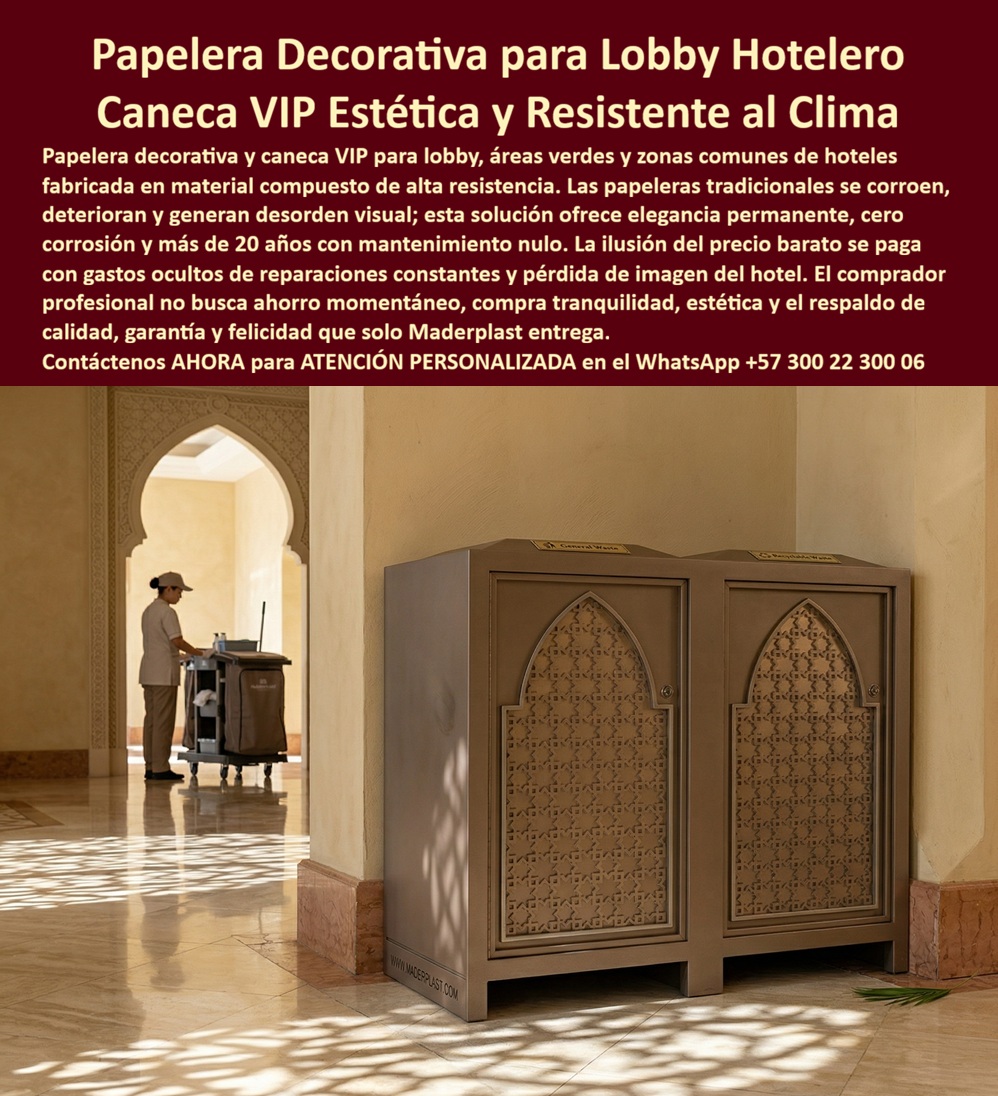 Papeleras Decorativas Lobby Hotel Canecas Vip Basureros Maderplast - Papelera Decorativa de Doble Compartimento en Polímero de Ingeniería para Lobby de Hotel de Lujo — Punto Ecológico Ornamental Antirrobo que No Corroe, No Mancha Pisos y No Deteriora la Imagen | Maderplast Fabricante Colombia La imagen muestra lo que debería ser —y casi nunca es— una papelera en el lobby de un hotel de lujo: un módulo de doble compartimento tono bronce champagne con paneles frontales lacados en motivo arabesco ojival cortado por CNC, instalado bajo arcos apuntados de arquitectura morisca con muros de estuco arena y piso de mármol pulido, donde la papelera no genera disonancia visual sino que se funde con el lenguaje decorativo del recinto como si hubiera sido diseñada por el mismo arquitecto. Cada arco y cada trama del calado mantienen definición milimétrica porque el material no es metal pintado ni plástico inyectado genérico: es polímero de ingeniería Maderplast con color integral en masa que resiste el lavado diario, los productos de limpieza industrial y el contacto con lixiviados orgánicos sin alterar color ni deformar la estructura del panel. El problema es triple. Las canecas de acero inoxidable atraen hurto por su valor como chatarra — hoteles con contenedores metálicos en zonas públicas reportan reposición cada ocho a catorce meses, partida que nunca aparece en la cotización original. Las que sobreviven desarrollan corrosión por picadura con cloruros de limpieza y generan escurrimientos de óxido que manchan permanentemente el mármol. Las papeleras de plástico genérico degradan la imagen premium, se agrietan con sol y amarillean. Al comprador no lo recordarán por el precio más bajo sino por los éxitos o fracasos de su decisión, y una caneca "barata" que se roban, que mancha el mármol o que degrada el lobby es lo que sale carísimo por reposición, pérdida de imagen y falta de garantía de empresas que no responden. Maderplast elimina los tres problemas en un solo producto. El polímero de ingeniería es químicamente inerte a todos los productos de limpieza comercial — clorados, desengrasantes y ácidos —, no absorbe olores, no mancha pisos y se lava con manguera sin precaución especial. El color integral no descansa en aristas ni genera escurrimientos porque no hay pintura que se deteriore sino pigmento fundido en la masa. Y el material carece de valor como chatarra metálica, anulando el incentivo de hurto que consume presupuesto año tras año. Los paneles calados se fabrican por CNC con cualquier motivo decorativo — arabesco, mudéjar, geométrico, botánico o diseño corporativo personalizado — en la cantidad de compartimentos, colores y dimensiones que el proyecto requiera, funcionando como punto ecológico ornamental para separación de residuos que eleva la imagen del espacio en lugar de degradarla. Garantía verificable superior a veinte años, fichas técnicas en PDF y videos de ensayos de resistencia química en https://www.youtube.com/@maderplasSA. Un hotel de lujo con arquitectura temática —nombre reservado, visita disponible— suponía papeleras de acero inoxidable cada año por hurto, las sobrevivientes escurría óxido sobre el mármol del lobby, y las canecas genéricas de emergencia degradan la imagen. Maderplast fabrica papeleras de doble compartimento con paneles calados en arabesco replicando el lenguaje del hotel, en polímero bronce champagne. Tras operación bajo limpieza diaria con clorados, los módulos conservan acabado y definición intactos sin un solo evento de hurto. Una compra bien hecha no necesita explicaciones, solo recibe felicitaciones, y los productos Maderplast son tan buenos que los demás, al contabilizar hurto y reposición, no se aceptarían ni regalados. Si necesita cotizar papelera decorativa para lobby de hotel, punto ecológico ornamental para zonas comunes, alternativa antirrobo a caneca de acero inoxidable, basurero ornamental sin corrosión para zonas húmedas, diseño de punto ecológico temático para hotel boutique, especificaciones para pliego técnico o fabricación personalizada, Maderplast es fabricante directo en Colombia con ingenieros desde el concepto. La decisión correcta no es la que cuesta menos hoy; es la que no cuesta nada mañana. Contacte un ingeniero Maderplast por WhatsApp: 57+ 300 22 300 06. Puntos ecológicos hotel evitan desorden ambiental solución estética resistente, Papeleras Áreas Verdes Hoteleras Resistentes, Canecas de Basura Hoteleras Inoxidables Duraderas 0 Papeleras Decorativas Lobby Hotel Canecas Vip Basureros Maderplast Puntos ecológicos hotel evitan desorden ambiental solución estética resistente Papeleras Áreas Verdes Hoteleras Resistentes Canecas de Basura Hoteleras Inoxidables Duraderas 0 Papelera Decorativa de Doble Compartimento en Polímero de Ingeniería para Lobby de Hotel de Lujo — Punto Ecológico Ornamental Antirrobo que No Corroe, No Mancha Pisos y No Deteriora la Imagen | Maderplast Fabricante Colombia La imagen muestra lo que debería ser —y casi nunca es— una papelera en el lobby de un hotel de lujo: un módulo de doble compartimento tono bronce champagne con paneles frontales lacados en motivo arabesco ojival cortado por CNC, instalado bajo arcos apuntados de arquitectura morisca con muros de estuco arena y piso de mármol pulido, donde la papelera no genera disonancia visual sino que se funde con el lenguaje decorativo del recinto como si hubiera sido diseñada por el mismo arquitecto. Cada arco y cada trama del calado mantienen definición milimétrica porque el material no es metal pintado ni plástico inyectado genérico: es polímero de ingeniería Maderplast con color integral en masa que resiste el lavado diario, los productos de limpieza industrial y el contacto con lixiviados orgánicos sin alterar color ni deformar la estructura del panel. El problema es triple. Las canecas de acero inoxidable atraen hurto por su valor como chatarra — hoteles con contenedores metálicos en zonas públicas reportan reposición cada ocho a catorce meses, partida que nunca aparece en la cotización original. Las que sobreviven desarrollan corrosión por picadura con cloruros de limpieza y generan escurrimientos de óxido que manchan permanentemente el mármol. Las papeleras de plástico genérico degradan la imagen premium, se agrietan con sol y amarillean. Al comprador no lo recordarán por el precio más bajo sino por los éxitos o fracasos de su decisión, y una caneca "barata" que se roban, que mancha el mármol o que degrada el lobby es lo que sale carísimo por reposición, pérdida de imagen y falta de garantía de empresas que no responden. Maderplast elimina los tres problemas en un solo producto. El polímero de ingeniería es químicamente inerte a todos los productos de limpieza comercial — clorados, desengrasantes y ácidos —, no absorbe olores, no mancha pisos y se lava con manguera sin precaución especial. El color integral no descansa en aristas ni genera escurrimientos porque no hay pintura que se deteriore sino pigmento fundido en la masa. Y el material carece de valor como chatarra metálica, anulando el incentivo de hurto que consume presupuesto año tras año. Los paneles calados se fabrican por CNC con cualquier motivo decorativo — arabesco, mudéjar, geométrico, botánico o diseño corporativo personalizado — en la cantidad de compartimentos, colores y dimensiones que el proyecto requiera, funcionando como punto ecológico ornamental para separación de residuos que eleva la imagen del espacio en lugar de degradarla. Garantía verificable superior a veinte años, fichas técnicas en PDF y videos de ensayos de resistencia química en https://www.youtube.com/@maderplasSA. Un hotel de lujo con arquitectura temática —nombre reservado, visita disponible— suponía papeleras de acero inoxidable cada año por hurto, las sobrevivientes escurría óxido sobre el mármol del lobby, y las canecas genéricas de emergencia degradan la imagen. Maderplast fabrica papeleras de doble compartimento con paneles calados en arabesco replicando el lenguaje del hotel, en polímero bronce champagne. Tras operación bajo limpieza diaria con clorados, los módulos conservan acabado y definición intactos sin un solo evento de hurto. Una compra bien hecha no necesita explicaciones, solo recibe felicitaciones, y los productos Maderplast son tan buenos que los demás, al contabilizar hurto y reposición, no se aceptarían ni regalados. Si necesita cotizar papelera decorativa para lobby de hotel, punto ecológico ornamental para zonas comunes, alternativa antirrobo a caneca de acero inoxidable, basurero ornamental sin corrosión para zonas húmedas, diseño de punto ecológico temático para hotel boutique, especificaciones para pliego técnico o fabricación personalizada, Maderplast es fabricante directo en Colombia con ingenieros desde el concepto. La decisión correcta no es la que cuesta menos hoy; es la que no cuesta nada mañana. Contacte un ingeniero Maderplast por WhatsApp: 57+ 300 22 300 06.