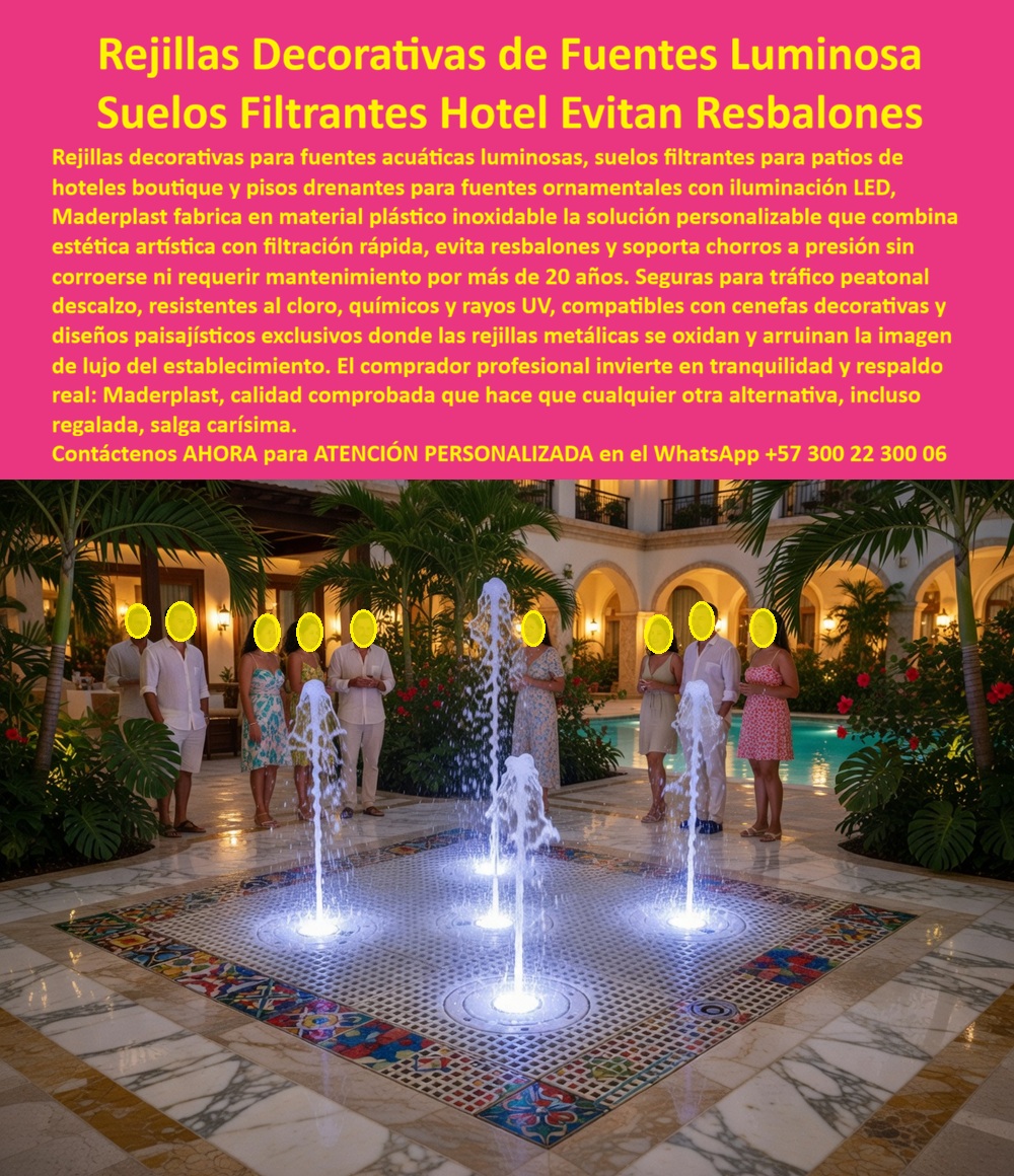 Pisos Drenantes Fuentes Agua Suelo Filtrante Parque Acuático Maderplast - Rejilla Decorativa Drenante Luminosa Maderplast – Suelo Filtrante Antideslizante para Fuentes de Agua en Hoteles y Resorts En la imagen se aprecia una rejilla decorativa drenante luminosa Maderplast para fuentes acuáticas y suelos filtrantes en patios de hoteles boutique, panel cuadrado de gran formato con patrón de rejilla perforada clara y borde ornamental en mosaico multicolor que permite chorros de agua iluminados desde abajo con LED creando efecto nocturno espectacular. Esta estructura polimérica exhibe superficie antideslizante texturizada y bordes precisos que garantizan paso seguro descalzo en áreas húmedas, resistiendo inmersión permanente en cloro y exposición UV sin corrosión ni decoloración gracias a su color integral. La rejilla Maderplast se integra con sofisticación al diseño paisajístico del resort, ofreciendo filtración rápida y durabilidad superior a 20 años sin mantenimiento en entornos de lujo. Quien ha diseñado y gestionado fuentes ornamentales, patios acuáticos o elementos decorativos en hoteles de lujo sabe perfectamente cuál es el verdadero dolor: las rejillas metálicas tradicionales se oxidan, se obstruyen, generan resbalones peligrosos y requieren limpiezas constantes y reposiciones costosas que interrumpen la operación y deterioran la imagen premium del establecimiento. Lo que parecía una opción económica termina convirtiéndose en una inversión muy cara por fallas críticas, riesgos de seguridad, gastos ocultos y la imposibilidad de justificar ante la gerencia o los inversionistas una decisión que, a la larga, resulta mucho más costosa y problemática. Una compra bien hecha recibe felicitaciones permanentes; una mal hecha no encuentra excusa que compense los gastos adicionales y los dolores de cabeza. Maderplast resuelve este problema de forma definitiva y segura. Fabricamos a medida la rejilla decorativa drenante fuente luminosa, el suelo filtrante antideslizante fuentes hotel y la rejilla para fuente sin óxido con composites poliméricos de ingeniería acuática que eliminan por completo la corrosión, los resbalones, la obstrucción y cualquier necesidad de mantenimiento. El resultado es una rejilla con más de 20 años de vida útil, drenaje radial de alta capacidad, superficie antideslizante, iluminación LED integrada y color integral permanente, ideal para fuentes decorativas, fuentes interactivas y pisos filtrantes en terrazas y patios hoteleros mientras cumple los más altos estándares de seguridad y estética. Así lo confirman en testimonio de caso real la Gerencia de Infraestructura de un hotel boutique tropical en un proyecto del 2024: el problema que enfrentamos era el rápido deterioro y oxidación de rejillas metálicas en la fuente ornamental del patio central, generando resbalones, obstrucciones y costos constantes de limpieza y reparación que afectan la imagen de lujo y la experiencia nocturna de los huéspedes. Después de instalar la rejilla decorativa drenante luminosa Maderplast con patrón perforado y borde mosaico, fabricada a medida e integrada con iluminación LED según el diseño paisajístico del proyecto, la fuente ha operado de forma continua sin ningún mantenimiento correctivo ni pérdida de efecto luminoso ni seguridad después de meses de uso intensivo, manteniendo drenaje perfecto y atrayendo más visitantes al patio. Cuando un profesional busca la mejor alternativa duradera a las rejillas metálicas de fuentes, el piso drenante para fuentes de agua o la rejilla circular antideslizante con las especificaciones técnicas correctas, Maderplast entrega la tranquilidad absoluta. Contamos con ficha técnica completa en PDF con medidas, planos de anclaje y especificaciones de carga, certificados de pruebas de laboratorio y videos reales disponibles en el canal de YouTube @maderplasSA. Los productos Maderplast son tan buenos que cualquier otra opción, incluso regalada, terminaría siendo carísima por sus fallas y mantenimientos constantes. Si su proyecto requiere una rejilla decorativa drenante que realmente entregue durabilidad extrema, seguridad y rentabilidad a largo plazo, contáctenos hoy. Nuestro equipo de ingenieros está listo para brindarle cotización personalizada, renders, prototipos y toda la asesoría técnica que necesite. WhatsApp directo: +57 300 22 300 06 Suelos Fuentes Evitan Resbalones Filtración Rápida Alta Resistencia, Rejillas Plásticas Fuentes Acuáticas Decorativas Seguras Bajo Mantenimiento, Rejillas drenaje piscinas Pisos Drenantes Fuentes Agua Suelo Filtrante Parque Acuático Maderplast Suelos Fuentes Evitan Resbalones Filtración Rápida Alta Resistencia Rejillas Plásticas Fuentes Acuáticas Decorativas Seguras Bajo Mantenimiento Rejillas drenaje piscinas Rejilla Decorativa Drenante Luminosa Maderplast – Suelo Filtrante Antideslizante para Fuentes de Agua en Hoteles y Resorts En la imagen se aprecia una rejilla decorativa drenante luminosa Maderplast para fuentes acuáticas y suelos filtrantes en patios de hoteles boutique, panel cuadrado de gran formato con patrón de rejilla perforada clara y borde ornamental en mosaico multicolor que permite chorros de agua iluminados desde abajo con LED creando efecto nocturno espectacular. Esta estructura polimérica exhibe superficie antideslizante texturizada y bordes precisos que garantizan paso seguro descalzo en áreas húmedas, resistiendo inmersión permanente en cloro y exposición UV sin corrosión ni decoloración gracias a su color integral. La rejilla Maderplast se integra con sofisticación al diseño paisajístico del resort, ofreciendo filtración rápida y durabilidad superior a 20 años sin mantenimiento en entornos de lujo. Quien ha diseñado y gestionado fuentes ornamentales, patios acuáticos o elementos decorativos en hoteles de lujo sabe perfectamente cuál es el verdadero dolor: las rejillas metálicas tradicionales se oxidan, se obstruyen, generan resbalones peligrosos y requieren limpiezas constantes y reposiciones costosas que interrumpen la operación y deterioran la imagen premium del establecimiento. Lo que parecía una opción económica termina convirtiéndose en una inversión muy cara por fallas críticas, riesgos de seguridad, gastos ocultos y la imposibilidad de justificar ante la gerencia o los inversionistas una decisión que, a la larga, resulta mucho más costosa y problemática. Una compra bien hecha recibe felicitaciones permanentes; una mal hecha no encuentra excusa que compense los gastos adicionales y los dolores de cabeza. Maderplast resuelve este problema de forma definitiva y segura. Fabricamos a medida la rejilla decorativa drenante fuente luminosa, el suelo filtrante antideslizante fuentes hotel y la rejilla para fuente sin óxido con composites poliméricos de ingeniería acuática que eliminan por completo la corrosión, los resbalones, la obstrucción y cualquier necesidad de mantenimiento. El resultado es una rejilla con más de 20 años de vida útil, drenaje radial de alta capacidad, superficie antideslizante, iluminación LED integrada y color integral permanente, ideal para fuentes decorativas, fuentes interactivas y pisos filtrantes en terrazas y patios hoteleros mientras cumple los más altos estándares de seguridad y estética. Así lo confirman en testimonio de caso real la Gerencia de Infraestructura de un hotel boutique tropical en un proyecto del 2024: el problema que enfrentamos era el rápido deterioro y oxidación de rejillas metálicas en la fuente ornamental del patio central, generando resbalones, obstrucciones y costos constantes de limpieza y reparación que afectan la imagen de lujo y la experiencia nocturna de los huéspedes. Después de instalar la rejilla decorativa drenante luminosa Maderplast con patrón perforado y borde mosaico, fabricada a medida e integrada con iluminación LED según el diseño paisajístico del proyecto, la fuente ha operado de forma continua sin ningún mantenimiento correctivo ni pérdida de efecto luminoso ni seguridad después de meses de uso intensivo, manteniendo drenaje perfecto y atrayendo más visitantes al patio. Cuando un profesional busca la mejor alternativa duradera a las rejillas metálicas de fuentes, el piso drenante para fuentes de agua o la rejilla circular antideslizante con las especificaciones técnicas correctas, Maderplast entrega la tranquilidad absoluta. Contamos con ficha técnica completa en PDF con medidas, planos de anclaje y especificaciones de carga, certificados de pruebas de laboratorio y videos reales disponibles en el canal de YouTube @maderplasSA. Los productos Maderplast son tan buenos que cualquier otra opción, incluso regalada, terminaría siendo carísima por sus fallas y mantenimientos constantes. Si su proyecto requiere una rejilla decorativa drenante que realmente entregue durabilidad extrema, seguridad y rentabilidad a largo plazo, contáctenos hoy. Nuestro equipo de ingenieros está listo para brindarle cotización personalizada, renders, prototipos y toda la asesoría técnica que necesite. WhatsApp directo: +57 300 22 300 06