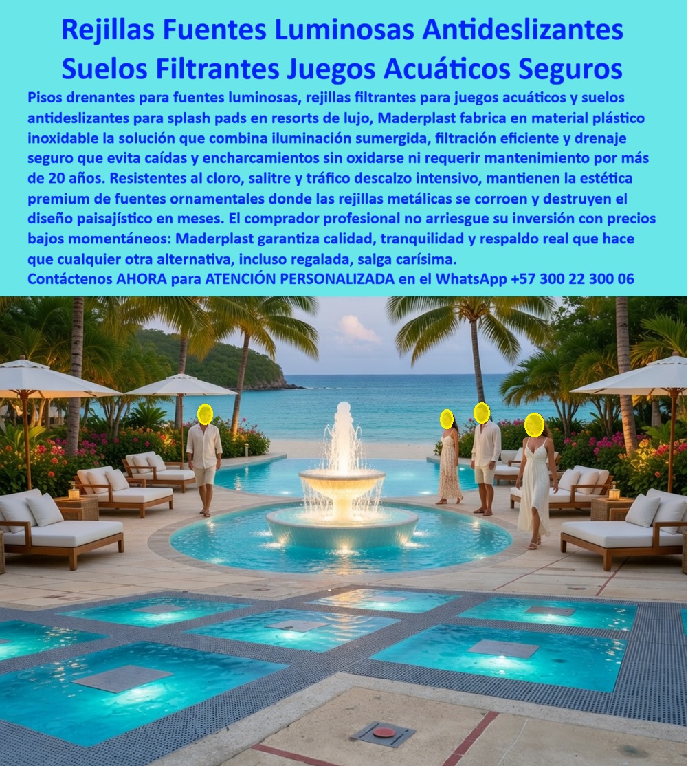 Pisos Drenantes Fuentes Agua Suelos Filtrantes Juegos Acuáticos Maderplast - Rejilla Decorativa Drenante Luminosa Maderplast – Suelo Filtrante Antideslizante para Fuentes y Splash Pads en Hoteles y Resorts En la imagen se aprecia una rejilla decorativa drenante luminosa Maderplast para fuentes acuáticas y suelos filtrantes en patios de hoteles boutique, panel cuadrado de gran formato con patrón de rejilla perforada clara y borde ornamental en mosaico multicolor que permite chorros de agua iluminados desde abajo con LED creando efecto nocturno espectacular. Esta estructura polimérica exhibe superficie antideslizante texturizada y bordes precisos que garantizan paso seguro descalzo en áreas húmedas, resistiendo inmersión permanente en cloro y exposición UV sin corrosión ni decoloración gracias a su color integral. La rejilla Maderplast se integra con sofisticación al diseño paisajístico del resort, ofreciendo filtración rápida y durabilidad superior a 20 años sin mantenimiento en entornos de lujo. Quien ha diseñado y gestionado fuentes ornamentales, splash pads o patios acuáticos en hoteles de lujo sabe perfectamente cuál es el verdadero dolor: las rejillas metálicas tradicionales se oxidan rápidamente por el agua y los químicos, se obstruyen, generan resbalones peligrosos y requieren limpiezas constantes y reposiciones costosas que interrumpen la operación y deterioran la imagen premium del establecimiento. Lo que parecía una opción económica termina convirtiéndose en una inversión muy cara por fallas críticas, riesgos de seguridad, gastos ocultos y la imposibilidad de justificar ante la gerencia o los inversionistas una decisión que, a la larga, resulta mucho más costosa y problemática. Una compra bien hecha recibe felicitaciones permanentes; una mal hecha no encuentra excusa que compense los gastos adicionales y los dolores de cabeza. Maderplast resuelve este problema de forma definitiva y segura. Fabricamos a medida la rejilla decorativa drenante fuente luminosa, el suelo filtrante antideslizante fuentes hotel y la rejilla para fuente sin óxido con composites poliméricos de ingeniería acuática que eliminan por completo la corrosión, los resbalones, la obstrucción y cualquier necesidad de mantenimiento. El resultado es una rejilla con más de 20 años de vida útil, drenaje radial de alta capacidad, superficie antideslizante, iluminación LED integrada y color integral permanente, ideal para fuentes decorativas, fuentes interactivas y pisos filtrantes en terrazas y patios hoteleros mientras cumple los más altos estándares de seguridad y estética. Así lo confirman en testimonio de caso real la Gerencia de Infraestructura de un hotel boutique tropical en un proyecto del 2024: el problema que enfrentamos era el rápido deterioro y oxidación de rejillas metálicas en la fuente ornamental del patio central, generando resbalones, obstrucciones y costos constantes de limpieza y reparación que afectan la imagen de lujo y la experiencia nocturna de los huéspedes. Después de instalar la rejilla decorativa drenante luminosa Maderplast con patrón perforado y borde mosaico, fabricada a medida e integrada con iluminación LED según el diseño paisajístico del proyecto, la fuente ha operado de forma continua sin ningún mantenimiento correctivo ni pérdida de efecto luminoso ni seguridad después de meses de uso intensivo, manteniendo drenaje perfecto y atrayendo más visitantes al patio. Cuando un profesional busca la mejor alternativa duradera a las rejillas metálicas de fuentes, el piso drenante para fuentes de agua o la rejilla circular antideslizante con las especificaciones técnicas correctas, Maderplast entrega la tranquilidad absoluta. Contamos con ficha técnica completa en PDF con medidas, planos de anclaje y especificaciones de carga, certificados de pruebas de laboratorio y videos reales disponibles en el canal de YouTube @maderplasSA. Los productos Maderplast son tan buenos que cualquier otra opción, incluso regalada, terminaría siendo carísima por sus fallas y mantenimientos constantes. Si su proyecto requiere una rejilla decorativa drenante que realmente entregue durabilidad extrema, seguridad y rentabilidad a largo plazo, contáctenos hoy. Nuestro equipo de ingenieros está listo para brindarle cotización personalizada, renders, prototipos y toda la asesoría técnica que necesite. WhatsApp directo: +57 300 22 300 06 Rejillas Juegos Acuáticos Sin Óxido Filtración Alta Resistencia, Pisos antideslizantes agua evitan caidas drenaje eficiente, Pisos Rejillas Para Fuentes Luminosas Pisos Pisos Drenantes Fuentes Agua Suelos Filtrantes Juegos Acuáticos Maderplast Rejillas Juegos Acuáticos Sin Óxido Filtración Alta Resistencia Pisos antideslizantes agua evitan caidas drenaje eficiente Pisos Rejillas Para Fuentes Luminosas Pisos Rejilla Decorativa Drenante Luminosa Maderplast – Suelo Filtrante Antideslizante para Fuentes y Splash Pads en Hoteles y Resorts En la imagen se aprecia una rejilla decorativa drenante luminosa Maderplast para fuentes acuáticas y suelos filtrantes en patios de hoteles boutique, panel cuadrado de gran formato con patrón de rejilla perforada clara y borde ornamental en mosaico multicolor que permite chorros de agua iluminados desde abajo con LED creando efecto nocturno espectacular. Esta estructura polimérica exhibe superficie antideslizante texturizada y bordes precisos que garantizan paso seguro descalzo en áreas húmedas, resistiendo inmersión permanente en cloro y exposición UV sin corrosión ni decoloración gracias a su color integral. La rejilla Maderplast se integra con sofisticación al diseño paisajístico del resort, ofreciendo filtración rápida y durabilidad superior a 20 años sin mantenimiento en entornos de lujo. Quien ha diseñado y gestionado fuentes ornamentales, splash pads o patios acuáticos en hoteles de lujo sabe perfectamente cuál es el verdadero dolor: las rejillas metálicas tradicionales se oxidan rápidamente por el agua y los químicos, se obstruyen, generan resbalones peligrosos y requieren limpiezas constantes y reposiciones costosas que interrumpen la operación y deterioran la imagen premium del establecimiento. Lo que parecía una opción económica termina convirtiéndose en una inversión muy cara por fallas críticas, riesgos de seguridad, gastos ocultos y la imposibilidad de justificar ante la gerencia o los inversionistas una decisión que, a la larga, resulta mucho más costosa y problemática. Una compra bien hecha recibe felicitaciones permanentes; una mal hecha no encuentra excusa que compense los gastos adicionales y los dolores de cabeza. Maderplast resuelve este problema de forma definitiva y segura. Fabricamos a medida la rejilla decorativa drenante fuente luminosa, el suelo filtrante antideslizante fuentes hotel y la rejilla para fuente sin óxido con composites poliméricos de ingeniería acuática que eliminan por completo la corrosión, los resbalones, la obstrucción y cualquier necesidad de mantenimiento. El resultado es una rejilla con más de 20 años de vida útil, drenaje radial de alta capacidad, superficie antideslizante, iluminación LED integrada y color integral permanente, ideal para fuentes decorativas, fuentes interactivas y pisos filtrantes en terrazas y patios hoteleros mientras cumple los más altos estándares de seguridad y estética. Así lo confirman en testimonio de caso real la Gerencia de Infraestructura de un hotel boutique tropical en un proyecto del 2024: el problema que enfrentamos era el rápido deterioro y oxidación de rejillas metálicas en la fuente ornamental del patio central, generando resbalones, obstrucciones y costos constantes de limpieza y reparación que afectan la imagen de lujo y la experiencia nocturna de los huéspedes. Después de instalar la rejilla decorativa drenante luminosa Maderplast con patrón perforado y borde mosaico, fabricada a medida e integrada con iluminación LED según el diseño paisajístico del proyecto, la fuente ha operado de forma continua sin ningún mantenimiento correctivo ni pérdida de efecto luminoso ni seguridad después de meses de uso intensivo, manteniendo drenaje perfecto y atrayendo más visitantes al patio. Cuando un profesional busca la mejor alternativa duradera a las rejillas metálicas de fuentes, el piso drenante para fuentes de agua o la rejilla circular antideslizante con las especificaciones técnicas correctas, Maderplast entrega la tranquilidad absoluta. Contamos con ficha técnica completa en PDF con medidas, planos de anclaje y especificaciones de carga, certificados de pruebas de laboratorio y videos reales disponibles en el canal de YouTube @maderplasSA. Los productos Maderplast son tan buenos que cualquier otra opción, incluso regalada, terminaría siendo carísima por sus fallas y mantenimientos constantes. Si su proyecto requiere una rejilla decorativa drenante que realmente entregue durabilidad extrema, seguridad y rentabilidad a largo plazo, contáctenos hoy. Nuestro equipo de ingenieros está listo para brindarle cotización personalizada, renders, prototipos y toda la asesoría técnica que necesite. WhatsApp directo: +57 300 22 300 06