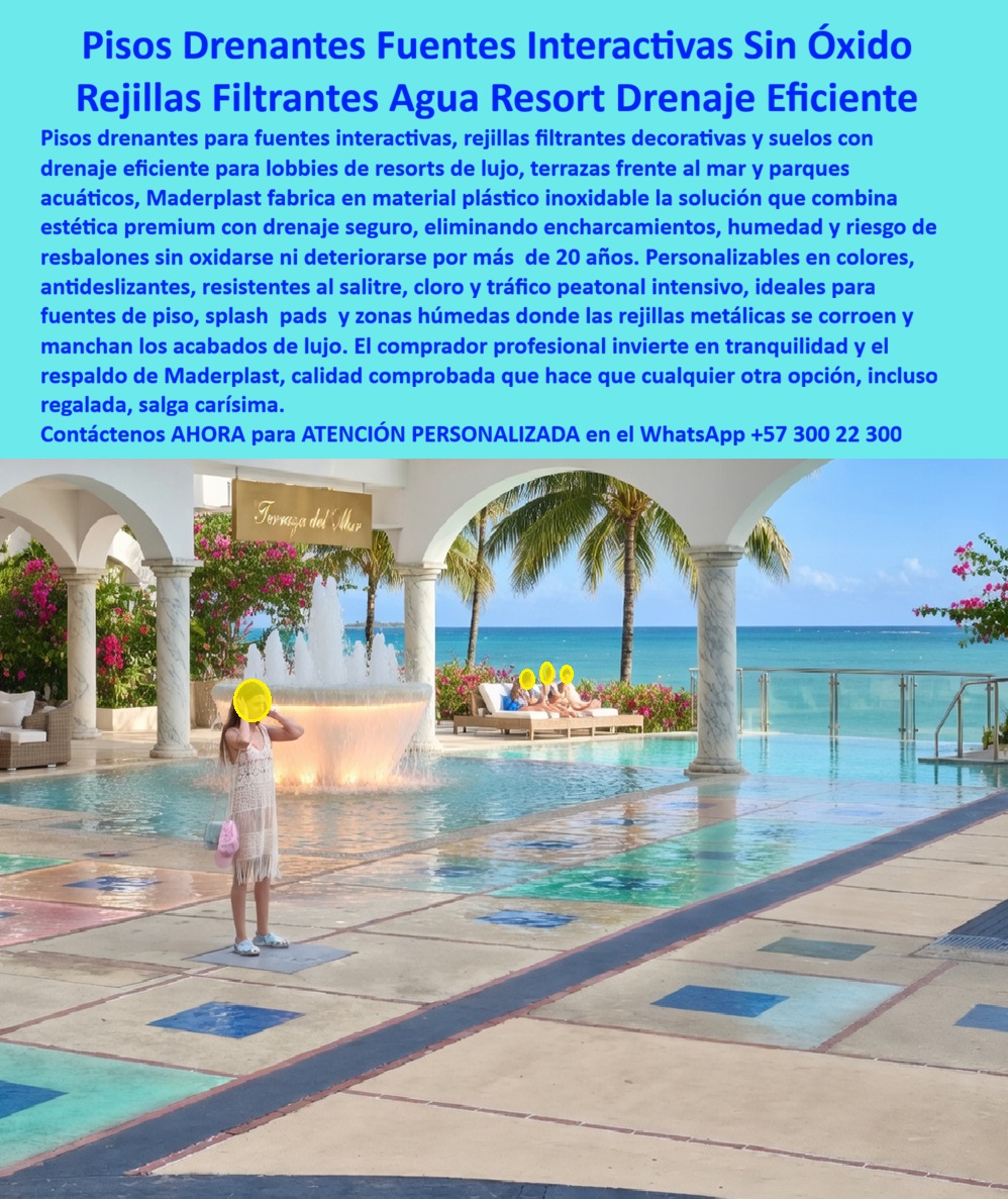 Pisos Drenantes Fuentes Agua Suelos Rejillas Filtrantes Rejas Maderplast - Piso Drenante Geométrico Maderplast – Rejilla Filtrante Antideslizante para Fuentes Interactivas en Hoteles y Resorts En la imagen se aprecia un piso drenante geométrico Maderplast para fuentes interactivas en resorts de lujo, extensa superficie pavimentada con patrón decorativo en líneas azules y cuadros claros que integra rejillas filtrantes antideslizantes alrededor de fuente central iluminada en azul, instalada en patio de piedra con vista al océano al atardecer. Esta estructura polimérica exhibe textura uniforme y bordes precisos que garantizan paso seguro descalzo bajo tráfico intenso, resistiendo inmersión permanente en cloro y radiación UV sin oxidación ni encharcamientos gracias a su drenaje de alta capacidad y color integral. El piso Maderplast se funde con elegancia al diseño paisajístico del hotel, ofreciendo filtración rápida y durabilidad superior a 20 años sin mantenimiento. Quien ha gestionado fuentes ornamentales, splash pads o patios acuáticos en hoteles de lujo conoce muy bien el verdadero dolor: las rejillas metálicas tradicionales se oxidan, se obstruyen y generan resbalones peligrosos por el agua y los químicos, obligando a limpiezas constantes y reposiciones costosas que interrumpen la operación y deterioran la imagen premium del establecimiento. Lo que parecía una opción económica termina convirtiéndose en una inversión muy cara por fallas críticas, riesgos de seguridad, gastos ocultos y la imposibilidad de justificar ante la gerencia o los inversionistas una decisión que, a la larga, resulta mucho más costosa y problemática. Una compra bien hecha recibe felicitaciones permanentes; una mal hecha no encuentra excusa que compense los gastos adicionales y los dolores de cabeza. Maderplast resuelve este problema de forma definitiva y segura. Fabricamos a medida el piso drenante geométrico fuente interactiva, la rejilla filtrante antideslizante fuentes hotel y los suelos filtrantes para fuentes luminosas con composites poliméricos de ingeniería acuática que eliminan por completo la corrosión, los resbalones, los encharcamientos y cualquier necesidad de mantenimiento. El resultado es un piso con más de 20 años de vida útil, patrón decorativo integrado, drenaje de alta capacidad, superficie antideslizante y compatibilidad con iluminación LED, ideal para fuentes decorativas, fuentes interactivas y splash pads en patios y terrazas hoteleras mientras cumple los más altos estándares de seguridad y estética. Así lo confirman en testimonio de caso real la Gerencia de Infraestructura de un resort de lujo frente al mar en un proyecto del 2024: el problema que enfrentamos era el rápido deterioro y oxidación de rejillas metálicas en la fuente ornamental del patio central, generando resbalones, obstrucciones y costos constantes de limpieza y reparación que afectan la imagen de lujo y la experiencia nocturna de los huéspedes. Después de instalar el piso drenante geométrico Maderplast con patrón decorativo y rejillas filtrantes antideslizantes, fabricado a medida e integrado alrededor de la fuente según el diseño paisajístico del proyecto, el sistema de suelos ha operado de forma continua sin ningún mantenimiento correctivo ni incidente de seguridad después de meses de uso intensivo, manteniendo drenaje perfecto, efecto iluminado impecable y estética intacta. Cuando un profesional busca la mejor alternativa duradera a las rejillas metálicas de fuentes, el piso drenante para fuentes de agua o la rejilla filtrante antideslizante con las especificaciones técnicas correctas, Maderplast entrega la tranquilidad absoluta. Contamos con ficha técnica completa en PDF con medidas, planos de anclaje y especificaciones de carga, certificados de pruebas de laboratorio y videos reales disponibles en el canal de YouTube @maderplasSA. Los productos Maderplast son tan buenos que cualquier otra opción, incluso regalada, terminaría siendo carísima por sus fallas y mantenimientos constantes. Si su proyecto requiere un piso drenante que realmente entregue durabilidad extrema, seguridad y rentabilidad a largo plazo, contáctenos hoy. Nuestro equipo de ingenieros está listo para brindarle cotización personalizada, renders, prototipos y toda la asesoría técnica que necesite. WhatsApp directo: +57 300 22 300 06 Rejillas Fuentes Sin Óxido Drenaje Seguro Definitivo, Pisos filtrantes parques acuaticos eliminan humedad drenaje eficiente resistente, Rejillas Fuentes Agua Interactivas Pisos Drenantes Fuentes Agua Suelos Rejillas Filtrantes Rejas Maderplast Rejillas Fuentes Sin Óxido Drenaje Seguro Definitivo Pisos filtrantes parques acuaticos eliminan humedad drenaje eficiente resistente Rejillas Fuentes Agua Interactivas Piso Drenante Geométrico Maderplast – Rejilla Filtrante Antideslizante para Fuentes Interactivas en Hoteles y Resorts En la imagen se aprecia un piso drenante geométrico Maderplast para fuentes interactivas en resorts de lujo, extensa superficie pavimentada con patrón decorativo en líneas azules y cuadros claros que integra rejillas filtrantes antideslizantes alrededor de fuente central iluminada en azul, instalada en patio de piedra con vista al océano al atardecer. Esta estructura polimérica exhibe textura uniforme y bordes precisos que garantizan paso seguro descalzo bajo tráfico intenso, resistiendo inmersión permanente en cloro y radiación UV sin oxidación ni encharcamientos gracias a su drenaje de alta capacidad y color integral. El piso Maderplast se funde con elegancia al diseño paisajístico del hotel, ofreciendo filtración rápida y durabilidad superior a 20 años sin mantenimiento. Quien ha gestionado fuentes ornamentales, splash pads o patios acuáticos en hoteles de lujo conoce muy bien el verdadero dolor: las rejillas metálicas tradicionales se oxidan, se obstruyen y generan resbalones peligrosos por el agua y los químicos, obligando a limpiezas constantes y reposiciones costosas que interrumpen la operación y deterioran la imagen premium del establecimiento. Lo que parecía una opción económica termina convirtiéndose en una inversión muy cara por fallas críticas, riesgos de seguridad, gastos ocultos y la imposibilidad de justificar ante la gerencia o los inversionistas una decisión que, a la larga, resulta mucho más costosa y problemática. Una compra bien hecha recibe felicitaciones permanentes; una mal hecha no encuentra excusa que compense los gastos adicionales y los dolores de cabeza. Maderplast resuelve este problema de forma definitiva y segura. Fabricamos a medida el piso drenante geométrico fuente interactiva, la rejilla filtrante antideslizante fuentes hotel y los suelos filtrantes para fuentes luminosas con composites poliméricos de ingeniería acuática que eliminan por completo la corrosión, los resbalones, los encharcamientos y cualquier necesidad de mantenimiento. El resultado es un piso con más de 20 años de vida útil, patrón decorativo integrado, drenaje de alta capacidad, superficie antideslizante y compatibilidad con iluminación LED, ideal para fuentes decorativas, fuentes interactivas y splash pads en patios y terrazas hoteleras mientras cumple los más altos estándares de seguridad y estética. Así lo confirman en testimonio de caso real la Gerencia de Infraestructura de un resort de lujo frente al mar en un proyecto del 2024: el problema que enfrentamos era el rápido deterioro y oxidación de rejillas metálicas en la fuente ornamental del patio central, generando resbalones, obstrucciones y costos constantes de limpieza y reparación que afectan la imagen de lujo y la experiencia nocturna de los huéspedes. Después de instalar el piso drenante geométrico Maderplast con patrón decorativo y rejillas filtrantes antideslizantes, fabricado a medida e integrado alrededor de la fuente según el diseño paisajístico del proyecto, el sistema de suelos ha operado de forma continua sin ningún mantenimiento correctivo ni incidente de seguridad después de meses de uso intensivo, manteniendo drenaje perfecto, efecto iluminado impecable y estética intacta. Cuando un profesional busca la mejor alternativa duradera a las rejillas metálicas de fuentes, el piso drenante para fuentes de agua o la rejilla filtrante antideslizante con las especificaciones técnicas correctas, Maderplast entrega la tranquilidad absoluta. Contamos con ficha técnica completa en PDF con medidas, planos de anclaje y especificaciones de carga, certificados de pruebas de laboratorio y videos reales disponibles en el canal de YouTube @maderplasSA. Los productos Maderplast son tan buenos que cualquier otra opción, incluso regalada, terminaría siendo carísima por sus fallas y mantenimientos constantes. Si su proyecto requiere un piso drenante que realmente entregue durabilidad extrema, seguridad y rentabilidad a largo plazo, contáctenos hoy. Nuestro equipo de ingenieros está listo para brindarle cotización personalizada, renders, prototipos y toda la asesoría técnica que necesite. WhatsApp directo: +57 300 22 300 06