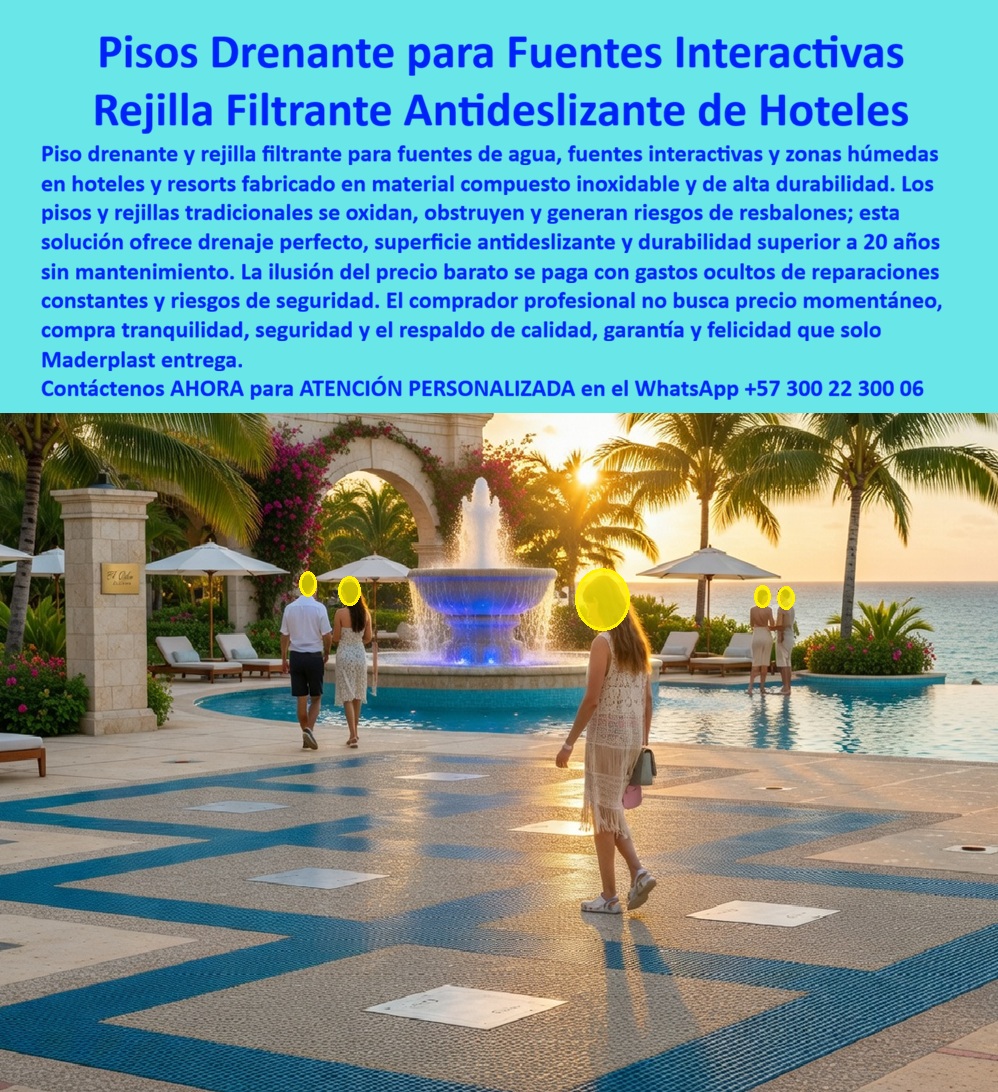 Pisos Drenantes Fuentes Agua Suelos Rejillas Filtrantes Rejas Maderplast - Piso Drenante Geométrico Maderplast – Rejilla Filtrante Antideslizante para Fuentes Interactivas en Hoteles y Resorts En la imagen se aprecia un piso drenante geométrico Maderplast para fuentes interactivas en resorts de lujo, extensa superficie pavimentada con patrón decorativo en líneas azules y cuadros claros que integra rejillas filtrantes antideslizantes alrededor de fuente central iluminada en azul, instalada en patio de piedra con vista al océano al atardecer. Esta estructura polimérica exhibe textura uniforme y bordes precisos que garantizan paso seguro descalzo bajo tráfico intenso, resistiendo inmersión permanente en cloro y radiación UV sin oxidación ni encharcamientos gracias a su drenaje de alta capacidad y color integral. El piso Maderplast se funde con elegancia al diseño paisajístico del hotel, ofreciendo filtración rápida y durabilidad superior a 20 años sin mantenimiento. Quien ha gestionado fuentes ornamentales, splash pads o patios acuáticos en hoteles de lujo sabe perfectamente cuál es el verdadero dolor: las rejillas metálicas tradicionales se oxidan, se obstruyen y generan resbalones peligrosos por el agua y los químicos, obligando a limpiezas constantes y reposiciones costosas que interrumpen la operación y deterioran la imagen premium del establecimiento. Lo que parecía una opción económica termina convirtiéndose en una inversión muy cara por fallas críticas, riesgos de seguridad, gastos ocultos y la imposibilidad de justificar ante la gerencia o los inversionistas una decisión que, a la larga, resulta mucho más costosa y problemática. Una compra bien hecha recibe felicitaciones permanentes; una mal hecha no encuentra excusa que compense los gastos adicionales y los dolores de cabeza. Maderplast resuelve este problema de forma definitiva y segura. Fabricamos a medida el piso drenante geométrico fuente interactiva, la rejilla filtrante antideslizante fuentes hotel y los suelos filtrantes para fuentes luminosas con composites poliméricos de ingeniería acuática que eliminan por completo la corrosión, los resbalones, los encharcamientos y cualquier necesidad de mantenimiento. El resultado es un piso con más de 20 años de vida útil, patrón decorativo integrado, drenaje de alta capacidad, superficie antideslizante y compatibilidad con iluminación LED, ideal para fuentes ornamentales, fuentes interactivas y splash pads en patios y terrazas hoteleras mientras cumple los más altos estándares de seguridad y estética. Así lo confirman en testimonio de caso real la Gerencia de Infraestructura de un resort de lujo frente al mar en un proyecto del 2024: el problema que enfrentamos era el rápido deterioro y oxidación de rejillas metálicas en la fuente ornamental del patio central, generando resbalones, obstrucciones y costos constantes de limpieza y reparación que afectan la imagen de lujo y la experiencia nocturna de los huéspedes. Después de instalar el piso drenante geométrico Maderplast con patrón decorativo y rejillas filtrantes antideslizantes, fabricado a medida e integrado alrededor de la fuente según el diseño paisajístico del proyecto, el sistema de suelos ha operado de forma continua sin ningún mantenimiento correctivo ni incidente de seguridad después de meses de uso intensivo, manteniendo drenaje perfecto, efecto iluminado impecable y estética intacta. Cuando un profesional busca la mejor alternativa duradera a las rejillas metálicas de fuentes, el piso drenante para fuentes de agua o la rejilla filtrante antideslizante con las especificaciones técnicas correctas, Maderplast entrega la tranquilidad absoluta. Contamos con ficha técnica completa en PDF con medidas, planos de anclaje y especificaciones de carga, certificados de pruebas de laboratorio y videos reales disponibles en el canal de YouTube @maderplasSA. Los productos Maderplast son tan buenos que cualquier otra opción, incluso regalada, terminaría siendo carísima por sus fallas y mantenimientos constantes. Si su proyecto requiere un piso drenante que realmente entregue durabilidad extrema, seguridad y rentabilidad a largo plazo, contáctenos hoy. Nuestro equipo de ingenieros está listo para brindarle cotización personalizada, renders, prototipos y toda la asesoría técnica que necesite. WhatsApp directo: +57 300 22 300 06 Rejillas Para Fuentes Antideslizantes Inoxidables De Larga Duración, Pisos Filtrantes Fuentes Interactivas Hoteles Sin Oxidación Duraderos, Suelos Rejilla Parques Acuático Pisos Drenantes Fuentes Agua Suelos Rejillas Filtrantes Rejas Maderplast Rejillas Para Fuentes Antideslizantes Inoxidables De Larga Duración Pisos Filtrantes Fuentes Interactivas Hoteles Sin Oxidación Duraderos Suelos Rejilla Parques Acuático Piso Drenante Geométrico Maderplast – Rejilla Filtrante Antideslizante para Fuentes Interactivas en Hoteles y Resorts En la imagen se aprecia un piso drenante geométrico Maderplast para fuentes interactivas en resorts de lujo, extensa superficie pavimentada con patrón decorativo en líneas azules y cuadros claros que integra rejillas filtrantes antideslizantes alrededor de fuente central iluminada en azul, instalada en patio de piedra con vista al océano al atardecer. Esta estructura polimérica exhibe textura uniforme y bordes precisos que garantizan paso seguro descalzo bajo tráfico intenso, resistiendo inmersión permanente en cloro y radiación UV sin oxidación ni encharcamientos gracias a su drenaje de alta capacidad y color integral. El piso Maderplast se funde con elegancia al diseño paisajístico del hotel, ofreciendo filtración rápida y durabilidad superior a 20 años sin mantenimiento. Quien ha gestionado fuentes ornamentales, splash pads o patios acuáticos en hoteles de lujo sabe perfectamente cuál es el verdadero dolor: las rejillas metálicas tradicionales se oxidan, se obstruyen y generan resbalones peligrosos por el agua y los químicos, obligando a limpiezas constantes y reposiciones costosas que interrumpen la operación y deterioran la imagen premium del establecimiento. Lo que parecía una opción económica termina convirtiéndose en una inversión muy cara por fallas críticas, riesgos de seguridad, gastos ocultos y la imposibilidad de justificar ante la gerencia o los inversionistas una decisión que, a la larga, resulta mucho más costosa y problemática. Una compra bien hecha recibe felicitaciones permanentes; una mal hecha no encuentra excusa que compense los gastos adicionales y los dolores de cabeza. Maderplast resuelve este problema de forma definitiva y segura. Fabricamos a medida el piso drenante geométrico fuente interactiva, la rejilla filtrante antideslizante fuentes hotel y los suelos filtrantes para fuentes luminosas con composites poliméricos de ingeniería acuática que eliminan por completo la corrosión, los resbalones, los encharcamientos y cualquier necesidad de mantenimiento. El resultado es un piso con más de 20 años de vida útil, patrón decorativo integrado, drenaje de alta capacidad, superficie antideslizante y compatibilidad con iluminación LED, ideal para fuentes ornamentales, fuentes interactivas y splash pads en patios y terrazas hoteleras mientras cumple los más altos estándares de seguridad y estética. Así lo confirman en testimonio de caso real la Gerencia de Infraestructura de un resort de lujo frente al mar en un proyecto del 2024: el problema que enfrentamos era el rápido deterioro y oxidación de rejillas metálicas en la fuente ornamental del patio central, generando resbalones, obstrucciones y costos constantes de limpieza y reparación que afectan la imagen de lujo y la experiencia nocturna de los huéspedes. Después de instalar el piso drenante geométrico Maderplast con patrón decorativo y rejillas filtrantes antideslizantes, fabricado a medida e integrado alrededor de la fuente según el diseño paisajístico del proyecto, el sistema de suelos ha operado de forma continua sin ningún mantenimiento correctivo ni incidente de seguridad después de meses de uso intensivo, manteniendo drenaje perfecto, efecto iluminado impecable y estética intacta. Cuando un profesional busca la mejor alternativa duradera a las rejillas metálicas de fuentes, el piso drenante para fuentes de agua o la rejilla filtrante antideslizante con las especificaciones técnicas correctas, Maderplast entrega la tranquilidad absoluta. Contamos con ficha técnica completa en PDF con medidas, planos de anclaje y especificaciones de carga, certificados de pruebas de laboratorio y videos reales disponibles en el canal de YouTube @maderplasSA. Los productos Maderplast son tan buenos que cualquier otra opción, incluso regalada, terminaría siendo carísima por sus fallas y mantenimientos constantes. Si su proyecto requiere un piso drenante que realmente entregue durabilidad extrema, seguridad y rentabilidad a largo plazo, contáctenos hoy. Nuestro equipo de ingenieros está listo para brindarle cotización personalizada, renders, prototipos y toda la asesoría técnica que necesite. WhatsApp directo: +57 300 22 300 06