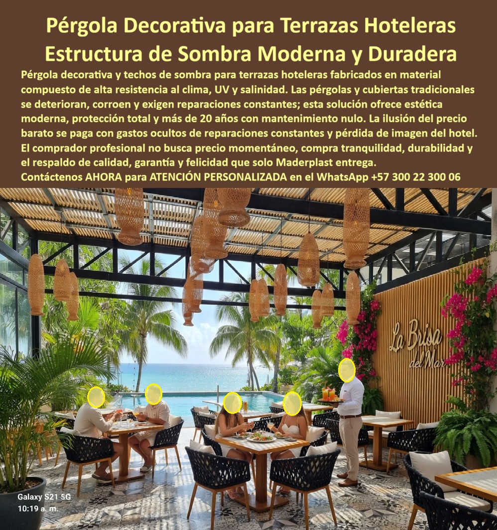 Pérgolas Decorativas Terrazas Hoteleras Techos Sombra Cubierta Maderplast - Pérgola Decorativa en Polímero Estructural para Terraza-Restaurante de Hotel Boutique Frente al Mar — Cubierta de Sombra Moderna Anti Corrosión Sin Mantenimiento Color Integral Permanente | Maderplast Fabricante Colombia Esta no es una foto de catálogo ni un render: es la terraza-restaurante real de "La Brisa del Mar" en operación activa en zona costera caribeña, con comensales bajo una pérgola de perfilería tono negro grafito que combina columnas rectangulares, vigas longitudinales, correas transversales y un entramado de listones que genera sombra filtrada sobre un comedor al aire libre para cuarenta personas. Luminarias artesanales de fibra tejida cuelgan del entramado sin fijaciones metálicas expuestas, junto a la piscina, buganvillas y vista directa al mar Caribe. Cada perfil es polímero de ingeniería Maderplast con color integral en acabado oscuro mate, y lleva temporadas completas bajo brisa salina, lluvia tropical y UV ecuatorial sin una sola ampolla, escama ni cambio de tono. El problema que esta pérgola resolvió es el que enfrenta cualquier hotel boutique costero con estructura metálica: cada seis meses el acero muestra ampollas, manchas de óxido y láminas de corrosión que caen sobre el área de comensales, contradiciendo la imagen premium del negocio. Cada repintado exige cerrar el restaurante varios días, montar andamios y aplicar anticorrosivo con disolventes cuyo olor afecta la experiencia del huésped. En veinte años el acero acumula entre ocho y doce ciclos de repintado más reemplazo de perfiles; el aluminio anodizado reduce la corrosión pero no la elimina en uniones y tiene valor como chatarra que invita al robo. Al comprador no lo recordarán por el precio más bajo sino por los éxitos o fracasos de su decisión, y una pérgola "barata" que genera óxido sobre los platos y cierres de restaurante es lo que sale carísimo por fallas, mantenimiento, pérdida de imagen y falta de garantía de empresas que no responden. Maderplast eliminó ese ciclo con ingeniería de materiales, no con promesas. El polímero estructural es inmune a corrosión salina, mantiene estabilidad dimensional bajo humedad tropical permanente, no genera descascaramiento ni láminas de óxido que contaminen el espacio gastronómico y conserva color integral sin intervención durante toda su vida operativa documentada. La perfilería viene prefabricada a medida y el ensamblaje modular permite instalaciones en plazos ajustados sin soldaduras ni trabajos en caliente que interrumpan la operación —la pérgola liviana de montaje rápido sin soldadura es una ventaja operativa concreta cuando el hotel no puede cerrar más de una semana—. Los perfiles huecos canalizan cableado eléctrico e integran puntos de anclaje ocultos para luminarias decorativas sin exponer ninguna fijación metálica al ambiente salino. Garantía verificable superior a veinte años, fichas técnicas en PDF con medidas, planos y anclaje, certificados de laboratorio con fecha y entidad, y videos de ensayos presenciales en https://www.youtube.com/@maderplasSA. Huella de carbono certificable de 0,77, inferior al acero galvanizado y al aluminio anodizado, con reciclabilidad total para proyectos alineados a certificaciones LEED y turismo sostenible. El caso es verificable porque la imagen es real: la terraza de "La Brisa del Mar" opera sin interrupciones desde la instalación de la pérgola Maderplast. La estructura no muestra alteración de color, textura ni estabilidad a pesar de la exposición directa a brisa marina permanente. El presupuesto semestral de repintado anticorrosivo fue eliminado de la operación y el restaurante no ha vuelto a cerrar por reparaciones estructurales. Una compra bien hecha no necesita explicaciones, solo recibe felicitaciones, y los productos Maderplast son tan buenos que los demás, al contabilizar costos ocultos y riesgo operativo, no se aceptarían ni regalados. Si necesita cotizar pérgola decorativa restaurante hotel frente al mar, alternativa a pérgola metálica oxidada para restaurante de playa, cubierta terraza sin descascaramiento en ambiente marino, estructura sombra moderna para terraza de resort costero, especificaciones para pliego técnico de infraestructura turística, diseño personalizado, planos, renders o fabricación a medida, Maderplast es fabricante directo en Colombia con ingenieros desde el anteproyecto. La decisión correcta no es la que cuesta menos hoy; es la que no cuesta nada mañana. Contacte un ingeniero Maderplast por WhatsApp: 57+ 300 22 300 06. Pérgolas terraza hotel evitan deterioro clima estética moderna duradera, Techos Sombra Terraza Hotel Anticorrosión, Estructuras de Sombra Hoteleras Duraderas Sin Mantener Pérgolas Decorativas Terrazas Hoteleras Techos Sombra Cubierta Maderplast Pérgolas terraza hotel evitan deterioro clima estética moderna duradera Techos Sombra Terraza Hotel Anticorrosión Estructuras de Sombra Hoteleras Duraderas Sin Mantener Pérgola Decorativa en Polímero Estructural para Terraza-Restaurante de Hotel Boutique Frente al Mar — Cubierta de Sombra Moderna Anti Corrosión Sin Mantenimiento Color Integral Permanente | Maderplast Fabricante Colombia Esta no es una foto de catálogo ni un render: es la terraza-restaurante real de "La Brisa del Mar" en operación activa en zona costera caribeña, con comensales bajo una pérgola de perfilería tono negro grafito que combina columnas rectangulares, vigas longitudinales, correas transversales y un entramado de listones que genera sombra filtrada sobre un comedor al aire libre para cuarenta personas. Luminarias artesanales de fibra tejida cuelgan del entramado sin fijaciones metálicas expuestas, junto a la piscina, buganvillas y vista directa al mar Caribe. Cada perfil es polímero de ingeniería Maderplast con color integral en acabado oscuro mate, y lleva temporadas completas bajo brisa salina, lluvia tropical y UV ecuatorial sin una sola ampolla, escama ni cambio de tono. El problema que esta pérgola resolvió es el que enfrenta cualquier hotel boutique costero con estructura metálica: cada seis meses el acero muestra ampollas, manchas de óxido y láminas de corrosión que caen sobre el área de comensales, contradiciendo la imagen premium del negocio. Cada repintado exige cerrar el restaurante varios días, montar andamios y aplicar anticorrosivo con disolventes cuyo olor afecta la experiencia del huésped. En veinte años el acero acumula entre ocho y doce ciclos de repintado más reemplazo de perfiles; el aluminio anodizado reduce la corrosión pero no la elimina en uniones y tiene valor como chatarra que invita al robo. Al comprador no lo recordarán por el precio más bajo sino por los éxitos o fracasos de su decisión, y una pérgola "barata" que genera óxido sobre los platos y cierres de restaurante es lo que sale carísimo por fallas, mantenimiento, pérdida de imagen y falta de garantía de empresas que no responden. Maderplast eliminó ese ciclo con ingeniería de materiales, no con promesas. El polímero estructural es inmune a corrosión salina, mantiene estabilidad dimensional bajo humedad tropical permanente, no genera descascaramiento ni láminas de óxido que contaminen el espacio gastronómico y conserva color integral sin intervención durante toda su vida operativa documentada. La perfilería viene prefabricada a medida y el ensamblaje modular permite instalaciones en plazos ajustados sin soldaduras ni trabajos en caliente que interrumpan la operación —la pérgola liviana de montaje rápido sin soldadura es una ventaja operativa concreta cuando el hotel no puede cerrar más de una semana—. Los perfiles huecos canalizan cableado eléctrico e integran puntos de anclaje ocultos para luminarias decorativas sin exponer ninguna fijación metálica al ambiente salino. Garantía verificable superior a veinte años, fichas técnicas en PDF con medidas, planos y anclaje, certificados de laboratorio con fecha y entidad, y videos de ensayos presenciales en https://www.youtube.com/@maderplasSA. Huella de carbono certificable de 0,77, inferior al acero galvanizado y al aluminio anodizado, con reciclabilidad total para proyectos alineados a certificaciones LEED y turismo sostenible. El caso es verificable porque la imagen es real: la terraza de "La Brisa del Mar" opera sin interrupciones desde la instalación de la pérgola Maderplast. La estructura no muestra alteración de color, textura ni estabilidad a pesar de la exposición directa a brisa marina permanente. El presupuesto semestral de repintado anticorrosivo fue eliminado de la operación y el restaurante no ha vuelto a cerrar por reparaciones estructurales. Una compra bien hecha no necesita explicaciones, solo recibe felicitaciones, y los productos Maderplast son tan buenos que los demás, al contabilizar costos ocultos y riesgo operativo, no se aceptarían ni regalados. Si necesita cotizar pérgola decorativa restaurante hotel frente al mar, alternativa a pérgola metálica oxidada para restaurante de playa, cubierta terraza sin descascaramiento en ambiente marino, estructura sombra moderna para terraza de resort costero, especificaciones para pliego técnico de infraestructura turística, diseño personalizado, planos, renders o fabricación a medida, Maderplast es fabricante directo en Colombia con ingenieros desde el anteproyecto. La decisión correcta no es la que cuesta menos hoy; es la que no cuesta nada mañana. Contacte un ingeniero Maderplast por WhatsApp: 57+ 300 22 300 06.