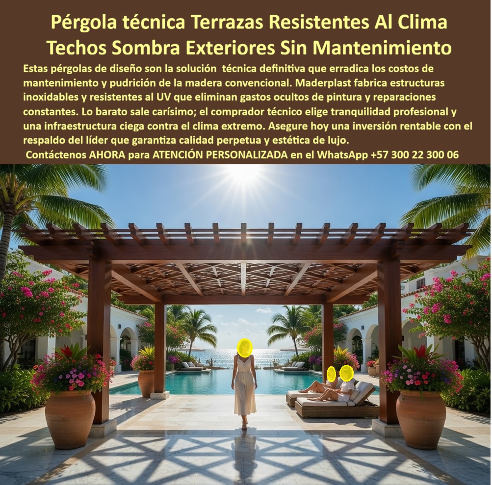 Pérgolas Decorativas Terrazas Hoteleras Techos Sombra Cubierta Maderplast - Pérgola Técnica en Polímero de Ingeniería Resistente al Clima para Terrazas, Piscinas y Exteriores — Techos de Sombra Sin Mantenimiento que Reemplazan la Madera y el Metal Definitivamente La imagen habla antes que el texto: una pérgola de vigas transversales en tono nogal oscuro sobre columnas cilíndricas con capiteles moldurados, cubriendo una terraza de piscina frente al mar con palmeras, piso de piedra y camastros de descanso bajo un sol que no perdona. Lo que la imagen no dice es que esa estructura no es madera ni metal pintado: es polímero de ingeniería Maderplast con color integral fundido en la masa del material, y lleva más de cuatro años a la intemperie en ambiente costero de alta salinidad y radiación UV extrema sin que nadie le haya pasado una lija, una brocha de sellador ni un peso en mantenimiento. Quien haya especificado madera convencional para terraza de piscina costera conoce el ciclo: la humedad hincha las fibras, la brisa salina destruye cualquier sellador, la radiación UV decolora y agrieta la superficie, y los hongos e insectos xilófagos terminan el trabajo. El resultado es lijado, sellado, repintado y reemplazo de piezas cada dos o tres años, con cierre de zonas de servicio, mano de obra especializada y reclamos internos. El metal no mejora la ecuación: corrosión en soldaduras, tratamiento anticorrosivo periódico y valor residual de reciclaje que atrae vandalismo. En ambos casos el presupuesto acumulado de mantenimiento termina superando el costo original de la estructura, y al comprador no lo recordarán por haber conseguido un descuento sino por los éxitos o fracasos de su decisión, porque una compra "barata" termina siendo carísima por fallas, reposición, pérdida de imagen y falta de garantía de empresas que no responden. Maderplast resuelve ese problema de raíz. El polímero técnico de ingeniería incorpora estabilizadores UV de alta permanencia, pigmentos inorgánicos en masa y una matriz que no absorbe humedad ni ofrece sustrato a ningún organismo biológico: no se pudre, no se oxida, no astilla, no decolora y no requiere ningún tratamiento posterior a la instalación. El acabado reproduce la calidez de la madera tropical sin sus costos ocultos, y las secciones estructurales se fabrican a medida sobre plano según las especificaciones del proyecto, adaptables a cualquier configuración arquitectónica. La garantía verificable supera veinte años sin mantenimiento, respaldada con pruebas de laboratorio con fecha y entidad, fichas técnicas descargables en PDF con medidas, planos y anclaje, y videos de pruebas presenciales en el canal de respaldo técnico https://www.youtube.com/@maderplasSA donde el comprador técnico puede verificar el desempeño real antes de firmar. Para proyectos con criterios LEED, Maderplast certifica índice de 0,77 en huella de carbono, reciclabilidad total del polímero y eliminación de químicos de mantenimiento. Un complejo turístico costero —nombre reservado por confidencialidad, visita al sitio disponible bajo solicitud— enfrentaba reposición de pérgolas de madera cada tres años con costos acumulados que ya superan la inversión original. Se instalaron pérgolas Maderplast fabricadas a medida con color integral tono nogal, sin tratamiento posterior, en menor tiempo que la madera gracias al peso liviano del material. Tras más de cuatro años en costa, salinidad y UV extremo, conservan el mismo color, textura y estabilidad del primer día sin una sola intervención. Una compra bien hecha no necesita explicaciones, solo recibe felicitaciones, y los productos Maderplast son tan buenos que los demás, al contabilizar costos ocultos y riesgo operativo, no se aceptarían ni regalados. Si necesita cotizar pérgola resistente intemperie sin mantenimiento para terraza de piscina costera, alternativa a pérgola de madera que no se pudre, estructura de sombra liviana resistente a corrosión, especificaciones técnicas para pliego de licitación, personalización de diseño, planos, renders, prototipos, producción en serie o fabricación a medida, Maderplast es fabricante directo en Colombia con atención personalizada de ingeniería. La decisión correcta no es la que cuesta menos hoy; es la que no cuesta nada mañana. Contacte un ingeniero Maderplast por WhatsApp: 57+ 300 22 300 06. Pérgolas turísticas exteriores eliminan mantenimiento solución segura larga vida, Techos pérgola hotel protege lluvia sol estructura estable, Sombríos hoteleros Pérgolas Pérgolas Decorativas Terrazas Hoteleras Techos Sombra Cubierta Maderplast Pérgolas turísticas exteriores eliminan mantenimiento solución segura larga vida Techos pérgola hotel protege lluvia sol estructura estable Sombríos hoteleros Pérgolas Pérgola Técnica en Polímero de Ingeniería Resistente al Clima para Terrazas, Piscinas y Exteriores — Techos de Sombra Sin Mantenimiento que Reemplazan la Madera y el Metal Definitivamente La imagen habla antes que el texto: una pérgola de vigas transversales en tono nogal oscuro sobre columnas cilíndricas con capiteles moldurados, cubriendo una terraza de piscina frente al mar con palmeras, piso de piedra y camastros de descanso bajo un sol que no perdona. Lo que la imagen no dice es que esa estructura no es madera ni metal pintado: es polímero de ingeniería Maderplast con color integral fundido en la masa del material, y lleva más de cuatro años a la intemperie en ambiente costero de alta salinidad y radiación UV extrema sin que nadie le haya pasado una lija, una brocha de sellador ni un peso en mantenimiento. Quien haya especificado madera convencional para terraza de piscina costera conoce el ciclo: la humedad hincha las fibras, la brisa salina destruye cualquier sellador, la radiación UV decolora y agrieta la superficie, y los hongos e insectos xilófagos terminan el trabajo. El resultado es lijado, sellado, repintado y reemplazo de piezas cada dos o tres años, con cierre de zonas de servicio, mano de obra especializada y reclamos internos. El metal no mejora la ecuación: corrosión en soldaduras, tratamiento anticorrosivo periódico y valor residual de reciclaje que atrae vandalismo. En ambos casos el presupuesto acumulado de mantenimiento termina superando el costo original de la estructura, y al comprador no lo recordarán por haber conseguido un descuento sino por los éxitos o fracasos de su decisión, porque una compra "barata" termina siendo carísima por fallas, reposición, pérdida de imagen y falta de garantía de empresas que no responden. Maderplast resuelve ese problema de raíz. El polímero técnico de ingeniería incorpora estabilizadores UV de alta permanencia, pigmentos inorgánicos en masa y una matriz que no absorbe humedad ni ofrece sustrato a ningún organismo biológico: no se pudre, no se oxida, no astilla, no decolora y no requiere ningún tratamiento posterior a la instalación. El acabado reproduce la calidez de la madera tropical sin sus costos ocultos, y las secciones estructurales se fabrican a medida sobre plano según las especificaciones del proyecto, adaptables a cualquier configuración arquitectónica. La garantía verificable supera veinte años sin mantenimiento, respaldada con pruebas de laboratorio con fecha y entidad, fichas técnicas descargables en PDF con medidas, planos y anclaje, y videos de pruebas presenciales en el canal de respaldo técnico https://www.youtube.com/@maderplasSA donde el comprador técnico puede verificar el desempeño real antes de firmar. Para proyectos con criterios LEED, Maderplast certifica índice de 0,77 en huella de carbono, reciclabilidad total del polímero y eliminación de químicos de mantenimiento. Un complejo turístico costero —nombre reservado por confidencialidad, visita al sitio disponible bajo solicitud— enfrentaba reposición de pérgolas de madera cada tres años con costos acumulados que ya superan la inversión original. Se instalaron pérgolas Maderplast fabricadas a medida con color integral tono nogal, sin tratamiento posterior, en menor tiempo que la madera gracias al peso liviano del material. Tras más de cuatro años en costa, salinidad y UV extremo, conservan el mismo color, textura y estabilidad del primer día sin una sola intervención. Una compra bien hecha no necesita explicaciones, solo recibe felicitaciones, y los productos Maderplast son tan buenos que los demás, al contabilizar costos ocultos y riesgo operativo, no se aceptarían ni regalados. Si necesita cotizar pérgola resistente intemperie sin mantenimiento para terraza de piscina costera, alternativa a pérgola de madera que no se pudre, estructura de sombra liviana resistente a corrosión, especificaciones técnicas para pliego de licitación, personalización de diseño, planos, renders, prototipos, producción en serie o fabricación a medida, Maderplast es fabricante directo en Colombia con atención personalizada de ingeniería. La decisión correcta no es la que cuesta menos hoy; es la que no cuesta nada mañana. Contacte un ingeniero Maderplast por WhatsApp: 57+ 300 22 300 06.