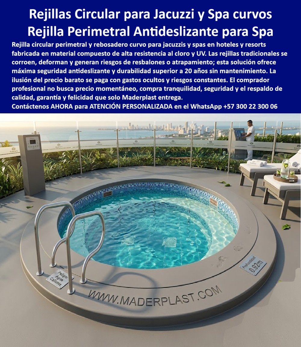 Rejas Circulares Piscina Spa Seguridad Antiatrapamiento Maderplast - Rejilla Perimetral Circular Maderplast – Rebosadero Curvo Antideslizante para Jacuzzi y Spa en Hoteles En la imagen se aprecia una rejilla perimetral circular antideslizante Maderplast para jacuzzi y spa curvo, anillo gris claro de gran diámetro con ranuras radiales de drenaje optimizado y superficie texturizada que rodea completamente el vaso circular de mosaico azul en terraza rooftop de resort de lujo con vista al mar. Esta estructura polimérica presenta bordes precisos y acabados uniformes que garantizan paso seguro descalzo, fabricada para resistir inmersión continua en cloro y exposición UV sin corrosión ni deformación, manteniendo color integral y cero mantenimiento. La rejilla perimetral Maderplast se integra con precisión al diseño arquitectónico del spa, ofreciendo seguridad anti atrapamiento y durabilidad superior a 20 años en condiciones de alto uso. Quien ha gestionado spas y jacuzzis en hoteles de lujo conoce muy bien el verdadero dolor: las rejillas perimetrales metálicas o plásticas tradicionales se corroen, se deforman y generan resbalones o riesgos de atrapamiento por el cloro constante, el agua estancada y el tráfico descalzo diario. Esto obliga a reparaciones frecuentes, limpiezas profundas y reposiciones que interrumpen la operación, generan riesgos de seguridad y elevan los costos operativos año tras año. Lo que parecía una opción económica termina convirtiéndose en una inversión muy cara por fallas críticas, gastos ocultos y la imposibilidad de justificar ante la gerencia o los inversionistas una decisión que, a la larga, resulta mucho más costosa y problemática. Una compra bien hecha recibe felicitaciones permanentes; una mal hecha no encuentra excusa que compense los gastos adicionales y los dolores de cabeza. Maderplast resuelve este problema de forma definitiva y segura. Fabricamos a medida la rejilla perimetral circular jacuzzi spa, el rebosadero curvo spa antideslizante y las rejillas circulares spa perimetrales resistentes cloro con composites poliméricos de ingeniería acuática que eliminan por completo la corrosión, los resbalones, el riesgo de atrapamiento y cualquier necesidad de mantenimiento. El resultado es una rejilla con más de 20 años de vida útil, superficie antideslizante certificada, drenaje radial eficiente, bordes pulidos seguros y diseño modular que se adapta exactamente al radio de curvatura de cualquier jacuzzi o spa, ideal para instalaciones hoteleras mientras cumple los más altos estándares de seguridad y estética en entornos húmedos. Así lo confirman en testimonio de caso real la Gerencia de Infraestructura de un resort hotelero rooftop en un proyecto del 2024: el problema que enfrentamos era la corrosión rápida y deformación de rejillas perimetrales metálicas en el jacuzzi circular del spa, generando riesgos de resbalones, atrapamiento y costos constantes de reparación que comprometían la seguridad y la experiencia de los huéspedes en un entorno de lujo. Después de instalar la rejilla perimetral circular antideslizante Maderplast como rebosadero curvo completo, fabricada a medida según el diseño arquitectónico y colocada alrededor del vaso del spa, el jacuzzi ha operado de forma continua sin ningún mantenimiento correctivo ni pérdida de funcionalidad ni estética después de meses de uso intensivo, manteniendo seguridad máxima y reduciendo drásticamente el costo total de propiedad. Cuando un profesional busca la mejor alternativa duradera a las rejillas metálicas jacuzzi, la rejilla circular perimetral o el rebosadero curvo spa con las especificaciones técnicas correctas, Maderplast entrega la tranquilidad absoluta. Contamos con ficha técnica completa en PDF con medidas, planos de anclaje y especificaciones de carga, certificados de pruebas de laboratorio y videos reales disponibles en el canal de YouTube @maderplasSA. Los productos Maderplast son tan buenos que cualquier otra opción, incluso regalada, terminaría siendo carísima por sus fallas y mantenimientos constantes. Si su proyecto requiere una rejilla perimetral circular que realmente entregue durabilidad extrema, seguridad y rentabilidad a largo plazo, contáctenos hoy. Nuestro equipo de ingenieros está listo para brindarle cotización personalizada, renders, prototipos y toda la asesoría técnica que necesite. WhatsApp directo: +57 300 22 300 06 Rebosadero Curvo Spa Antideslizante Instalación Duradera, Rejillas Circulares Spa Perimetrales Resistentes Cloro Bajo Mantenimiento, Rejillas Redondas Jacuzzi Antideslizantes PP Rejas Circulares Piscina Spa Seguridad Antiatrapamiento Maderplast Rebosadero Curvo Spa Antideslizante Instalación Duradera Rejillas Circulares Spa Perimetrales Resistentes Cloro Bajo Mantenimiento Rejillas Redondas Jacuzzi Antideslizantes PP Rejilla Perimetral Circular Maderplast – Rebosadero Curvo Antideslizante para Jacuzzi y Spa en Hoteles En la imagen se aprecia una rejilla perimetral circular antideslizante Maderplast para jacuzzi y spa curvo, anillo gris claro de gran diámetro con ranuras radiales de drenaje optimizado y superficie texturizada que rodea completamente el vaso circular de mosaico azul en terraza rooftop de resort de lujo con vista al mar. Esta estructura polimérica presenta bordes precisos y acabados uniformes que garantizan paso seguro descalzo, fabricada para resistir inmersión continua en cloro y exposición UV sin corrosión ni deformación, manteniendo color integral y cero mantenimiento. La rejilla perimetral Maderplast se integra con precisión al diseño arquitectónico del spa, ofreciendo seguridad anti atrapamiento y durabilidad superior a 20 años en condiciones de alto uso. Quien ha gestionado spas y jacuzzis en hoteles de lujo conoce muy bien el verdadero dolor: las rejillas perimetrales metálicas o plásticas tradicionales se corroen, se deforman y generan resbalones o riesgos de atrapamiento por el cloro constante, el agua estancada y el tráfico descalzo diario. Esto obliga a reparaciones frecuentes, limpiezas profundas y reposiciones que interrumpen la operación, generan riesgos de seguridad y elevan los costos operativos año tras año. Lo que parecía una opción económica termina convirtiéndose en una inversión muy cara por fallas críticas, gastos ocultos y la imposibilidad de justificar ante la gerencia o los inversionistas una decisión que, a la larga, resulta mucho más costosa y problemática. Una compra bien hecha recibe felicitaciones permanentes; una mal hecha no encuentra excusa que compense los gastos adicionales y los dolores de cabeza. Maderplast resuelve este problema de forma definitiva y segura. Fabricamos a medida la rejilla perimetral circular jacuzzi spa, el rebosadero curvo spa antideslizante y las rejillas circulares spa perimetrales resistentes cloro con composites poliméricos de ingeniería acuática que eliminan por completo la corrosión, los resbalones, el riesgo de atrapamiento y cualquier necesidad de mantenimiento. El resultado es una rejilla con más de 20 años de vida útil, superficie antideslizante certificada, drenaje radial eficiente, bordes pulidos seguros y diseño modular que se adapta exactamente al radio de curvatura de cualquier jacuzzi o spa, ideal para instalaciones hoteleras mientras cumple los más altos estándares de seguridad y estética en entornos húmedos. Así lo confirman en testimonio de caso real la Gerencia de Infraestructura de un resort hotelero rooftop en un proyecto del 2024: el problema que enfrentamos era la corrosión rápida y deformación de rejillas perimetrales metálicas en el jacuzzi circular del spa, generando riesgos de resbalones, atrapamiento y costos constantes de reparación que comprometían la seguridad y la experiencia de los huéspedes en un entorno de lujo. Después de instalar la rejilla perimetral circular antideslizante Maderplast como rebosadero curvo completo, fabricada a medida según el diseño arquitectónico y colocada alrededor del vaso del spa, el jacuzzi ha operado de forma continua sin ningún mantenimiento correctivo ni pérdida de funcionalidad ni estética después de meses de uso intensivo, manteniendo seguridad máxima y reduciendo drásticamente el costo total de propiedad. Cuando un profesional busca la mejor alternativa duradera a las rejillas metálicas jacuzzi, la rejilla circular perimetral o el rebosadero curvo spa con las especificaciones técnicas correctas, Maderplast entrega la tranquilidad absoluta. Contamos con ficha técnica completa en PDF con medidas, planos de anclaje y especificaciones de carga, certificados de pruebas de laboratorio y videos reales disponibles en el canal de YouTube @maderplasSA. Los productos Maderplast son tan buenos que cualquier otra opción, incluso regalada, terminaría siendo carísima por sus fallas y mantenimientos constantes. Si su proyecto requiere una rejilla perimetral circular que realmente entregue durabilidad extrema, seguridad y rentabilidad a largo plazo, contáctenos hoy. Nuestro equipo de ingenieros está listo para brindarle cotización personalizada, renders, prototipos y toda la asesoría técnica que necesite. WhatsApp directo: +57 300 22 300 06