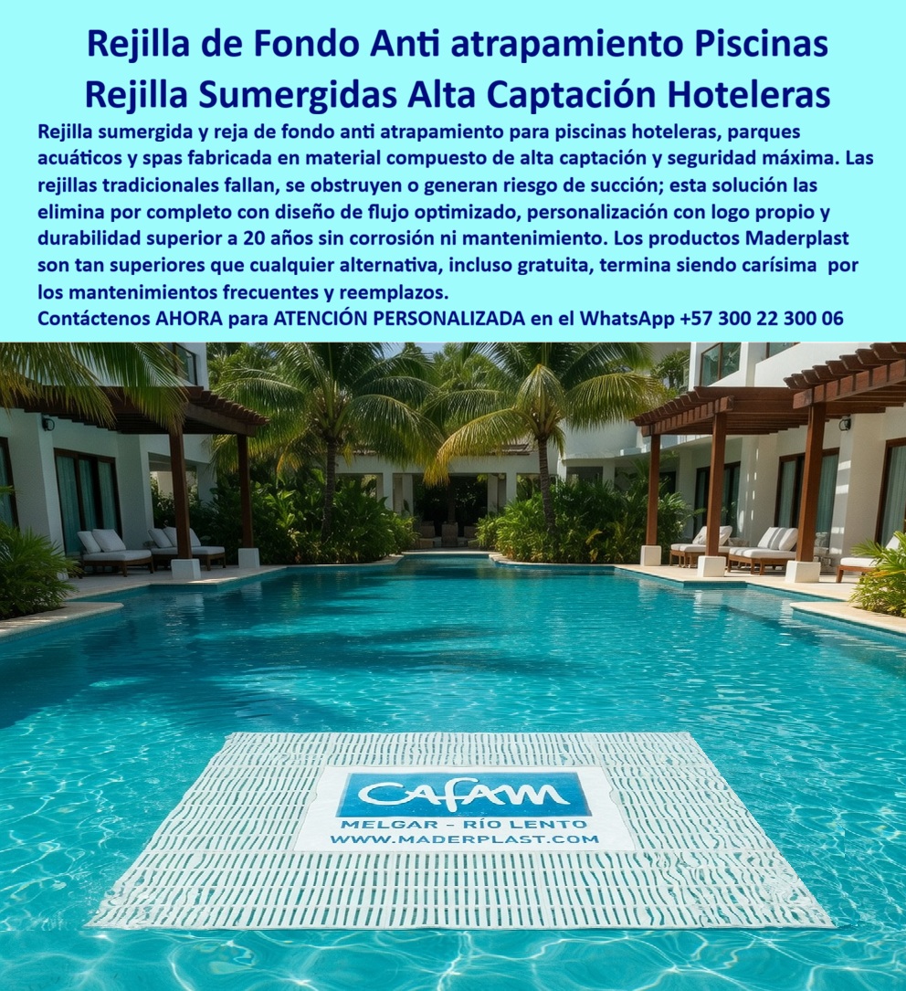 Rejillas Sumergidas Parques Acuáticos Alta Captación Reja De Fondo Maderplast - Rejilla Sumergida Anti Atrapamiento Maderplast – Sumidero de Alta Captación para Piscinas y Ríos Lentos en Parques Acuáticos En la imagen se aprecia una rejilla sumergida anti atrapamiento Maderplast de alta captación para drenajes de fondo en piscinas hoteleras y parques acuáticos, panel cuadrado blanco de gran formato con patrón de ranuras lineales paralelas que asegura flujo masivo de agua y elimina cualquier riesgo de succión. Esta estructura polimérica exhibe superficie uniforme con acabados profesionales y branding integrado que se visualiza claramente bajo el agua cristalina de un resort tropical, resistiendo sin alteración la exposición continua a cloro, radiación UV y productos químicos gracias a su color integral y ausencia total de corrosión. La rejilla de fondo Maderplast se integra de forma armónica al entorno acuático, proporcionando seguridad máxima y durabilidad verificada sin necesidad de intervenciones periódicas. Quien ha gestionado parques acuáticos o piscinas de olas con río lento sabe perfectamente cuál es el verdadero dolor: las rejillas metálicas sumergidas se oxidan con rapidez, generan cortes peligrosos bajo el agua y requieren reposiciones frecuentes que interrumpen la operación, exponen a riesgos legales y elevan los costos operativos. Lo que parecía una opción económica termina siendo carísima por fallas críticas, accidentes potenciales, gastos ocultos y la imposibilidad de justificar ante la gerencia o los inversionistas una decisión que, a la larga, resulta mucho más costosa y problemática. Una compra bien hecha recibe felicitaciones permanentes; una mal hecha no encuentra excusa que compense los gastos adicionales y los dolores de cabeza. Maderplast resuelve este problema de forma definitiva y segura. Fabricamos a medida la rejilla sumergida anti atrapamiento piscina hotel, el sumidero río lento alta captación y la reja de fondo anti atrapamiento con composites poliméricos de ingeniería acuática que eliminan por completo la corrosión, el riesgo de atrapamiento, la deformación y cualquier necesidad de mantenimiento. El resultado es una rejilla con más de 20 años de vida útil, bordes redondeados certificados para pies descalzos, alta capacidad de captación y personalización con logo corporativo, ideal para ríos lentos, piscinas de olas y parques acuáticos mientras cumple todas las normativas de seguridad acuática. Así lo confirman en testimonio de caso real el Gerente de Operaciones de CAFAM en el proyecto Melgar – Río Lento 2024: el problema que enfrentamos era la necesidad de sumideros de fondo seguros en piscina con río lento de alto tráfico, donde las rejillas tradicionales generaban riesgos de atrapamiento, corrosión rápida por cloro y costos constantes de inspección y reemplazo que comprometían la operación y la imagen del complejo. Después de instalar la rejilla sumergida anti atrapamiento Maderplast de gran formato y alta captación, producida a medida con integración de branding corporativo y adaptada al diseño exacto del proyecto, la solución ha operado de forma continua sin ningún incidente de seguridad ni mantenimiento correctivo, manteniendo apariencia impecable y cumplimiento normativo total, con reducción drástica del costo total de propiedad. Cuando un profesional busca la mejor alternativa segura a las rejillas sumergidas metálicas, el sumidero para río lento o la reja de fondo anti atrapamiento con las especificaciones técnicas correctas, Maderplast entrega la tranquilidad absoluta. Contamos con ficha técnica completa en PDF con medidas, planos de anclaje y especificaciones de carga, certificados de pruebas de laboratorio y videos reales disponibles en el canal de YouTube @maderplasSA. Los productos Maderplast son tan buenos que cualquier otra opción, incluso regalada, terminaría siendo carísima por sus fallas y mantenimientos constantes. Si su proyecto requiere una rejilla sumergida que realmente entregue máxima seguridad, gran caudal y rentabilidad a largo plazo, contáctenos hoy. Nuestro equipo de ingenieros está listo para brindarle cotización personalizada, renders, prototipos y toda la asesoría técnica que necesite. WhatsApp directo: +57 300 22 300 06 Rejillas Captación Subacuática Parques Acuáticos Diseño A Medida, Rejillas Subacuáticas Parques Acuáticos Seguridad Máxima, Drenajes Fondo Evitan Atrapamiento Rejillas Sumergidas Parques Acuáticos Alta Captación Reja De Fondo Maderplast Rejillas Captación Subacuática Parques Acuáticos Diseño A Medida Rejillas Subacuáticas Parques Acuáticos Seguridad Máxima Drenajes Fondo Evitan Atrapamiento Rejilla Sumergida Anti Atrapamiento Maderplast – Sumidero de Alta Captación para Piscinas y Ríos Lentos en Parques Acuáticos En la imagen se aprecia una rejilla sumergida anti atrapamiento Maderplast de alta captación para drenajes de fondo en piscinas hoteleras y parques acuáticos, panel cuadrado blanco de gran formato con patrón de ranuras lineales paralelas que asegura flujo masivo de agua y elimina cualquier riesgo de succión. Esta estructura polimérica exhibe superficie uniforme con acabados profesionales y branding integrado que se visualiza claramente bajo el agua cristalina de un resort tropical, resistiendo sin alteración la exposición continua a cloro, radiación UV y productos químicos gracias a su color integral y ausencia total de corrosión. La rejilla de fondo Maderplast se integra de forma armónica al entorno acuático, proporcionando seguridad máxima y durabilidad verificada sin necesidad de intervenciones periódicas. Quien ha gestionado parques acuáticos o piscinas de olas con río lento sabe perfectamente cuál es el verdadero dolor: las rejillas metálicas sumergidas se oxidan con rapidez, generan cortes peligrosos bajo el agua y requieren reposiciones frecuentes que interrumpen la operación, exponen a riesgos legales y elevan los costos operativos. Lo que parecía una opción económica termina siendo carísima por fallas críticas, accidentes potenciales, gastos ocultos y la imposibilidad de justificar ante la gerencia o los inversionistas una decisión que, a la larga, resulta mucho más costosa y problemática. Una compra bien hecha recibe felicitaciones permanentes; una mal hecha no encuentra excusa que compense los gastos adicionales y los dolores de cabeza. Maderplast resuelve este problema de forma definitiva y segura. Fabricamos a medida la rejilla sumergida anti atrapamiento piscina hotel, el sumidero río lento alta captación y la reja de fondo anti atrapamiento con composites poliméricos de ingeniería acuática que eliminan por completo la corrosión, el riesgo de atrapamiento, la deformación y cualquier necesidad de mantenimiento. El resultado es una rejilla con más de 20 años de vida útil, bordes redondeados certificados para pies descalzos, alta capacidad de captación y personalización con logo corporativo, ideal para ríos lentos, piscinas de olas y parques acuáticos mientras cumple todas las normativas de seguridad acuática. Así lo confirman en testimonio de caso real el Gerente de Operaciones de CAFAM en el proyecto Melgar – Río Lento 2024: el problema que enfrentamos era la necesidad de sumideros de fondo seguros en piscina con río lento de alto tráfico, donde las rejillas tradicionales generaban riesgos de atrapamiento, corrosión rápida por cloro y costos constantes de inspección y reemplazo que comprometían la operación y la imagen del complejo. Después de instalar la rejilla sumergida anti atrapamiento Maderplast de gran formato y alta captación, producida a medida con integración de branding corporativo y adaptada al diseño exacto del proyecto, la solución ha operado de forma continua sin ningún incidente de seguridad ni mantenimiento correctivo, manteniendo apariencia impecable y cumplimiento normativo total, con reducción drástica del costo total de propiedad. Cuando un profesional busca la mejor alternativa segura a las rejillas sumergidas metálicas, el sumidero para río lento o la reja de fondo anti atrapamiento con las especificaciones técnicas correctas, Maderplast entrega la tranquilidad absoluta. Contamos con ficha técnica completa en PDF con medidas, planos de anclaje y especificaciones de carga, certificados de pruebas de laboratorio y videos reales disponibles en el canal de YouTube @maderplasSA. Los productos Maderplast son tan buenos que cualquier otra opción, incluso regalada, terminaría siendo carísima por sus fallas y mantenimientos constantes. Si su proyecto requiere una rejilla sumergida que realmente entregue máxima seguridad, gran caudal y rentabilidad a largo plazo, contáctenos hoy. Nuestro equipo de ingenieros está listo para brindarle cotización personalizada, renders, prototipos y toda la asesoría técnica que necesite. WhatsApp directo: +57 300 22 300 06