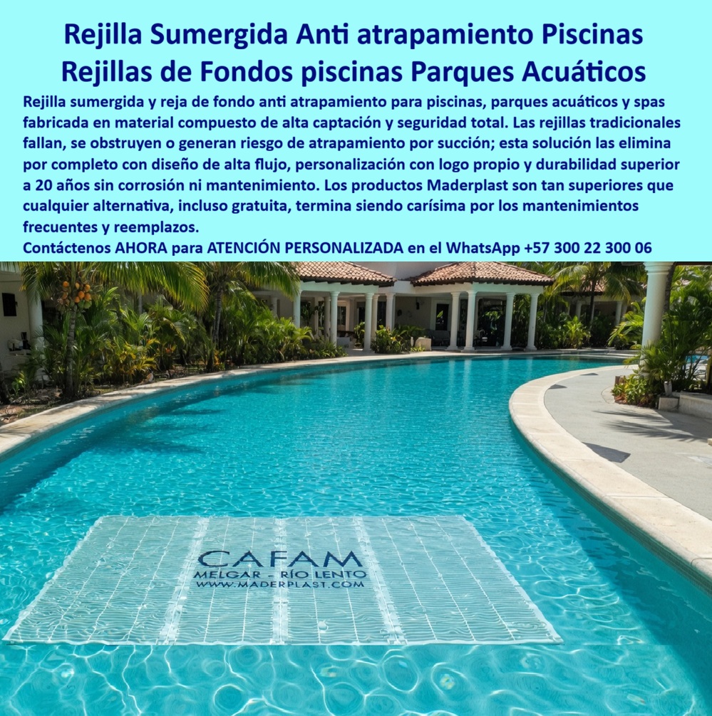 Rejillas Sumergidas Parques Acuáticos Alta Captación Reja De Fondo Maderplast - Rejilla Sumergida de Fondo Maderplast – Sumidero Anti-Atrapamiento para Piscinas, Ríos Lentos y Parques Acuáticos En la imagen se aprecia una rejilla sumergida de fondo Maderplast anti atrapamiento con rejilla rectangular blanca de ranuras paralelas uniformes y branding corporativo integrado directamente en la superficie, instalada en el piso de una amplia piscina curva de resort de lujo con agua turquesa cristalina y arquitectura tropical al fondo. Esta reja de captación presenta bordes completamente pulidos y redondeados en polímeros de ingeniería que garantizan seguridad máxima para pies descalzos bajo inmersión permanente, alto caudal de succión sin riesgo de atrapamiento y resistencia absoluta a cloro y rayos UV sin oxidación ni deformación. El diseño se integra discretamente al fondo del río lento ofreciendo flujo hidráulico eficiente y cumplimiento normativo en parques acuáticos y piscinas de olas. Quien ha gestionado parques acuáticos, piscinas de olas o ríos lentos sabe perfectamente cuál es el verdadero dolor: las rejillas metálicas sumergidas se oxidan con rapidez, generan cortes peligrosos bajo el agua y requieren reposiciones frecuentes que interrumpen la operación, exponen a riesgos legales y elevan los costos operativos. Lo que parecía una opción económica termina siendo carísima por fallas críticas, accidentes potenciales, gastos ocultos y la imposibilidad de justificar ante la gerencia o los inversionistas una decisión que, a la larga, resulta mucho más costosa y problemática. Una compra bien hecha recibe felicitaciones permanentes; una mal hecha no encuentra excusa que compense los gastos adicionales y los dolores de cabeza. Maderplast resuelve este problema de forma definitiva y segura. Fabricamos a medida la rejilla sumergida fondo piscina anti atrapamiento, el sumidero río lento seguro y la reja de captación gran caudal con composites poliméricos de ingeniería acuática que eliminan por completo la corrosión, el riesgo de atrapamiento, la deformación y cualquier necesidad de mantenimiento. El resultado es una rejilla con más de 20 años de vida útil, bordes redondeados certificados para pies descalzos, alta capacidad de captación y personalización con logo corporativo, ideal para ríos lentos, piscinas de olas y parques acuáticos mientras cumple todas las normativas de seguridad acuática. Así lo confirman en testimonio de caso real el Gerente de Infraestructura de un parque acuático resort en un proyecto del 2024: el problema que enfrentamos era la corrosión constante y riesgo de atrapamiento de las rejillas metálicas en el fondo del río lento, generando incidentes de seguridad, interrupciones y gastos frecuentes de reposición. Después de instalar la rejilla sumergida de fondo Maderplast con ranuras paralelas y personalización corporativa, fabricada a medida según los planos del sistema de circulación y adaptada al diseño de la piscina, el sumidero ha operado de forma continua sin ningún mantenimiento correctivo, manteniendo bordes seguros y alto caudal de captación después de meses de uso intensivo en agua clorada, con mejora significativa en seguridad para los usuarios y reducción drástica del costo total de propiedad. Cuando un profesional busca la mejor alternativa segura a las rejillas sumergidas metálicas, el sumidero para río lento o la reja de fondo anti atrapamiento con las especificaciones técnicas correctas, Maderplast entrega la tranquilidad absoluta. Contamos con ficha técnica completa en PDF con medidas, planos de anclaje y especificaciones de carga, certificados de pruebas de laboratorio y videos reales disponibles en el canal de YouTube @maderplasSA. Los productos Maderplast son tan buenos que cualquier otra opción, incluso regalada, terminaría siendo carísima por sus fallas y mantenimientos constantes. Si su proyecto requiere una rejilla sumergida que realmente entregue máxima seguridad, gran caudal y rentabilidad a largo plazo, contáctenos hoy. Nuestro equipo de ingenieros está listo para brindarle cotización personalizada, renders, prototipos y toda la asesoría técnica que necesite. WhatsApp directo: +57 300 22 300 06 Rejillas Fondo Piscina Antiatrapamiento Seguras Con Logo, Rejas De Succión Sumergidas Evitan Accidentes Diseño Con Marca Propia Rejillas Grandes Anti Atrapamiento Río Rejillas Sumergidas Parques Acuáticos Alta Captación Reja De Fondo Maderplast Rejillas Fondo Piscina Antiatrapamiento Seguras Con Logo Rejas De Succión Sumergidas Evitan Accidentes Diseño Con Marca Propia Rejillas Grandes Anti Atrapamiento Río Rejilla Sumergida de Fondo Maderplast – Sumidero Anti-Atrapamiento para Piscinas, Ríos Lentos y Parques Acuáticos En la imagen se aprecia una rejilla sumergida de fondo Maderplast anti atrapamiento con rejilla rectangular blanca de ranuras paralelas uniformes y branding corporativo integrado directamente en la superficie, instalada en el piso de una amplia piscina curva de resort de lujo con agua turquesa cristalina y arquitectura tropical al fondo. Esta reja de captación presenta bordes completamente pulidos y redondeados en polímeros de ingeniería que garantizan seguridad máxima para pies descalzos bajo inmersión permanente, alto caudal de succión sin riesgo de atrapamiento y resistencia absoluta a cloro y rayos UV sin oxidación ni deformación. El diseño se integra discretamente al fondo del río lento ofreciendo flujo hidráulico eficiente y cumplimiento normativo en parques acuáticos y piscinas de olas. Quien ha gestionado parques acuáticos, piscinas de olas o ríos lentos sabe perfectamente cuál es el verdadero dolor: las rejillas metálicas sumergidas se oxidan con rapidez, generan cortes peligrosos bajo el agua y requieren reposiciones frecuentes que interrumpen la operación, exponen a riesgos legales y elevan los costos operativos. Lo que parecía una opción económica termina siendo carísima por fallas críticas, accidentes potenciales, gastos ocultos y la imposibilidad de justificar ante la gerencia o los inversionistas una decisión que, a la larga, resulta mucho más costosa y problemática. Una compra bien hecha recibe felicitaciones permanentes; una mal hecha no encuentra excusa que compense los gastos adicionales y los dolores de cabeza. Maderplast resuelve este problema de forma definitiva y segura. Fabricamos a medida la rejilla sumergida fondo piscina anti atrapamiento, el sumidero río lento seguro y la reja de captación gran caudal con composites poliméricos de ingeniería acuática que eliminan por completo la corrosión, el riesgo de atrapamiento, la deformación y cualquier necesidad de mantenimiento. El resultado es una rejilla con más de 20 años de vida útil, bordes redondeados certificados para pies descalzos, alta capacidad de captación y personalización con logo corporativo, ideal para ríos lentos, piscinas de olas y parques acuáticos mientras cumple todas las normativas de seguridad acuática. Así lo confirman en testimonio de caso real el Gerente de Infraestructura de un parque acuático resort en un proyecto del 2024: el problema que enfrentamos era la corrosión constante y riesgo de atrapamiento de las rejillas metálicas en el fondo del río lento, generando incidentes de seguridad, interrupciones y gastos frecuentes de reposición. Después de instalar la rejilla sumergida de fondo Maderplast con ranuras paralelas y personalización corporativa, fabricada a medida según los planos del sistema de circulación y adaptada al diseño de la piscina, el sumidero ha operado de forma continua sin ningún mantenimiento correctivo, manteniendo bordes seguros y alto caudal de captación después de meses de uso intensivo en agua clorada, con mejora significativa en seguridad para los usuarios y reducción drástica del costo total de propiedad. Cuando un profesional busca la mejor alternativa segura a las rejillas sumergidas metálicas, el sumidero para río lento o la reja de fondo anti atrapamiento con las especificaciones técnicas correctas, Maderplast entrega la tranquilidad absoluta. Contamos con ficha técnica completa en PDF con medidas, planos de anclaje y especificaciones de carga, certificados de pruebas de laboratorio y videos reales disponibles en el canal de YouTube @maderplasSA. Los productos Maderplast son tan buenos que cualquier otra opción, incluso regalada, terminaría siendo carísima por sus fallas y mantenimientos constantes. Si su proyecto requiere una rejilla sumergida que realmente entregue máxima seguridad, gran caudal y rentabilidad a largo plazo, contáctenos hoy. Nuestro equipo de ingenieros está listo para brindarle cotización personalizada, renders, prototipos y toda la asesoría técnica que necesite. WhatsApp directo: +57 300 22 300 06