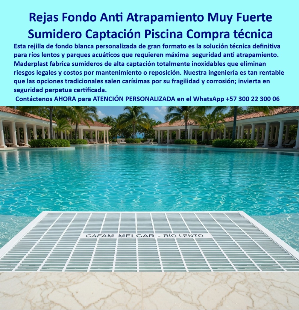 Rejillas Sumergidas Parques Acuáticos Alta Captación Reja De Fondo Maderplast - Reja Sumergida de Fondo Maderplast – Sumidero Anti-Atrapamiento para Río Lento y Parques Acuáticos En la imagen se aprecia una rejilla sumergida de fondo Maderplast tipo sumidero para río lento con rejilla rectangular blanca de ranuras paralelas uniformes y texto corporativo integrado directamente en la superficie, colocada en el piso de una piscina de gran formato en un complejo turístico con agua cristalina y palmeras al fondo. Esta reja de captación presenta bordes completamente pulidos y diseño anti atrapamiento en polímeros de ingeniería que garantizan máxima seguridad para pies descalzos bajo inmersión permanente, alto caudal de succión sin obstrucción y resistencia total a cloro y rayos UV sin oxidación ni deformación. El sistema se integra discretamente al fondo del río lento ofreciendo flujo eficiente y cumplimiento normativo en parques acuáticos y piscinas de olas. Quien ha gestionado parques acuáticos o piscinas de olas sabe perfectamente cuál es el verdadero dolor: las rejillas metálicas sumergidas se oxidan con rapidez, generan cortes bajo el agua y requieren reposiciones frecuentes que interrumpen la operación, generan riesgos legales y elevan los costos operativos. Lo que parecía una opción económica termina siendo carísima por fallas críticas, accidentes potenciales y la imposibilidad de justificar ante la gerencia o los inversionistas una decisión que, a la larga, resulta mucho más costosa y problemática. Una compra bien hecha recibe felicitaciones permanentes; una mal hecha no encuentra excusa que compense los gastos adicionales y los dolores de cabeza. Maderplast resuelve este problema de forma definitiva y segura. Fabricamos a medida la rejilla sumergida fondo piscina, el sumidero río lento anti atrapamiento y la reja de captación gran caudal con composites poliméricos de ingeniería acuática que eliminan por completo la corrosión, el riesgo de atrapamiento, la deformación y cualquier necesidad de mantenimiento. El resultado es una rejilla con más de 20 años de vida útil, bordes redondeados certificados para pies descalzos, alta capacidad de captación y personalización con logo corporativo, ideal para ríos lentos, piscinas de olas y parques acuáticos mientras cumple todas las normativas de seguridad acuática. Así lo confirman en testimonio de caso real el Gerente de Infraestructura de un parque acuático en un proyecto del 2024: el problema que enfrentamos era la corrosión constante y riesgo de atrapamiento de las rejillas metálicas en el fondo del río lento, generando incidentes de seguridad, interrupciones y altos gastos de reposición en el sistema de captación. Después de instalar la rejilla sumergida de fondo Maderplast con ranuras paralelas y personalización corporativa, fabricada a medida según los planos del parque y adaptada al diseño del río lento, el sumidero ha operado de forma continua sin ningún mantenimiento correctivo, manteniendo bordes seguros y alto caudal de captación después de meses de uso intensivo en agua clorada, con mejora en cumplimiento normativo y reducción drástica del costo total de propiedad. Cuando un profesional busca la mejor alternativa segura a las rejillas sumergidas metálicas, el sumidero para río lento o la reja de fondo anti atrapamiento con las especificaciones técnicas correctas, Maderplast entrega la tranquilidad absoluta. Contamos con ficha técnica completa en PDF con medidas, planos de anclaje y especificaciones de carga, certificados de pruebas de laboratorio y videos reales disponibles en el canal de YouTube @maderplasSA. Los productos Maderplast son tan buenos que cualquier otra opción, incluso regalada, terminaría siendo carísima por sus fallas y mantenimientos constantes. Si su proyecto requiere una rejilla sumergida que realmente entregue máxima seguridad, gran caudal y rentabilidad a largo plazo, contáctenos hoy. Nuestro equipo de ingenieros está listo para brindarle cotización personalizada, renders, prototipos y toda la asesoría técnica que necesite. WhatsApp directo: +57 300 22 300 06 Rejillas Sumidero Parques Acuáticos Cero Óxido Fácil Instalación, Rejillas de Fondo Anti Entrapamiento Río Lento Personalizadas Rejilla Captación Subacuática Rejillas Sumergidas Parques Acuáticos Alta Captación Reja De Fondo Maderplast Rejillas Sumidero Parques Acuáticos Cero Óxido Fácil Instalación Rejillas de Fondo Anti Entrapamiento Río Lento Personalizadas Rejilla Captación Subacuática Reja Sumergida de Fondo Maderplast – Sumidero Anti-Atrapamiento para Río Lento y Parques Acuáticos En la imagen se aprecia una rejilla sumergida de fondo Maderplast tipo sumidero para río lento con rejilla rectangular blanca de ranuras paralelas uniformes y texto corporativo integrado directamente en la superficie, colocada en el piso de una piscina de gran formato en un complejo turístico con agua cristalina y palmeras al fondo. Esta reja de captación presenta bordes completamente pulidos y diseño anti atrapamiento en polímeros de ingeniería que garantizan máxima seguridad para pies descalzos bajo inmersión permanente, alto caudal de succión sin obstrucción y resistencia total a cloro y rayos UV sin oxidación ni deformación. El sistema se integra discretamente al fondo del río lento ofreciendo flujo eficiente y cumplimiento normativo en parques acuáticos y piscinas de olas. Quien ha gestionado parques acuáticos o piscinas de olas sabe perfectamente cuál es el verdadero dolor: las rejillas metálicas sumergidas se oxidan con rapidez, generan cortes bajo el agua y requieren reposiciones frecuentes que interrumpen la operación, generan riesgos legales y elevan los costos operativos. Lo que parecía una opción económica termina siendo carísima por fallas críticas, accidentes potenciales y la imposibilidad de justificar ante la gerencia o los inversionistas una decisión que, a la larga, resulta mucho más costosa y problemática. Una compra bien hecha recibe felicitaciones permanentes; una mal hecha no encuentra excusa que compense los gastos adicionales y los dolores de cabeza. Maderplast resuelve este problema de forma definitiva y segura. Fabricamos a medida la rejilla sumergida fondo piscina, el sumidero río lento anti atrapamiento y la reja de captación gran caudal con composites poliméricos de ingeniería acuática que eliminan por completo la corrosión, el riesgo de atrapamiento, la deformación y cualquier necesidad de mantenimiento. El resultado es una rejilla con más de 20 años de vida útil, bordes redondeados certificados para pies descalzos, alta capacidad de captación y personalización con logo corporativo, ideal para ríos lentos, piscinas de olas y parques acuáticos mientras cumple todas las normativas de seguridad acuática. Así lo confirman en testimonio de caso real el Gerente de Infraestructura de un parque acuático en un proyecto del 2024: el problema que enfrentamos era la corrosión constante y riesgo de atrapamiento de las rejillas metálicas en el fondo del río lento, generando incidentes de seguridad, interrupciones y altos gastos de reposición en el sistema de captación. Después de instalar la rejilla sumergida de fondo Maderplast con ranuras paralelas y personalización corporativa, fabricada a medida según los planos del parque y adaptada al diseño del río lento, el sumidero ha operado de forma continua sin ningún mantenimiento correctivo, manteniendo bordes seguros y alto caudal de captación después de meses de uso intensivo en agua clorada, con mejora en cumplimiento normativo y reducción drástica del costo total de propiedad. Cuando un profesional busca la mejor alternativa segura a las rejillas sumergidas metálicas, el sumidero para río lento o la reja de fondo anti atrapamiento con las especificaciones técnicas correctas, Maderplast entrega la tranquilidad absoluta. Contamos con ficha técnica completa en PDF con medidas, planos de anclaje y especificaciones de carga, certificados de pruebas de laboratorio y videos reales disponibles en el canal de YouTube @maderplasSA. Los productos Maderplast son tan buenos que cualquier otra opción, incluso regalada, terminaría siendo carísima por sus fallas y mantenimientos constantes. Si su proyecto requiere una rejilla sumergida que realmente entregue máxima seguridad, gran caudal y rentabilidad a largo plazo, contáctenos hoy. Nuestro equipo de ingenieros está listo para brindarle cotización personalizada, renders, prototipos y toda la asesoría técnica que necesite. WhatsApp directo: +57 300 22 300 06