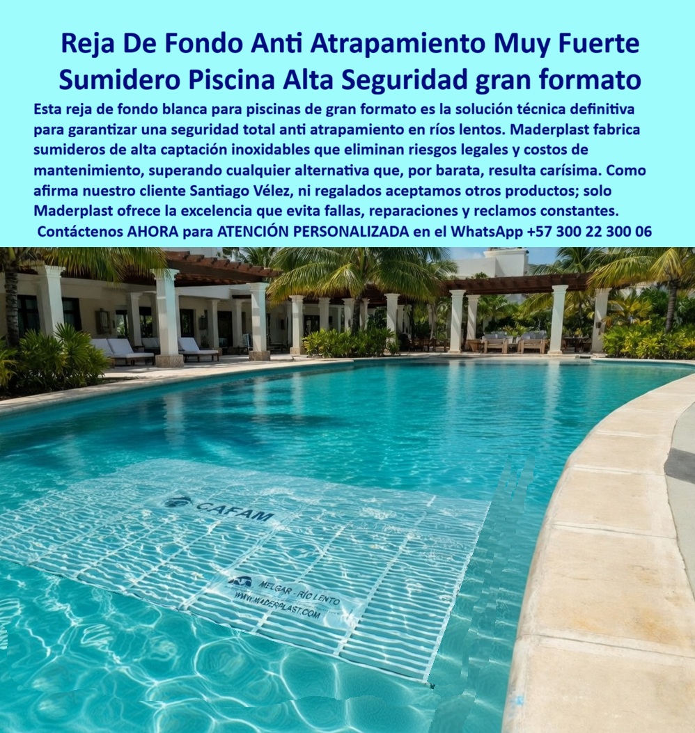 Rejillas Sumergidas Parques Acuáticos Alta Captación Reja De Fondo Maderplast - Reja de Fondo Anti Atrapamiento Maderplast – Sumidero de Alta Captación para Piscinas y Ríos Lentos en Parques Acuáticos En la imagen se aprecia una reja de fondo anti atrapamiento Maderplast de gran formato para sumidero de piscina y río lento, panel rectangular blanco sumergido con rejilla ondulada de alta captación y ranuras optimizadas que permiten flujo masivo de agua sin riesgo de succión. Esta reja de captación presenta bordes completamente pulidos y redondeados en polímeros de ingeniería que garantizan máxima seguridad para pies descalzos bajo inmersión permanente, alto caudal de succión sin obstrucción y resistencia total a cloro y rayos UV sin oxidación ni deformación. El diseño se integra discretamente al fondo del río lento ofreciendo flujo eficiente y cumplimiento normativo en parques acuáticos y piscinas de olas. Quien ha gestionado parques acuáticos, piscinas de olas o ríos lentos conoce muy bien el verdadero dolor: las rejillas metálicas sumergidas se oxidan rápidamente por el cloro constante, generan cortes peligrosos bajo el agua y requieren reposiciones frecuentes que interrumpen la operación, exponen a riesgos legales y elevan los costos operativos. Lo que parecía una opción económica termina siendo carísima por fallas críticas, accidentes potenciales, gastos ocultos y la imposibilidad de justificar ante la gerencia o los inversionistas una decisión que, a la larga, resulta mucho más costosa y problemática. Una compra bien hecha recibe felicitaciones permanentes; una mal hecha no encuentra excusa que compense los gastos adicionales y los dolores de cabeza. Maderplast resuelve este problema de forma definitiva y segura. Fabricamos a medida la reja de fondo anti atrapamiento piscina, el sumidero río lento seguro y la rejilla sumergida de alta captación con composites poliméricos de ingeniería acuática que eliminan por completo la corrosión, el riesgo de atrapamiento, la deformación y cualquier necesidad de mantenimiento. El resultado es una rejilla con más de 20 años de vida útil, bordes redondeados certificados para pies descalzos, alta capacidad de captación y personalización con logo corporativo, ideal para ríos lentos, piscinas de olas y parques acuáticos mientras cumple todas las normativas de seguridad acuática. Así lo confirman en testimonio de caso real Así lo confirman en testimonio de caso real cliente de CAFAM en el proyecto Melgar – Río Lento 2024: el problema que enfrentamos era la necesidad de sumideros de fondo seguros en piscina con río lento de alto tráfico, donde las rejillas tradicionales generaban riesgos de atrapamiento, corrosión rápida por cloro y costos constantes de inspección y reemplazo que comprometían la operación y la imagen del complejo. Después de instalar la reja de fondo anti atrapamiento Maderplast de gran formato con diseño de alta captación, fabricada a medida e instalada directamente en el fondo de la piscina según los requerimientos del proyecto, la solución ha operado de forma continua sin ningún incidente de seguridad ni mantenimiento correctivo, manteniendo apariencia impecable y cumplimiento normativo total, con reducción drástica del costo total de propiedad. Cuando un profesional busca la mejor alternativa segura a las rejillas sumergidas metálicas, el sumidero para río lento o la reja de fondo anti atrapamiento con las especificaciones técnicas correctas, Maderplast entrega la tranquilidad absoluta. Contamos con ficha técnica completa en PDF con medidas, planos de anclaje y especificaciones de carga, certificados de pruebas de laboratorio y videos reales disponibles en el canal de YouTube @maderplasSA. Los productos Maderplast son tan buenos que cualquier otra opción, incluso regalada, terminaría siendo carísima por sus fallas y mantenimientos constantes. Si su proyecto requiere una reja sumergida que realmente entregue máxima seguridad, gran caudal y rentabilidad a largo plazo, contáctenos hoy. Nuestro equipo de ingenieros está listo para brindarle cotización personalizada, renders, prototipos y toda la asesoría técnica que necesite. WhatsApp directo: +57 300 22 300 06 Rejillas de Fondo Anti Atrapamiento Río Lento Alta Capacidad, Rejillas Anti Atrapamiento Fondo Piscina Alta Seguridad Duraderas, Rejilla Sumidero Grande Río Lento PP Rejillas Sumergidas Parques Acuáticos Alta Captación Reja De Fondo Maderplast Rejillas de Fondo Anti Atrapamiento Río Lento Alta Capacidad Rejillas Anti Atrapamiento Fondo Piscina Alta Seguridad Duraderas Rejilla Sumidero Grande Río Lento PP Reja de Fondo Anti Atrapamiento Maderplast – Sumidero de Alta Captación para Piscinas y Ríos Lentos en Parques Acuáticos En la imagen se aprecia una reja de fondo anti atrapamiento Maderplast de gran formato para sumidero de piscina y río lento, panel rectangular blanco sumergido con rejilla ondulada de alta captación y ranuras optimizadas que permiten flujo masivo de agua sin riesgo de succión. Esta reja de captación presenta bordes completamente pulidos y redondeados en polímeros de ingeniería que garantizan máxima seguridad para pies descalzos bajo inmersión permanente, alto caudal de succión sin obstrucción y resistencia total a cloro y rayos UV sin oxidación ni deformación. El diseño se integra discretamente al fondo del río lento ofreciendo flujo eficiente y cumplimiento normativo en parques acuáticos y piscinas de olas. Quien ha gestionado parques acuáticos, piscinas de olas o ríos lentos conoce muy bien el verdadero dolor: las rejillas metálicas sumergidas se oxidan rápidamente por el cloro constante, generan cortes peligrosos bajo el agua y requieren reposiciones frecuentes que interrumpen la operación, exponen a riesgos legales y elevan los costos operativos. Lo que parecía una opción económica termina siendo carísima por fallas críticas, accidentes potenciales, gastos ocultos y la imposibilidad de justificar ante la gerencia o los inversionistas una decisión que, a la larga, resulta mucho más costosa y problemática. Una compra bien hecha recibe felicitaciones permanentes; una mal hecha no encuentra excusa que compense los gastos adicionales y los dolores de cabeza. Maderplast resuelve este problema de forma definitiva y segura. Fabricamos a medida la reja de fondo anti atrapamiento piscina, el sumidero río lento seguro y la rejilla sumergida de alta captación con composites poliméricos de ingeniería acuática que eliminan por completo la corrosión, el riesgo de atrapamiento, la deformación y cualquier necesidad de mantenimiento. El resultado es una rejilla con más de 20 años de vida útil, bordes redondeados certificados para pies descalzos, alta capacidad de captación y personalización con logo corporativo, ideal para ríos lentos, piscinas de olas y parques acuáticos mientras cumple todas las normativas de seguridad acuática. Así lo confirman en testimonio de caso real Así lo confirman en testimonio de caso real cliente de CAFAM en el proyecto Melgar – Río Lento 2024: el problema que enfrentamos era la necesidad de sumideros de fondo seguros en piscina con río lento de alto tráfico, donde las rejillas tradicionales generaban riesgos de atrapamiento, corrosión rápida por cloro y costos constantes de inspección y reemplazo que comprometían la operación y la imagen del complejo. Después de instalar la reja de fondo anti atrapamiento Maderplast de gran formato con diseño de alta captación, fabricada a medida e instalada directamente en el fondo de la piscina según los requerimientos del proyecto, la solución ha operado de forma continua sin ningún incidente de seguridad ni mantenimiento correctivo, manteniendo apariencia impecable y cumplimiento normativo total, con reducción drástica del costo total de propiedad. Cuando un profesional busca la mejor alternativa segura a las rejillas sumergidas metálicas, el sumidero para río lento o la reja de fondo anti atrapamiento con las especificaciones técnicas correctas, Maderplast entrega la tranquilidad absoluta. Contamos con ficha técnica completa en PDF con medidas, planos de anclaje y especificaciones de carga, certificados de pruebas de laboratorio y videos reales disponibles en el canal de YouTube @maderplasSA. Los productos Maderplast son tan buenos que cualquier otra opción, incluso regalada, terminaría siendo carísima por sus fallas y mantenimientos constantes. Si su proyecto requiere una reja sumergida que realmente entregue máxima seguridad, gran caudal y rentabilidad a largo plazo, contáctenos hoy. Nuestro equipo de ingenieros está listo para brindarle cotización personalizada, renders, prototipos y toda la asesoría técnica que necesite. WhatsApp directo: +57 300 22 300 06