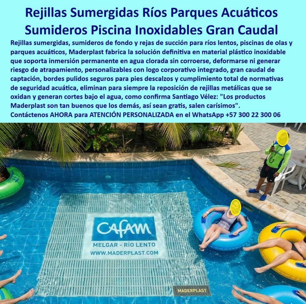 Rejillas Sumergidas Parques Acuáticos Alta Captación Reja De Fondo Maderplast - Reja Sumergida de Fondo Maderplast – Sumidero para Río Lento Seguro y de Gran Caudal en Parques Acuáticos En la imagen se aprecia una reja sumergida de fondo Maderplast tipo sumidero para río lento con rejilla rectangular de ranuras verticales paralelas en color claro y logo corporativo integrado, instalada en el fondo de la piscina de un parque acuático tropical con usuarios flotando en tubos inflables y vegetación exuberante en los bordes. Esta reja de succión presenta bordes pulidos y redondeados en polímeros de ingeniería que aseguran máxima seguridad para pies descalzos, gran caudal de captación sin riesgo de atrapamiento y resistencia total a cloro, inmersión permanente y rayos UV sin corrosión ni deformación. El diseño se integra discretamente al fondo del río lento ofreciendo flujo eficiente y cumplimiento estricto de normativas de seguridad acuática. Quien ha gestionado parques acuáticos, piscinas de olas o ríos lentos conoce muy bien el verdadero dolor: las rejillas metálicas sumergidas se oxidan rápidamente por el cloro constante, generan cortes peligrosos bajo el agua y requieren reposiciones frecuentes que interrumpen la operación y ponen en riesgo a los usuarios. Lo que parecía una opción económica termina siendo carísima por fallas críticas, accidentes potenciales, gastos ocultos de mantenimiento y la imposibilidad de justificar ante la gerencia o los inversionistas una decisión que, a la larga, resulta mucho más costosa y problemática. Una compra bien hecha recibe felicitaciones permanentes; una mal hecha no encuentra excusa que compense los gastos adicionales y los dolores de cabeza. Maderplast resuelve este problema de forma definitiva y segura. Fabricamos a medida la rejilla sumergida río lento parque acuático, el sumidero fondo piscina inoxidable y la reja de succión gran caudal con composites poliméricos de ingeniería acuática que eliminan por completo la corrosión, el riesgo de atrapamiento, la deformación y cualquier necesidad de mantenimiento. El resultado es una rejilla con más de 20 años de vida útil, bordes redondeados certificados para pies descalzos, alta capacidad de captación y personalización con logo corporativo, ideal para ríos lentos, piscinas de olas y parques acuáticos mientras cumple todas las normativas de seguridad acuática. Así lo confirman en testimonio de caso real el Gerente de Infraestructura de un parque acuático en un proyecto del 2024: el problema que enfrentamos era la oxidación rápida y riesgo de cortes de las rejillas metálicas sumergidas en el río lento por cloro y flujo constante, generando interrupciones operativas, peligros para usuarios y costos elevados de reposición. Después de instalar la reja de fondo sumergida Maderplast con ranuras verticales y logo corporativo, fabricada a medida según los planos del sistema de circulación y adaptada al diseño del río lento, el sumidero ha operado de forma continua sin ningún mantenimiento correctivo, manteniendo bordes seguros y alta capacidad de captación después de meses de uso intensivo, con mejora en seguridad acuática y reducción drástica del costo total de propiedad. Cuando un profesional busca la mejor alternativa duradera a las rejillas metálicas sumergidas, el sumidero para río lento o la reja sumergida de fondo con las especificaciones técnicas correctas, Maderplast entrega la tranquilidad absoluta. Contamos con ficha técnica completa en PDF con medidas, planos de anclaje y especificaciones de carga, certificados de pruebas de laboratorio y videos reales disponibles en el canal de YouTube @maderplasSA. Los productos Maderplast son tan buenos que cualquier otra opción, incluso regalada, terminaría siendo carísima por sus fallas y mantenimientos constantes. Si su proyecto requiere una reja sumergida que realmente entregue máxima seguridad, gran caudal y rentabilidad a largo plazo, contáctenos hoy. Nuestro equipo de ingenieros está listo para brindarle cotización personalizada, renders, prototipos y toda la asesoría técnica que necesite. WhatsApp directo: +57 300 22 300 06 Sumideros Para Río Lento Seguros Gran Caudal Inoxidables Personalizados, Sumideros Río Lento Máxima Seguridad Inoxidables Logo Corporativo, Rejas Succión Río Rejillas Sumergidas Parques Acuáticos Alta Captación Reja De Fondo Maderplast Sumideros Para Río Lento Seguros Gran Caudal Inoxidables Personalizados Sumideros Río Lento Máxima Seguridad Inoxidables Logo Corporativo Rejas Succión Río Reja Sumergida de Fondo Maderplast – Sumidero para Río Lento Seguro y de Gran Caudal en Parques Acuáticos En la imagen se aprecia una reja sumergida de fondo Maderplast tipo sumidero para río lento con rejilla rectangular de ranuras verticales paralelas en color claro y logo corporativo integrado, instalada en el fondo de la piscina de un parque acuático tropical con usuarios flotando en tubos inflables y vegetación exuberante en los bordes. Esta reja de succión presenta bordes pulidos y redondeados en polímeros de ingeniería que aseguran máxima seguridad para pies descalzos, gran caudal de captación sin riesgo de atrapamiento y resistencia total a cloro, inmersión permanente y rayos UV sin corrosión ni deformación. El diseño se integra discretamente al fondo del río lento ofreciendo flujo eficiente y cumplimiento estricto de normativas de seguridad acuática. Quien ha gestionado parques acuáticos, piscinas de olas o ríos lentos conoce muy bien el verdadero dolor: las rejillas metálicas sumergidas se oxidan rápidamente por el cloro constante, generan cortes peligrosos bajo el agua y requieren reposiciones frecuentes que interrumpen la operación y ponen en riesgo a los usuarios. Lo que parecía una opción económica termina siendo carísima por fallas críticas, accidentes potenciales, gastos ocultos de mantenimiento y la imposibilidad de justificar ante la gerencia o los inversionistas una decisión que, a la larga, resulta mucho más costosa y problemática. Una compra bien hecha recibe felicitaciones permanentes; una mal hecha no encuentra excusa que compense los gastos adicionales y los dolores de cabeza. Maderplast resuelve este problema de forma definitiva y segura. Fabricamos a medida la rejilla sumergida río lento parque acuático, el sumidero fondo piscina inoxidable y la reja de succión gran caudal con composites poliméricos de ingeniería acuática que eliminan por completo la corrosión, el riesgo de atrapamiento, la deformación y cualquier necesidad de mantenimiento. El resultado es una rejilla con más de 20 años de vida útil, bordes redondeados certificados para pies descalzos, alta capacidad de captación y personalización con logo corporativo, ideal para ríos lentos, piscinas de olas y parques acuáticos mientras cumple todas las normativas de seguridad acuática. Así lo confirman en testimonio de caso real el Gerente de Infraestructura de un parque acuático en un proyecto del 2024: el problema que enfrentamos era la oxidación rápida y riesgo de cortes de las rejillas metálicas sumergidas en el río lento por cloro y flujo constante, generando interrupciones operativas, peligros para usuarios y costos elevados de reposición. Después de instalar la reja de fondo sumergida Maderplast con ranuras verticales y logo corporativo, fabricada a medida según los planos del sistema de circulación y adaptada al diseño del río lento, el sumidero ha operado de forma continua sin ningún mantenimiento correctivo, manteniendo bordes seguros y alta capacidad de captación después de meses de uso intensivo, con mejora en seguridad acuática y reducción drástica del costo total de propiedad. Cuando un profesional busca la mejor alternativa duradera a las rejillas metálicas sumergidas, el sumidero para río lento o la reja sumergida de fondo con las especificaciones técnicas correctas, Maderplast entrega la tranquilidad absoluta. Contamos con ficha técnica completa en PDF con medidas, planos de anclaje y especificaciones de carga, certificados de pruebas de laboratorio y videos reales disponibles en el canal de YouTube @maderplasSA. Los productos Maderplast son tan buenos que cualquier otra opción, incluso regalada, terminaría siendo carísima por sus fallas y mantenimientos constantes. Si su proyecto requiere una reja sumergida que realmente entregue máxima seguridad, gran caudal y rentabilidad a largo plazo, contáctenos hoy. Nuestro equipo de ingenieros está listo para brindarle cotización personalizada, renders, prototipos y toda la asesoría técnica que necesite. WhatsApp directo: +57 300 22 300 06