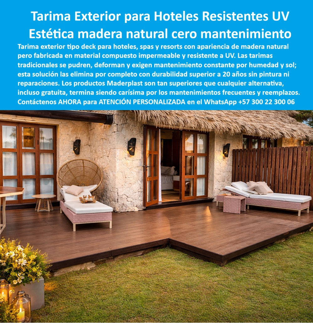 Tarima Exterior Para Hoteles Piso Para Spa Deck Exteriores Maderplast - Tarima Exterior Para Hoteles Piso Para Spa Deck Exteriores Maderplast, consolidándose como la referencia visual definitiva para arquitectos y directores de proyectos que buscan una plataforma exterior peatonal tipo deck con rendimiento industrial superior. Como fabricante de tarimas sintéticas modulares, Maderplast diseña y fabrica este sistema para resolver el punto de dolor más crítico en la infraestructura turística: la degradación acelerada por factores climáticos extremos. La realidad técnica es que en entornos de alta exigencia lo barato sale carísimo, pues la palabra “barata” termina siendo una inversión ruinosa debido a fallas estructurales, reclamos de huéspedes por astillamientos y una pérdida de imagen irreparable causada por el mantenimiento incesante de materiales convencionales. Al comprador profesional no le recordarán por la supuesta economía en la orden de compra inicial, sino por los éxitos o fracasos técnicos de su gestión; una compra bien hecha no necesita explicaciones y solo recibe felicitaciones, mientras que una adquisición mal ejecutada por la vanidad del precio no encuentra justificación valedera ante los sobrecostos de reposición. Nuestra ingeniería permite comprar deck exterior para hoteles con la certeza de obtener un piso modular exterior resistente a la humedad que replica la estética de la madera natural con inmunidad total a la radiación solar. Este Piso Deck Asoleadero Resort Resistente UV Sin Mantenimiento se impone como el mejor material para deck cerca al mar al eliminar por completo el ciclo de lijado, pintura y sellado químico que exige la madera teca. Al realizar un comparativo deck polimérico vs madera teca, los datos de laboratorio confirman que Maderplast es la alternativa a madera para pisos spa más rentable, garantizando una tarima exterior de larga vida útil que supera los 20 años sin deformaciones mecánicas ni proliferación de hongos. Es un piso para áreas húmedas de resorts que mantiene la estabilidad térmica al tacto, permitiendo el tránsito descalzo seguro incluso bajo sol intenso, lo que lo convierte en el estándar para el diseño de terrazas hoteleras sustentables con certificación LEED o EDGE, gracias a su huella de carbono de 0.77. Para los responsables de infraestructura que necesitan cotizar pisos para spa antideslizantes o definir el precio de deck estructural exterior, Maderplast ofrece un soporte técnico que blinda cualquier licitación. Suministramos las especificaciones para deck en pliego técnico y el pliego técnico para tarima exterior pp, asegurando que el sistema de piso modular para balcones cumpla con las normativas HSEQ más exigentes para prevenir accidentes peatonales. Como proveedor de suelos para asoleaderos, nuestra capacidad de respuesta permite al cliente solicitar desde la personalización técnica y renders hasta la fabricación a medida y asesoría en obra, garantizando que el Deck Terraza Hotelera Tarima PP se adapte milimétricamente a la visión arquitectónica del resort. Los productos Maderplast son tan superiores que cualquier alternativa, incluso regalada, resulta carísima por sus fallas constantes, pues la tranquilidad de haber comprado lo mejor no tiene precio comparativo. Así lo confirman en testimonio de caso real EL DIRECTOR DE INFRAESTRUCTURA, RESORT ECO-SPA — 2026 "Antes de la transición técnica, el resort enfrentaba un ciclo interminable de gastos por el deterioro de sus cubiertas de madera natural, las cuales se deformaban y podrían en menos de 18 meses debido a la alta humedad relativa y la exposición solar directa. Esta situación drena el presupuesto operativo y proyectaba una imagen de descuido. Implementamos la Tarima Exterior Para Hoteles Piso Para Spa Deck Exteriores Maderplast y esta infraestructura polimérica eliminó la necesidad de mantenimientos anuales, ofreciendo una superficie estable y segura que mantiene su estética de madera natural sin requerir selladores químicos ni intervenciones de carpintería pesada. El resultado ha sido un ahorro total en costos de pintura y reparaciones estructurales." Para firmar la orden de compra con absoluta seguridad, Maderplast proporciona el descargable de la ficha técnica (PDF) con medidas y sistemas de anclaje, además de los certificados de laboratorio que avalan su resistencia estructural. Ofrecemos soporte de ingeniería constante y evidencia de desempeño en nuestro canal de YouTube: https://www.youtube.com/@maderplasSA. Esta solución de ingeniería polimérica es la zapatilla de la Cenicienta para su infraestructura turística, logrando el milagro de la elegancia eterna donde los materiales convencionales siempre fracasan. El santo que realiza este milagro es el equipo de soporte técnico de Maderplast. Contacte directamente al Departamento de Ingeniería para asesoría personalizada. Eng. Technical Support: (+57) 300 22 300 06. Plataforma exterior peatonal tipo deck, Piso modular exterior resistente humedad, Piso Deck Asoleadero Resort Resistente UV Sin Mantenimiento, Deck Terraza Hotelera Tarima PP Tarima Exterior Para Hoteles Piso Para Spa Deck Exteriores Maderplast Plataforma exterior peatonal tipo deck Piso modular exterior resistente humedad Piso Deck Asoleadero Resort Resistente UV Sin Mantenimiento Deck Terraza Hotelera Tarima PP Tarima Exterior Para Hoteles Piso Para Spa Deck Exteriores Maderplast, consolidándose como la referencia visual definitiva para arquitectos y directores de proyectos que buscan una plataforma exterior peatonal tipo deck con rendimiento industrial superior. Como fabricante de tarimas sintéticas modulares, Maderplast diseña y fabrica este sistema para resolver el punto de dolor más crítico en la infraestructura turística: la degradación acelerada por factores climáticos extremos. La realidad técnica es que en entornos de alta exigencia lo barato sale carísimo, pues la palabra “barata” termina siendo una inversión ruinosa debido a fallas estructurales, reclamos de huéspedes por astillamientos y una pérdida de imagen irreparable causada por el mantenimiento incesante de materiales convencionales. Al comprador profesional no le recordarán por la supuesta economía en la orden de compra inicial, sino por los éxitos o fracasos técnicos de su gestión; una compra bien hecha no necesita explicaciones y solo recibe felicitaciones, mientras que una adquisición mal ejecutada por la vanidad del precio no encuentra justificación valedera ante los sobrecostos de reposición. Nuestra ingeniería permite comprar deck exterior para hoteles con la certeza de obtener un piso modular exterior resistente a la humedad que replica la estética de la madera natural con inmunidad total a la radiación solar. Este Piso Deck Asoleadero Resort Resistente UV Sin Mantenimiento se impone como el mejor material para deck cerca al mar al eliminar por completo el ciclo de lijado, pintura y sellado químico que exige la madera teca. Al realizar un comparativo deck polimérico vs madera teca, los datos de laboratorio confirman que Maderplast es la alternativa a madera para pisos spa más rentable, garantizando una tarima exterior de larga vida útil que supera los 20 años sin deformaciones mecánicas ni proliferación de hongos. Es un piso para áreas húmedas de resorts que mantiene la estabilidad térmica al tacto, permitiendo el tránsito descalzo seguro incluso bajo sol intenso, lo que lo convierte en el estándar para el diseño de terrazas hoteleras sustentables con certificación LEED o EDGE, gracias a su huella de carbono de 0.77. Para los responsables de infraestructura que necesitan cotizar pisos para spa antideslizantes o definir el precio de deck estructural exterior, Maderplast ofrece un soporte técnico que blinda cualquier licitación. Suministramos las especificaciones para deck en pliego técnico y el pliego técnico para tarima exterior pp, asegurando que el sistema de piso modular para balcones cumpla con las normativas HSEQ más exigentes para prevenir accidentes peatonales. Como proveedor de suelos para asoleaderos, nuestra capacidad de respuesta permite al cliente solicitar desde la personalización técnica y renders hasta la fabricación a medida y asesoría en obra, garantizando que el Deck Terraza Hotelera Tarima PP se adapte milimétricamente a la visión arquitectónica del resort. Los productos Maderplast son tan superiores que cualquier alternativa, incluso regalada, resulta carísima por sus fallas constantes, pues la tranquilidad de haber comprado lo mejor no tiene precio comparativo. Así lo confirman en testimonio de caso real EL DIRECTOR DE INFRAESTRUCTURA, RESORT ECO-SPA — 2026 "Antes de la transición técnica, el resort enfrentaba un ciclo interminable de gastos por el deterioro de sus cubiertas de madera natural, las cuales se deformaban y podrían en menos de 18 meses debido a la alta humedad relativa y la exposición solar directa. Esta situación drena el presupuesto operativo y proyectaba una imagen de descuido. Implementamos la Tarima Exterior Para Hoteles Piso Para Spa Deck Exteriores Maderplast y esta infraestructura polimérica eliminó la necesidad de mantenimientos anuales, ofreciendo una superficie estable y segura que mantiene su estética de madera natural sin requerir selladores químicos ni intervenciones de carpintería pesada. El resultado ha sido un ahorro total en costos de pintura y reparaciones estructurales." Para firmar la orden de compra con absoluta seguridad, Maderplast proporciona el descargable de la ficha técnica (PDF) con medidas y sistemas de anclaje, además de los certificados de laboratorio que avalan su resistencia estructural. Ofrecemos soporte de ingeniería constante y evidencia de desempeño en nuestro canal de YouTube: https://www.youtube.com/@maderplasSA. Esta solución de ingeniería polimérica es la zapatilla de la Cenicienta para su infraestructura turística, logrando el milagro de la elegancia eterna donde los materiales convencionales siempre fracasan. El santo que realiza este milagro es el equipo de soporte técnico de Maderplast. Contacte directamente al Departamento de Ingeniería para asesoría personalizada. Eng. Technical Support: (+57) 300 22 300 06.