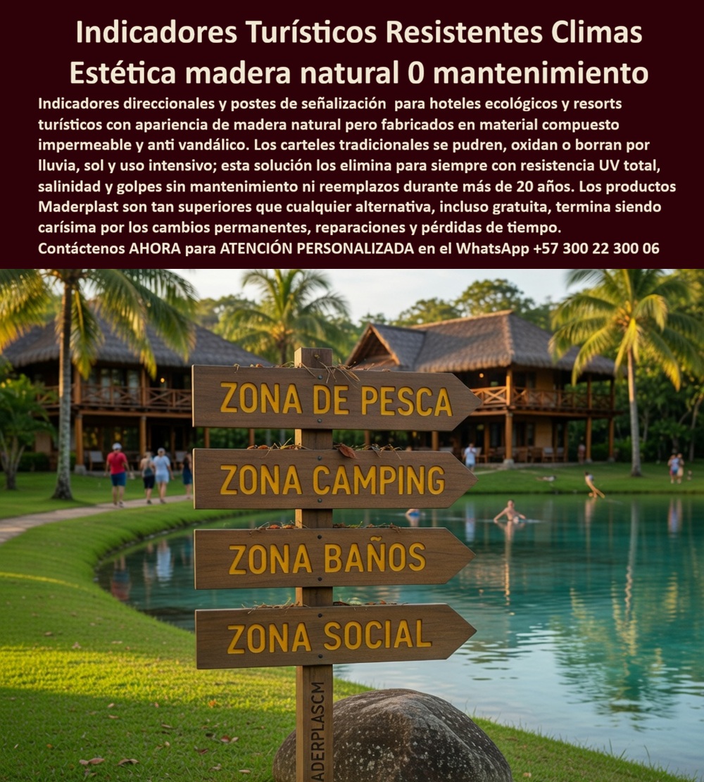 Vallas Avisos Carteles Resistente Intemperie Hotelería Ecológica Maderplast - Vallas de Señalización Ecológica Personalizadas Resistentes al Clima Indicadores Turísticos Direccionales Maderplast – En la imagen se aprecia un indicador turístico direccional Maderplast tipo poste de señalización ecológica con cuatro flechas de apariencia madera natural oscura y letras amarillas brillantes que señalan ZONA DE PESCA, ZONA CAMPING, ZONA BAÑOS y ZONA SOCIAL, instalado en área verde junto a lago en resort ecológico tropical con bungalows al fondo. Este sistema de vallas presenta textura realista de madera y bordes pulidos que se integran al paisaje natural, fabricado en polímeros de ingeniería que lo hacen inmune a pudrición por humedad, rayos UV y salinidad marina sin decoloración ni mantenimiento. La señalización Maderplast garantiza visibilidad permanente y durabilidad superior a 20 años en condiciones extremas de intemperie. Quién ha implementado señalética en resorts ecológicos o proyectos turísticos en zonas tropicales sabe perfectamente cuál es el verdadero dolor: los carteles y postes de madera o metal tradicionales se pudren, oxidan o borran rápidamente por la lluvia, el sol intenso y el uso continuo, obligando a reemplazos frecuentes que generan costos elevados y deterioran la imagen del resort. Lo que parecía una opción económica termina convirtiéndose en una inversión muy cara por fallas críticas, gastos ocultos y la imposibilidad de justificar ante la gerencia o los inversionistas una decisión que, a la larga, resulta mucho más costosa y problemática. Una compra bien hecha recibe felicitaciones permanentes; una mal hecha no encuentra excusa que compense los gastos adicionales y los dolores de cabeza. Maderplast resuelve este problema de forma definitiva y segura. Fabricamos a medida los indicadores turísticos direccionales, las vallas señalización ecológica y los carteles direccionales resort con composites poliméricos de ingeniería que eliminan por completo la pudrición, la oxidación, la decoloración y cualquier necesidad de mantenimiento. El resultado es una señalética con más de 20 años de vida útil, textura madera natural permanente, alta visibilidad y resistencia antivandálica, ideal para hoteles ecológicos, senderos y zonas comunes mientras mantiene legibilidad y estética impecable en condiciones climáticas extremas. Así lo confirman en testimonio de caso real la Gerencia de Infraestructura de un resort ecológico tropical en un proyecto del 2024: el problema que enfrentamos era el rápido deterioro de carteles y postes de señalización en madera tradicional por humedad, sol y vandalismo ocasional, generando pérdida de legibilidad, reparaciones constantes y afectación a la experiencia de los huéspedes en zonas de lago y senderos. Después de implementar los indicadores turísticos direccionales Maderplast con flechas de apariencia madera natural, fabricados a medida e instalados en puntos estratégicos según el plano de señalética del resort, el sistema de vallas se mantiene en perfecto estado sin ningún mantenimiento correctivo ni pérdida de color ni estructura después de meses de exposición extrema, manteniendo visibilidad impecable y refuerzo de la imagen ecológica. Cuando un profesional busca la mejor alternativa duradera a la señalética tradicional, los indicadores turísticos para hotel ecológico o las vallas de señalización ecológica con las especificaciones técnicas correctas, Maderplast entrega la tranquilidad absoluta. Contamos con ficha técnica completa en PDF con medidas, planos de anclaje y especificaciones de carga, certificados de pruebas de laboratorio y videos reales disponibles en el canal de YouTube @maderplasSA. Los productos Maderplast son tan buenos que cualquier otra opción, incluso regalada, terminaría siendo carísima por sus fallas y mantenimientos constantes. Si su proyecto requiere indicadores turísticos que realmente entreguen durabilidad extrema, visibilidad y rentabilidad a largo plazo, contáctenos hoy. Nuestro equipo de ingenieros está listo para brindarle cotización personalizada, renders, prototipos y toda la asesoría técnica que necesite. WhatsApp directo: +57 300 22 300 06 Indicadores Turísticos Hotelera Resistentes Clima, Vallas Señalización Ecológica Personalizadas Alta Durabilidad Exterior, Señales Turísticos Personalizados vial Vallas Avisos Carteles Resistente Intemperie Hotelería Ecológica Maderplast Indicadores Turísticos Hotelera Resistentes Clima Vallas Señalización Ecológica Personalizadas Alta Durabilidad Exterior Señales Turísticos Personalizados vial Vallas de Señalización Ecológica Personalizadas Resistentes al Clima Indicadores Turísticos Direccionales Maderplast – En la imagen se aprecia un indicador turístico direccional Maderplast tipo poste de señalización ecológica con cuatro flechas de apariencia madera natural oscura y letras amarillas brillantes que señalan ZONA DE PESCA, ZONA CAMPING, ZONA BAÑOS y ZONA SOCIAL, instalado en área verde junto a lago en resort ecológico tropical con bungalows al fondo. Este sistema de vallas presenta textura realista de madera y bordes pulidos que se integran al paisaje natural, fabricado en polímeros de ingeniería que lo hacen inmune a pudrición por humedad, rayos UV y salinidad marina sin decoloración ni mantenimiento. La señalización Maderplast garantiza visibilidad permanente y durabilidad superior a 20 años en condiciones extremas de intemperie. Quién ha implementado señalética en resorts ecológicos o proyectos turísticos en zonas tropicales sabe perfectamente cuál es el verdadero dolor: los carteles y postes de madera o metal tradicionales se pudren, oxidan o borran rápidamente por la lluvia, el sol intenso y el uso continuo, obligando a reemplazos frecuentes que generan costos elevados y deterioran la imagen del resort. Lo que parecía una opción económica termina convirtiéndose en una inversión muy cara por fallas críticas, gastos ocultos y la imposibilidad de justificar ante la gerencia o los inversionistas una decisión que, a la larga, resulta mucho más costosa y problemática. Una compra bien hecha recibe felicitaciones permanentes; una mal hecha no encuentra excusa que compense los gastos adicionales y los dolores de cabeza. Maderplast resuelve este problema de forma definitiva y segura. Fabricamos a medida los indicadores turísticos direccionales, las vallas señalización ecológica y los carteles direccionales resort con composites poliméricos de ingeniería que eliminan por completo la pudrición, la oxidación, la decoloración y cualquier necesidad de mantenimiento. El resultado es una señalética con más de 20 años de vida útil, textura madera natural permanente, alta visibilidad y resistencia antivandálica, ideal para hoteles ecológicos, senderos y zonas comunes mientras mantiene legibilidad y estética impecable en condiciones climáticas extremas. Así lo confirman en testimonio de caso real la Gerencia de Infraestructura de un resort ecológico tropical en un proyecto del 2024: el problema que enfrentamos era el rápido deterioro de carteles y postes de señalización en madera tradicional por humedad, sol y vandalismo ocasional, generando pérdida de legibilidad, reparaciones constantes y afectación a la experiencia de los huéspedes en zonas de lago y senderos. Después de implementar los indicadores turísticos direccionales Maderplast con flechas de apariencia madera natural, fabricados a medida e instalados en puntos estratégicos según el plano de señalética del resort, el sistema de vallas se mantiene en perfecto estado sin ningún mantenimiento correctivo ni pérdida de color ni estructura después de meses de exposición extrema, manteniendo visibilidad impecable y refuerzo de la imagen ecológica. Cuando un profesional busca la mejor alternativa duradera a la señalética tradicional, los indicadores turísticos para hotel ecológico o las vallas de señalización ecológica con las especificaciones técnicas correctas, Maderplast entrega la tranquilidad absoluta. Contamos con ficha técnica completa en PDF con medidas, planos de anclaje y especificaciones de carga, certificados de pruebas de laboratorio y videos reales disponibles en el canal de YouTube @maderplasSA. Los productos Maderplast son tan buenos que cualquier otra opción, incluso regalada, terminaría siendo carísima por sus fallas y mantenimientos constantes. Si su proyecto requiere indicadores turísticos que realmente entreguen durabilidad extrema, visibilidad y rentabilidad a largo plazo, contáctenos hoy. Nuestro equipo de ingenieros está listo para brindarle cotización personalizada, renders, prototipos y toda la asesoría técnica que necesite. WhatsApp directo: +57 300 22 300 06