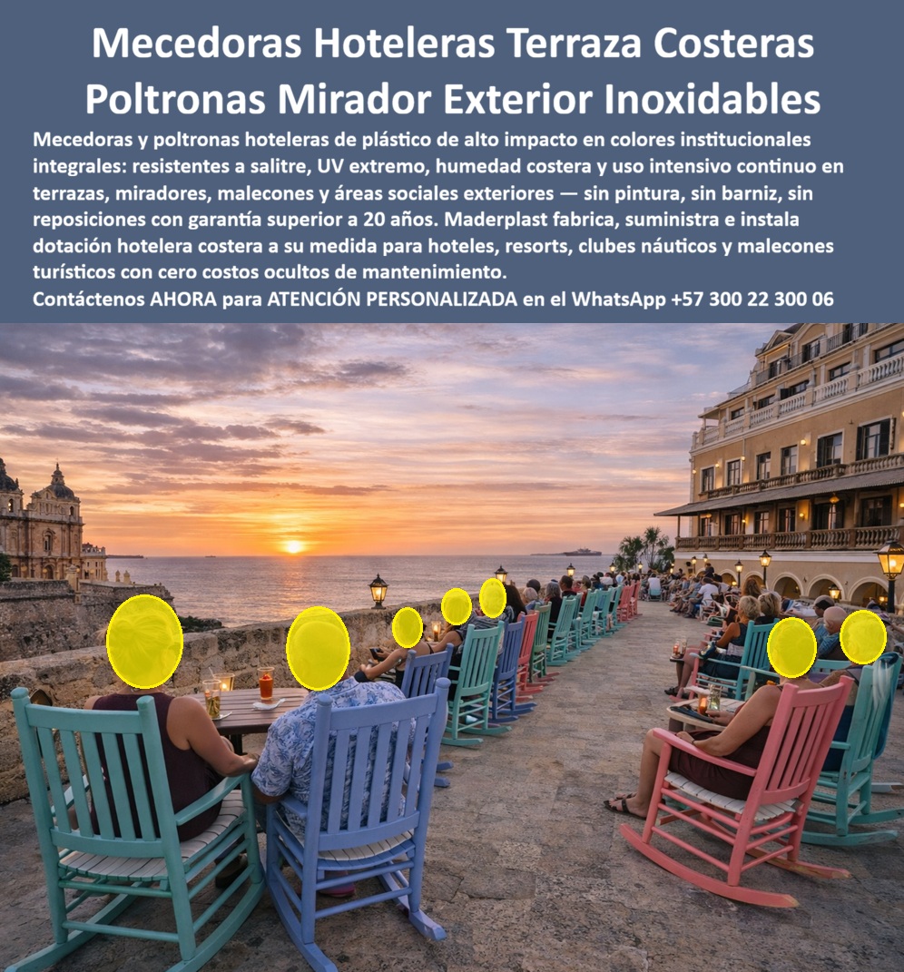 Asientos Mecedores Terrazas Miradores Y Malecones Hoteleros Maderplast Poltronas Exterior Hoteles Miradores Y Áreas Sociales Mecedoras De Miradores Fuertes Listas Instalar Poltronas Terrazas Costeras De Alta Durabilidad Sillas Mecedora  MECEDORAS Y POLTRONAS HOTELERAS PARA TERRAZAS COSTERAS: EL MOBILIARIO QUE CONVIERTE UN ATARDECER EN UNA EXPERIENCIA QUE SE REPITE Existe un tipo de imagen que ningún departamento de marketing hotelero puede comprar con presupuesto publicitario: decenas de huéspedes sentados en mecedoras de colores vibrantes, frente al mar, viendo caer el sol sobre el horizonte, sin moverse, sin querer irse. Esa imagen vale más que cualquier campaña digital porque es auténtica, es repetible todas las noches y se viraliza sola en las redes sociales de los propios huéspedes. Las mecedoras hoteleras para terraza costera y mirador exterior fabricadas por Maderplast en polímero técnico de alto impacto son exactamente el mobiliario que hace posible esa escena, noche tras noche, temporada tras temporada, durante más de dos décadas sin una sola intervención de mantenimiento. La imagen es elocuente con la precisión que solo tiene la realidad instalada: una fila extensa de mecedoras y poltronas en colores institucionales integrales —turquesa, azul cielo, rosa coral, verde menta— dispuestas sobre la terraza pétrea de un hotel colonial frente al mar, bajo un atardecer espectacular. Cada silla muestra acabado uniforme, color homogéneo sin descascarado ni decoloración visible, estructura sólida que soporta el peso del huésped en posición reclinada sin flexión perceptible, y patas con contacto estable sobre el piso irregular de piedra. Eso no es casualidad estética: es el resultado directo de fabricar con polímero de color integral resistente a UV extremo, salinidad marina y humedad costera permanente. El material no necesita pintura porque el color es el material. No necesita barniz porque la superficie no es porosa. No necesita tratamiento anticorrosivo porque no contiene metal estructural expuesto al ambiente. No necesita reposición porque no se pudre, no se astilla y no se fractura bajo uso continuo intensivo. El director de operaciones de un resort costero que ha gestionado mobiliario de terraza en madera pintada conoce el ciclo con exactitud frustrante: primera temporada impecable, segunda temporada con pintura descascarada en los brazos y las patas, tercera temporada con piezas estructurales agrietadas por la combinación de sol y humedad salina, cuarta temporada con reposición parcial que nunca consigue igualar exactamente el tono del lote original, quinta temporada con una terraza que parece diez años más vieja que el resto del establecimiento. Ese ciclo tiene un costo económico medible y un costo de imagen inconmensurable: las fotos que los huéspedes publican de una terraza deteriorada destruyen en segundos lo que años de inversión construyeron. Las poltronas exteriores inoxidables para hotel y mirador turístico de Maderplast cortan ese ciclo en la raíz porque el deterioro sencillamente no ocurre. La gama cromática disponible no es una concesión decorativa: es una herramienta de identidad de marca. Los hoteles que definen sus colores institucionales y los trasladan al mobiliario de sus terrazas crean un sello visual reconocible que aparece en cada fotografía que un huésped comparte. Maderplast fabrica las mecedoras para malecón y área social exterior en el color exacto que el proyecto requiere, con acabado mate o semimate, superficies pulidas sin rebabas y geometría replicable con consistencia industrial en series de cualquier volumen. Un pedido de 80 mecedoras llega con la misma uniformidad de color y dimensión que un pedido de 8, porque el proceso de fabricación por extrusión e inyección de polímero técnico garantiza tolerancias controladas en cada pieza. Para el formulador de presupuesto que construye el análisis de costo total de propiedad, los números favorecen a Maderplast con una diferencia que no admite debate: cero gasto en pintura anual, cero gasto en tratamiento superficial, cero gasto en reposición estructural, cero horas-hombre de mantenimiento preventivo, cero piezas dañadas por vandalismo con valor de reventa —el polímero técnico no tiene mercado de reciclaje informal, lo que lo convierte en mobiliario naturalmente antivandálico—. El único costo real es el de adquisición, y ese costo se amortiza en el primer año y medio de operación frente a cualquier alternativa en madera, metal pintado o ratán sintético de baja densidad. Las sillas mecedoras de exterior para terrazas costeras de alta durabilidad que produce Maderplast se entregan listas para instalar, sin ensamblaje complejo, con capacidad de carga estructural verificada, compatibles con cualquier tipo de piso exterior y diseñadas para permanecer en el ambiente las 24 horas sin requerir cubierta ni almacenamiento nocturno. Fabricación a medida, suministro en series, entrega en proyectos hoteleros nacionales e internacionales, acompañamiento técnico y fichas técnicas certificadas disponibles de inmediato. El mobiliario que llena las terrazas de sus competidores se deteriora. El suyo, con Maderplast, se convierte en el motivo por el que los huéspedes regresan. Asesoría Especializada con un Especialista de Maderplast — Atención Personalizada en este WhatsApp: +57 300 22 300 06