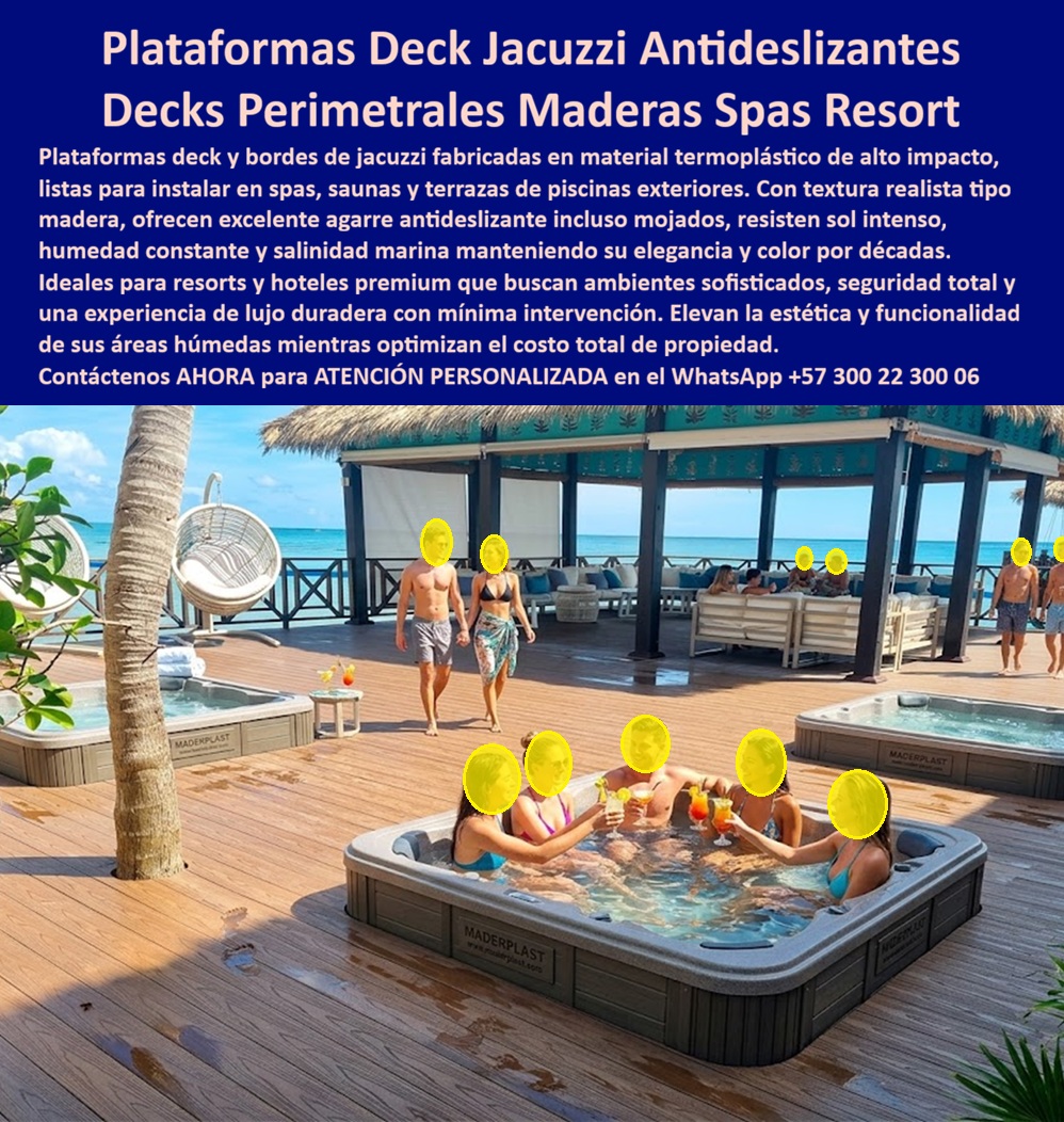 Bordes De Jacuzzi Antideslizantes Piso Spa Sauna Deck Exterior Maderplast Plataformas Termoplásticas Para Exterior Listas Para Instalar Decks Perimetrales Tipo Madera Libres De Corrosión Plataformas Termoplásticas Exterior Listas Decks  DECKS PERIMETRALES PARA JACUZZI Y SPA: CUANDO EL LUJO NO ADMITE MANTENIMIENTO Hay ambientes en la hotelería de alto estándar donde el material del piso no es un detalle secundario: es el protagonista silencioso que define si un área de spa se percibe como un refugio de lujo o como una instalación que empieza a mostrar su edad a los dos años de operación. Un deck perimetral de jacuzzi instalado en un resort frente al mar, expuesto simultáneamente a agua caliente, cloro, salinidad marina, sol tropical y el tráfico constante de huéspedes descalzos, exige un material que ninguna madera natural ni ninguna estructura metálica puede sostener con dignidad en el tiempo. Las plataformas deck termoplásticas para bordes de jacuzzi y spa exterior fabricadas por Maderplast resuelven ese problema de forma definitiva, sin concesiones estéticas ni técnicas. La escena que muestra esta imagen es exactamente el ambiente que un director de proyecto hotelero necesita ver materializado: una gran plataforma deck perimetral en tono madera cálida, con tablillas de perfil termoplástico de alto impacto ensambladas en superficie plana y nivelada, rodeando completamente un jacuzzi exterior de uso intensivo frente al océano. La textura realista tipo madera es visible en cada tablilla, con juntas precisas, superficie antideslizante activa en condición mojada y coloración homogénea que no se decolora bajo la combinación de cloro, humedad marina y radiación UV constante. Más allá del jacuzzi principal, la plataforma se extiende hasta conectar áreas de estar con gazebo, hamacas colgantes y zonas de socialización, demostrando la versatilidad modular del sistema. La marca Maderplast aparece marcada en los propios equipos, señal de una integración total entre la plataforma y los elementos de spa que la ocupan. El piso deck para área húmeda de spa y sauna exterior que produce Maderplast no es una imitación de madera: es una solución de ingeniería de materiales que supera a la madera en cada parámetro crítico para este tipo de aplicación. No absorbe humedad, por lo que no se hincha, no se agrieta ni desarrolla hongos o bacterias en la superficie porosa que afectan a los materiales orgánicos. No reacciona con el cloro ni con los productos químicos del tratamiento de agua de jacuzzi. No oxida ni transfiere corrosión a las estructuras adyacentes. No requiere sellado anual, pintura de protección, lija de mantenimiento ni tratamiento contra insectos xilófagos. La resistencia al salitre marino y a la radiación ultravioleta está certificada con pruebas de laboratorio extremas, disponibles en video en el canal oficial de YouTube de Maderplast, donde el material es sometido a condiciones que ningún competidor se atreve a demostrar públicamente. Para el gerente de compras que evalúa el costo real de un deck perimetral para jacuzzi resort a diez años, los números son incontestables. Una plataforma de madera tropical tratada en zona costera requiere entre dos y tres intervenciones de mantenimiento anuales, reposición parcial de tablillas en el tercer año y sustitución completa antes del quinto año en condiciones de uso intensivo con exposición a cloro y salinidad combinada. Una estructura metálica galvanizada deteriora la estética del área en menos de cuatro temporadas. El costo acumulado de esas intervenciones, sumado a la pérdida de imagen del establecimiento y las quejas de huéspedes que documentan en plataformas de reservas el deterioro visible de las instalaciones, convierte cualquier ahorro inicial en una deuda operativa de largo plazo. Las plataformas termoplásticas exteriores listas para instalar de Maderplast eliminan esa ecuación completa desde el primer día. El sistema se fabrica a medida según los planos del proyecto, con renders previos para aprobación de dirección, fichas técnicas descargables con cotas en milímetros y detalles de anclaje listos para incorporar en especificaciones de obra o pliegos de contratación. Maderplast acompaña el proyecto desde la conceptualización del espacio hasta la puesta en marcha, con soporte de ingeniería en sitio, manuales de instalación y respaldo técnico postventa. La baja huella de carbono del material —inferior a 0.77 -- lo posiciona como solución compatible con proyectos de certificación sostenible, un atributo que los resorts de alto estándar valoran cada vez más en su estrategia de diferenciación. Los decks libres de corrosión para spa y sauna exterior de Maderplast no son el producto más barato del mercado: son el producto que hace que todos los demás, independientemente de su precio, resulten inaceptablemente costosos al evaluar su desempeño real en el tiempo. Cuando un resort invierte en una plataforma perimetral de jacuzzi que mantiene su aspecto original durante dos décadas sin intervención, no está comprando un piso: está comprando la certeza de que esa área de lujo seguirá generando las reseñas de cinco estrellas que llenan habitaciones. Esa certeza tiene nombre y fabricante. Asesoría Especializada con un Especialista de Maderplast — Atención Personalizada en este WhatsApp: +57 300 22 300 06
