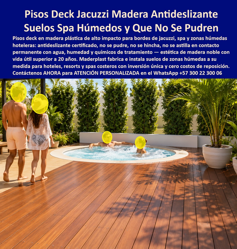 Bordes De Jacuzzi Antideslizantes Piso Spa Sauna Deck Exterior Maderplast Suelos Zonas Húmedas Hoteleras Que No Se Pudren Bordes Jacuzzi Deck Madera Plástica Hotel Antideslizante Bajo Mantenimiento Pisos Deck Bordes Jacuzzi Hotel Madera  PISOS PARA JACUZZI Y ZONAS HÚMEDAS QUE NO SE PUDREN FABRICADOS POR MADERPLAST  Los pisos para jacuzzi, spa, sauna y zonas húmedas hoteleras fabricados por Maderplast son una solución especializada para proyectos que requieren superficies antideslizantes, resistentes al contacto permanente con agua, humedad, productos químicos de tratamiento y uso intensivo. Maderplast fabrica e instala decks para bordes de jacuzzi, áreas wellness, terrazas húmedas y espacios recreativos donde la seguridad, la comodidad y la durabilidad son factores fundamentales para el éxito del proyecto.  La imagen muestra una exclusiva zona de jacuzzi rodeada por un deck tipo madera diseñado para crear una experiencia de bienestar, descanso y confort. En este tipo de aplicaciones, el principal problema que enfrentan hoteles, resorts, spas y clubes es el deterioro acelerado de los materiales tradicionales debido a la humedad permanente. La madera puede deformarse, hincharse o deteriorarse, mientras que otras superficies suelen volverse incómodas o resbalosas. Por esta razón, arquitectos, diseñadores hoteleros y operadores turísticos buscan pisos para jacuzzi que no se pudran, decks antideslizantes para zonas húmedas, bordes de spa resistentes al agua y superficies seguras para ambientes wellness de alto tráfico.  Los sistemas deck desarrollados por Maderplast aportan una estética elegante tipo madera natural, pero con las ventajas de una solución moderna diseñada para soportar condiciones extremas de humedad. Su superficie contribuye a mejorar la seguridad de los usuarios que caminan descalzos alrededor de jacuzzis, spas y saunas, mientras que su apariencia arquitectónica fortalece la imagen premium de hoteles, complejos turísticos y centros de bienestar.  Además del atractivo visual, estos pisos ayudan a proteger la inversión del establecimiento al minimizar costos asociados a reemplazos prematuros, reparaciones frecuentes y pérdida de imagen. Esta combinación de seguridad, confort y larga vida útil convierte a los decks para zonas húmedas fabricados por Maderplast en una de las alternativas más valoradas para proyectos turísticos y hoteleros de alto nivel.  ASÍ LO TESTIFICA LA ARQ. CAROLINA MARTÍNEZ – DIRECTORA DE PROYECTOS WELLNESS – RESORT SPA DEL CARIBE – ABRIL 2024  “Necesitábamos una superficie segura y elegante para los bordes de nuestros jacuzzis y áreas de spa. Evaluamos diferentes alternativas y seleccionamos los decks fabricados por Maderplast por su excelente apariencia, comportamiento en ambientes húmedos y facilidad de conservación. El resultado ha sido una mejora significativa en la experiencia de nuestros huéspedes y una solución que mantiene su calidad visual con el paso del tiempo.”  Cuando arquitectos, hoteleros, diseñadores de spas y desarrolladores turísticos buscan pisos para jacuzzi que no se pudran, decks antideslizantes para zonas húmedas, bordes de spa resistentes al agua, superficies wellness de larga duración o soluciones para ambientes recreativos de alta exigencia, encuentran en Maderplast un fabricante especializado capaz de diseñar, desarrollar, fabricar e instalar soluciones adaptadas a cada proyecto.  Contáctenos para recibir Asesoría Especializada Con Un Especialista De Maderplast. Solicite planos, renders, fichas técnicas, muestras físicas, diseños personalizados o proyectos llave en mano. Atención Personalizada WhatsApp +57 300 22 300 06. Maderplast fabrica soluciones para spas, jacuzzis, saunas y zonas húmedas que combinan seguridad, elegancia, confort y larga vida útil para proyectos hoteleros y turísticos de alto nivel.