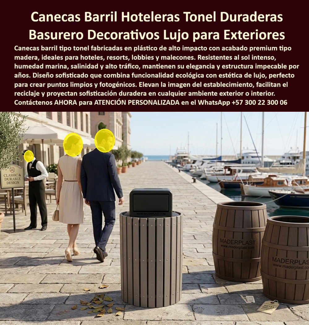 Canecas Barril Para Hoteles Basureros Forma Tonel Hotelero Maderplast Canecas Tonel Modernas Hotel Lobby Duraderas Libres Mantenimiento Cestos Basura Decorativos Madera Plástica Hotel Sin Oxido Garantizados Puntos Ecológicos Tipo Barril  Canecas Barril Para Hoteles Que Conservan Su Imagen De Lujo Fabricadas Por Maderplast  Las canecas barril para hoteles, resorts, marinas, malecones turísticos, clubes náuticos y complejos vacacionales fabricadas por Maderplast fueron desarrolladas para establecimientos que desean mantener una imagen elegante y organizada sin sacrificar durabilidad y funcionalidad. Inspiradas en la estética clásica de los toneles decorativos de madera, estas soluciones combinan la apariencia cálida y sofisticada de la madera fina con las ventajas técnicas de los materiales plásticos de alta ingeniería utilizados por Maderplast.  A diferencia de las canecas metálicas que se oxidan en ambientes marinos o de los recipientes convencionales que pierden rápidamente su apariencia por el sol, la humedad y el uso intensivo, las canecas barril Maderplast conservan su estética durante años en exteriores. Son ideales para hoteles frente al mar, senderos turísticos, piscinas, marinas, plazas gastronómicas, zonas comerciales, parques temáticos, muelles y espacios donde la presentación visual forma parte fundamental de la experiencia del visitante.  Su diseño decorativo permite que funcionen como puntos ecológicos, estaciones de reciclaje o papeleras premium sin romper la armonía arquitectónica del entorno. En lugar de parecer simples recipientes para residuos, se integran como parte del mobiliario y del paisajismo, aportando orden, limpieza y una imagen de calidad que los huéspedes perciben inmediatamente.  Maderplast fabrica estas canecas barril en diferentes capacidades, dimensiones, colores y configuraciones, adaptándolas a proyectos hoteleros, turísticos e institucionales que requieren soluciones duraderas para zonas de alto tráfico. Gracias a su resistencia a la humedad permanente, salinidad, radiación UV, lluvia, cambios climáticos y uso continuo, representan una inversión de largo plazo para administradores que buscan reducir reposiciones y costos de mantenimiento.  En un proyecto turístico costero donde anteriormente utilizaban recipientes convencionales, la administración enfrentaba constantes problemas por deterioro estético, corrosión y reemplazos frecuentes. Después de implementar canecas barril fabricadas por Maderplast, lograron mantener una imagen uniforme y elegante en las zonas de circulación de huéspedes, reduciendo significativamente las intervenciones de mantenimiento y mejorando la percepción visual de las áreas comunes. La solución permitió integrar funcionalidad ambiental, reciclaje y diseño arquitectónico en un solo elemento.  Como expresó uno de los responsables de infraestructura del complejo:  "Buscábamos una caneca que realmente estuviera a la altura de la imagen premium del hotel. Las canecas barril de Maderplast se integran perfectamente con nuestro diseño arquitectónico y continúan conservando su apariencia pese a la exposición permanente al ambiente marino. Los huéspedes las perciben como parte del mobiliario decorativo y no como simples recipientes de basura."  Por esta razón, arquitectos, diseñadores, administradores hoteleros y operadores turísticos encuentran en Maderplast una solución confiable para proyectos donde la imagen, la durabilidad y la rentabilidad deben coexistir. Estas canecas barril decorativas ayudan a mantener espacios limpios, organizados y visualmente atractivos, reforzando la percepción de calidad que todo establecimiento de alto nivel desea transmitir a sus visitantes.  Contáctenos AHORA para la ATENCIÓN PERSONALIZADA de Maderplast en el WhatsApp +57 300 22 300 06.
