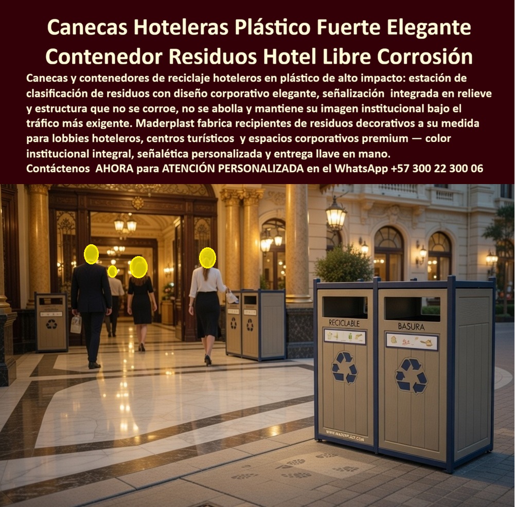 Canecas Barril Para Hoteles Basureros Forma Tonel Hotelero Maderplast Contenedores Tipo Tonel Turístico Plástico Fuerte Libre Corrosión Canecas Tipo Barril Decorativas Hotel Basureros Elegantes Bajo Mantenimiento Recipientes Residuos PP CANECAS Y CONTENEDORES DE RECICLAJE HOTELEROS: LA GESTIÓN DE RESIDUOS QUE PROTEGE LA IMAGEN DEL ESTABLECIMIENTO En un lobby de hotel de cinco estrellas con mármol pulido, columnas doradas, arañas de cristal y personal uniformado, existe un elemento que la mayoría de los directores de operaciones subestima hasta que un huésped lo fotografía y lo publica: el contenedor de residuos. Una caneca metálica abollada, una papelera plástica genérica o un recipiente con señalética despegada en el centro de ese espacio destruye en segundos la coherencia visual que millones de pesos en diseño de interiores construyeron con cuidado. Las canecas hoteleras de plástico elegante y libre de corrosión fabricadas por Maderplast resuelven ese problema con la misma contundencia con que resuelven todos los demás: diseño corporativo de alto valor estético, estructura que no se abolla, no se corroe y no pierde presencia visual bajo el tráfico más exigente, durante más de dos décadas sin intervención de mantenimiento. La imagen muestra con precisión el estándar que Maderplast establece para la gestión de residuos en espacios hospitality premium: estaciones de clasificación de doble compartimento —reciclable y basura— con estructura modular en perfil termoplástico color arena y marcos en azul institucional, señalética integrada en relieve con pictogramas de identificación de residuos, apertura superior de boca ancha con tapa de control de olores, y presencia estética que no desentona sino que complementa la arquitectura clásica del lobby de lujo donde está instalada. A lo largo del corredor del establecimiento se observan múltiples unidades del mismo sistema, creando una línea visual coherente que comunica orden, sofisticación y compromiso ambiental simultáneamente. Eso no es un accesorio de limpieza: es infraestructura de imagen institucional. El gerente de operaciones que ha gestionado contenedores de residuos convencionales en zonas de alto tráfico hotelero conoce el ciclo de deterioro con exactitud: los metálicos se abollan con el primer impacto de un carrito de servicio y desarrollan óxido superficial visible en menos de dos temporadas en ambientes con humedad o climatización agresiva, los plásticos genéricos de baja densidad se deforman con el calor, pierden el color original y fracturan la señalética adhesiva que se desprende dejando residuos de pegamento imposibles de limpiar completamente. Los contenedores de residuos decorativos para lobbies hoteleros y centros turísticos de Maderplast están fabricados en polímero técnico de alto impacto con color integral que no requiere pintura de mantenimiento, estructura que absorbe impactos sin deformación permanente, superficie completamente lisa que se limpia con cualquier producto de aseo estándar sin degradación del acabado, y señalética en relieve integrada al molde que no se desprende, no se decolora y no requiere reposición. La señalización de clasificación de residuos integrada en relieve —reciclable, basura, orgánico, según la configuración del proyecto— cumple simultáneamente una función operativa y una función de imagen: educa al huésped en la política ambiental del establecimiento y comunica el compromiso del hotel con la sostenibilidad sin necesidad de cartelería adicional. Para los establecimientos que trabajan hacia certificaciones ambientales como RNT sostenible, Green Globe o criterios LEED en operación, esta integración de la gestión de residuos en el diseño del espacio tiene valor directo en el proceso de certificación, un argumento creciente en la toma de decisiones de compra de cadenas hoteleras internacionales. Maderplast fabrica estas estaciones de clasificación de residuos con diseño corporativo personalizado en los colores institucionales exactos del proyecto, con posibilidad de incorporar logotipo del establecimiento en relieve, configuraciones de uno a cuatro compartimentos, formatos de piso o mural, y dimensiones adaptadas al flujo de residuos específico de cada área. Cada unidad sale de fábrica lista para instalar, con ficha técnica certificada y garantía de más de veinte años de vida útil en condiciones de uso intensivo. El costo de reposición de contenedores convencionales cada tres o cuatro años, multiplicado por el número de unidades instaladas en un establecimiento de mediana envergadura, supera con creces la inversión en una solución Maderplast que no vuelve a generar ese gasto en las dos décadas siguientes. La imagen del hotel se cuida en cada centímetro del espacio visible. Maderplast fabrica los contenedores que hacen que incluso la gestión de residuos se comunique con excelencia. Asesoría Especializada con un Especialista de Maderplast — Atención Personalizada en este WhatsApp: +57 300 22 300 06