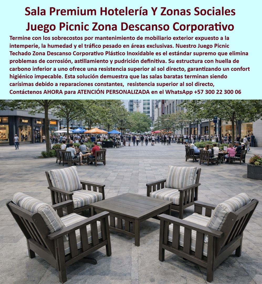 Juegos De Sala Exterior Para Hoteles Y Clubes Exclusivos Maderplast Juego Picnic Techado Zona Descanso Corporativo Plástico Inoxidable Sala Exterior Premium Hotelería Y Zonas Sociales Mesa Banca Comedor Exterior Hotelero Antideslizante  SALAS EXTERIORES PREMIUM PARA HOTELERÍA Y ZONAS CORPORATIVAS: EL ESTÁNDAR QUE ELIMINA EL MANTENIMIENTO DE LA ECUACIÓN Un juego de sala exterior instalado en la zona social de un hotel de alto estándar, un club exclusivo o una plaza corporativa no es simplemente mobiliario: es la declaración visible de la categoría del establecimiento. Cuatro sillones de brazo con estructura oscura en perfil plástico macizo tipo madera, cojines a rayas en gris y blanco, dispuestos simétricamente alrededor de una mesa central de tablero liso y patas cuadradas con el mismo acabado estructural, sobre una plaza de granito pulido con alto tráfico peatonal de fondo. Esa composición transmite en un segundo lo que ningún texto de marketing logra con párrafos: solidez, elegancia funcional y permanencia. El juego de sala exterior premium para hotelería y zonas sociales corporativas fabricado por Maderplast en polímero técnico de alto impacto entrega exactamente esa imagen, y la sostiene durante más de veinte años sin degradación estructural ni pérdida de presencia estética. La diferencia técnica que separa este mobiliario de cualquier alternativa convencional en madera pintada, metal lacado o rattan sintético de baja densidad es absoluta y verificable. El perfil plástico macizo de color integral no se oxida porque no contiene metal estructural expuesto. No se pudre porque no es material orgánico. No se astilla porque su estructura molecular no genera fracturas superficiales bajo ciclos de expansión térmica. No se decolora porque el pigmento no es una capa aplicada sobre la superficie sino parte constitutiva del material desde su fabricación. La sala exterior plástica inoxidable para clubes y hoteles exclusivos de Maderplast soportan sol directo intenso, humedad permanente, lluvia ácida, salinidad marina y el uso continuo de cientos de usuarios semanales sin requerir una sola intervención de mantenimiento estructural. Eso no es una promesa comercial: es una propiedad física del material, respaldada por pruebas de laboratorio extremas documentadas en video y disponibles para revisión técnica antes de cualquier decisión de compra. El director de compras de una cadena hotelera que ha gestionado mobiliario exterior convencional durante tres o más temporadas conoce el costo real de esa decisión: pintura descascarada en los brazos de las sillas al segundo año, estructura metálica con manchas de oxidación que migran al piso al tercer año, piezas de madera agrietadas por la combinación de calor y humedad que representan riesgo de astillas para los huéspedes, y una zona social que empieza a comunicar descuido precisamente en el área donde el establecimiento más necesita comunicar excelencia. Cada ciclo de reposición consume presupuesto operativo, genera interrupciones en el servicio y produce una incoherencia visual entre piezas nuevas y piezas envejecidas que ningún huésped pasa por alto. El juego picnic zona descanso corporativo plástico inoxidable de Maderplast elimina ese ciclo completo porque el deterioro que lo genera sencillamente no ocurre en este material. La huella de carbono inferior a 0.77 del polímero técnico Maderplast posiciona este mobiliario como solución compatible con certificaciones de sostenibilidad LEED y EDGE, un atributo que los proyectos hoteleros de alto estándar y las plazas corporativas de nueva generación incorporan activamente en sus especificaciones de compra. La estructura no es contaminante, no genera residuos tóxicos por degradación ambiental y su vida útil extendida reduce radicalmente la frecuencia de reposición, lo que disminuye la huella ambiental acumulada del proyecto frente a cualquier alternativa de ciclo corto. Maderplast diseña y fabrica estos juegos de sala exterior a medida, en los colores y dimensiones que el proyecto requiera, con fichas técnicas certificadas, renders previos para aprobación de dirección y acompañamiento técnico desde la especificación hasta la instalación. Solicite cotización, muestras físicas o planos técnicos de inmediato. Las salas baratas terminan siendo las más caras: Maderplast es la inversión que no vuelve a cobrarse. Asesoría Especializada con un Especialista de Maderplast — Atención Personalizada en este WhatsApp: +57 300 22 300 06