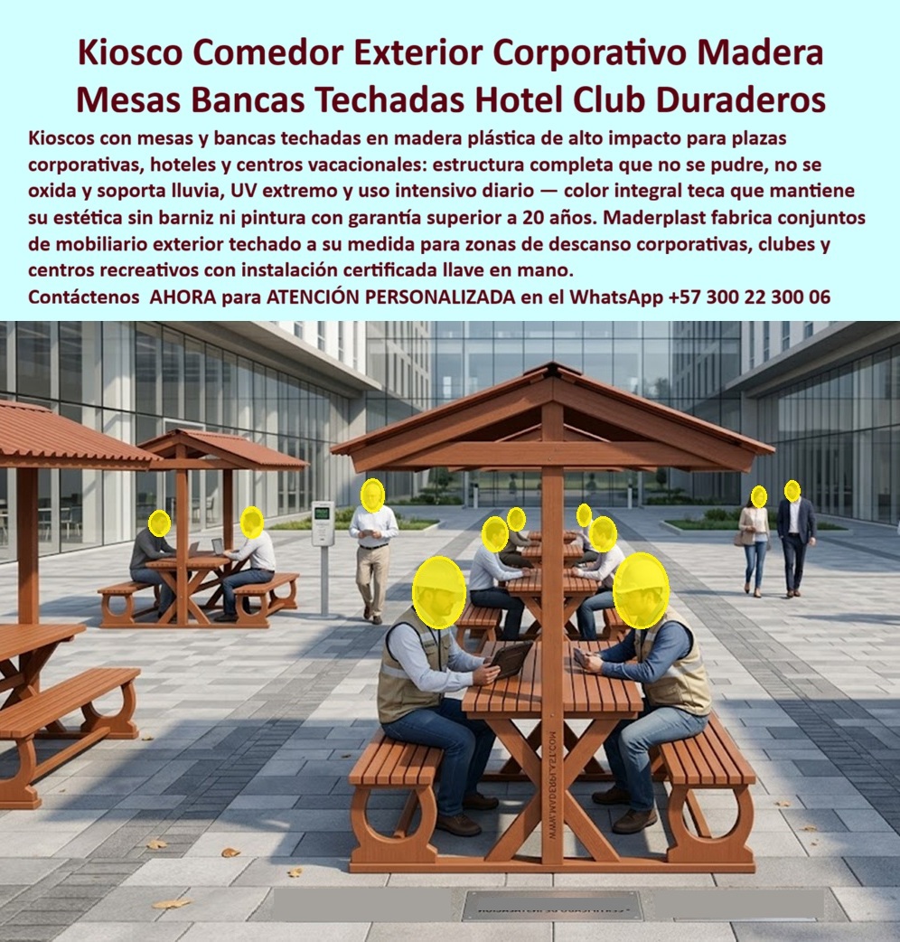 Juegos De Sala Exterior Para Hoteles Y Clubes Exclusivos Maderplast Mobiliario Exterior Hotelero Inoxidable Libre De Mantenimiento Muebles Exteriores Para Hoteles Clubes Y Centros Vacacionales Sala Hotelera Exteriores  JUEGOS DE SALA EXTERIOR PARA HOTELES Y CLUBES FABRICADOS POR MADERPLAST  Los juegos de sala exterior fabricados por Maderplast son una solución diseñada para hoteles, clubes, centros vacacionales, complejos corporativos, parques recreativos, universidades y espacios institucionales que requieren mobiliario resistente, elegante y preparado para funcionar permanentemente a la intemperie. La imagen muestra un conjunto de mesas, bancas y cubiertas integradas que crean espacios cómodos para reuniones, descanso, alimentación, trabajo colaborativo y socialización en ambientes exteriores de alto tráfico.  Uno de los problemas más frecuentes del mobiliario exterior tradicional es el deterioro causado por la humedad, el sol, la lluvia, los cambios climáticos y el uso intensivo diario. La madera requiere mantenimiento constante, pinturas y barnices periódicos, mientras que las estructuras metálicas pueden sufrir corrosión, oxidación y pérdida de apariencia con el paso del tiempo. Por esta razón, administradores, arquitectos y operadores turísticos buscan juegos de sala exterior para hoteles, mobiliario exterior para clubes, mesas y bancas para zonas comunes, comedores exteriores corporativos y mobiliario urbano de larga duración.  Maderplast fabrica este tipo de soluciones utilizando materiales de alta durabilidad con apariencia tipo madera, desarrollados para conservar su estética y funcionalidad en ambientes exigentes. Los conjuntos pueden fabricarse en múltiples dimensiones, configuraciones y colores para adaptarse a proyectos hoteleros, plazas corporativas, zonas de alimentación, áreas de descanso, senderos turísticos, parques temáticos y espacios recreativos de uso intensivo.  La integración de mesas, bancas y cubiertas permite crear espacios protegidos del sol y la lluvia, mejorando la comodidad de los usuarios y aumentando el aprovechamiento de las áreas exteriores. Estas soluciones aportan valor arquitectónico al proyecto, fortalecen la imagen institucional y ayudan a crear ambientes más agradables para huéspedes, visitantes, trabajadores y usuarios.  Además de fabricar el mobiliario visible, Maderplast desarrolla componentes estructurales de alta resistencia que permiten construir conjuntos robustos, estables y preparados para largos períodos de servicio. Esto convierte cada instalación en una inversión de largo plazo que reduce costos asociados a mantenimiento, reparaciones y reemplazos frecuentes.  Cuándo hoteles, clubes, centros vacacionales, empresas, constructoras y entidades públicas buscan juegos de sala exterior para hoteles, comedores exteriores corporativos, mesas con bancas para espacios abiertos, mobiliario exterior resistente al clima o zonas de descanso de alta durabilidad, encuentran en Maderplast un fabricante especializado capaz de diseñar, fabricar e instalar soluciones adaptadas a las necesidades específicas de cada proyecto.  Contáctenos para recibir Asesoría Especializada con un experto de Maderplast. Solicite diseños personalizados, especificaciones técnicas, renders, propuestas y acompañamiento para hoteles, clubes, centros vacacionales, empresas, parques y proyectos institucionales. Atención personalizada WhatsApp +57 300 22 300 06. Maderplast fabrica juegos de sala exterior, mesas, bancas, kioscos, comedores exteriores y mobiliario arquitectónico de alta durabilidad diseñado para ofrecer confort, imagen institucional y máxima rentabilidad a largo plazo.