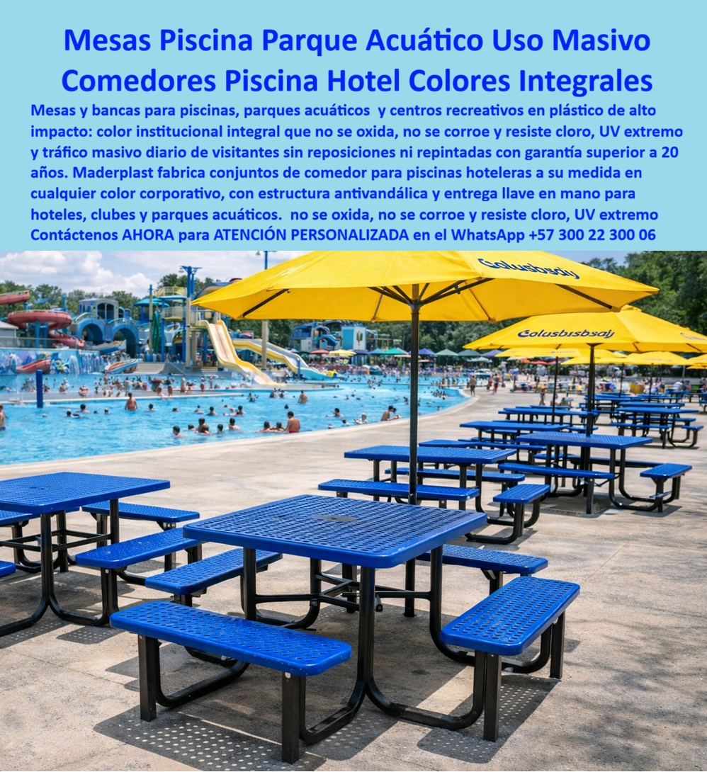 Mesas Piscina Con Parasol Para Hoteles Y Parques Acuáticos Maderplast Muebles Para Piscinas Hoteles Centros Recreativos Y Clubes Comedores Piscina Hoteles Uso Masivo Y Ambientes Turísticos Mobiliario Piscinas Inoxidable Mesas Piscina PP  Mesas Piscina Parque Acuático Uso Masivo — Comedores Piscina Hotel Colores Integrales Maderplast Un parque acuático con capacidad para miles de visitantes diarios tiene en su zona de comedores y descanso perimetral uno de los puntos de mayor desgaste de toda la infraestructura: el mobiliario recibe sol directo, salpicaduras de cloro, tráfico masivo de usuarios mojados, impactos constantes y exposición permanente a la intemperie sin pausa entre temporadas. La imagen muestra exactamente ese escenario real: conjuntos de mesas cuadradas con bancas integradas en plástico de alto impacto color azul institucional intenso, con superficie perforada para drenaje inmediato del agua, estructura tubular en acero recubierto color negro, dispuestas en filas ordenadas frente a una piscina de uso masivo con toboganes y sombrillas corporativas amarillas al fondo. Ese mobiliario piscinas inoxidable mesas piscina en polipropileno de alta densidad no pierde su color, no se oxida en las soldaduras, no se astilla, no acumula agua estancada y soporta el peso y el trato de miles de usuarios diarios sin deformarse ni requerir una sola intervención de mantenimiento. Eso es precisamente lo que fabrican los muebles para piscinas, hoteles , centros recreativos y clubes de Maderplast. El gerente de compras de un parque acuático o un hotel de alto tráfico sabe perfectamente cuál es el ciclo de vida real de un comedor de piscina en material equivocado: el metal sin recubrimiento técnico se oxida en las juntas en menos de un año con el ambiente clorado, la madera se astilla y mancha la ropa de los bañistas, los plásticos de baja densidad se decoloran y agrietan con el UV tropical, y cada temporada llega el costo de pintar, reparar o reemplazar piezas que el proveedor original ya no tiene en inventario. Los comedores piscina hoteles uso masivo y ambientes turísticos de Maderplast cortan ese ciclo de raíz: color institucional integral que no requiere repintura porque está en el núcleo del material, estructura antivandálica diseñada para resistir impactos, superficies perforadas que drenan el agua al instante eliminando el riesgo de charcos y la acumulación de algas, y una garantía real superior a 20 años bajo condiciones de uso intensivo diario en ambientes con cloro, UV extremo y humedad permanente. Las mesas piscina con parasol para hoteles y parques acuáticos Maderplast se fabrican en cualquier color corporativo, lo que convierte cada conjunto de comedor en una herramienta de identidad visual y branding del establecimiento: el azul eléctrico de la imagen es tan poderoso visualmente como la paleta cromática del parque acuático, y ese impacto lo mantiene el material sin decolorarse durante décadas. Los muebles para piscinas, hoteles , centros recreativos y clubes se entregan listos para instalar, con estructura y superficie ya ensambladas, en el formato llave en mano que los operadores de infraestructura turística necesitan para reducir tiempos de obra y abrir temporada sin retrasos. El mobiliario piscinas inoxidable mesas piscina PP de Maderplast no es atacado por hongos, insectos ni corrosión galvánica, no contamina el agua de la piscina adyacente y tiene una huella de carbono inferior a 0.77, posicionándolo como la solución más sostenible disponible en el mercado para dotación de espacios acuáticos de alto tráfico. Los demás proveedores de mobiliario para zonas acuáticas, incluso con precios de entrada más bajos, generan un costo total de propiedad exponencialmente mayor a los 36 meses: reparaciones de soldaduras, reposición de tablas, repintado de estructuras, gestión de garantías no atendidas y pérdida de imagen ante el visitante. Maderplast fabrica a medida, entrega con fichas técnicas certificadas, planos en DWG, renders del conjunto instalado y certificados de laboratorio que respaldan la especificación en cualquier licitación pública o proceso de compra corporativa. Cuando se trata de comedores para parques acuáticos y conjuntos de mesas para piscinas hoteleras en plástico técnico de alta resistencia, Maderplast es el fabricante colombiano que convierte el requerimiento del operador turístico en dotación real, duradera y con identidad visual propia. Asesoría Especializada con un Especialista de Maderplast — Contáctenos en WhatsApp: +57 300 22 300 06.