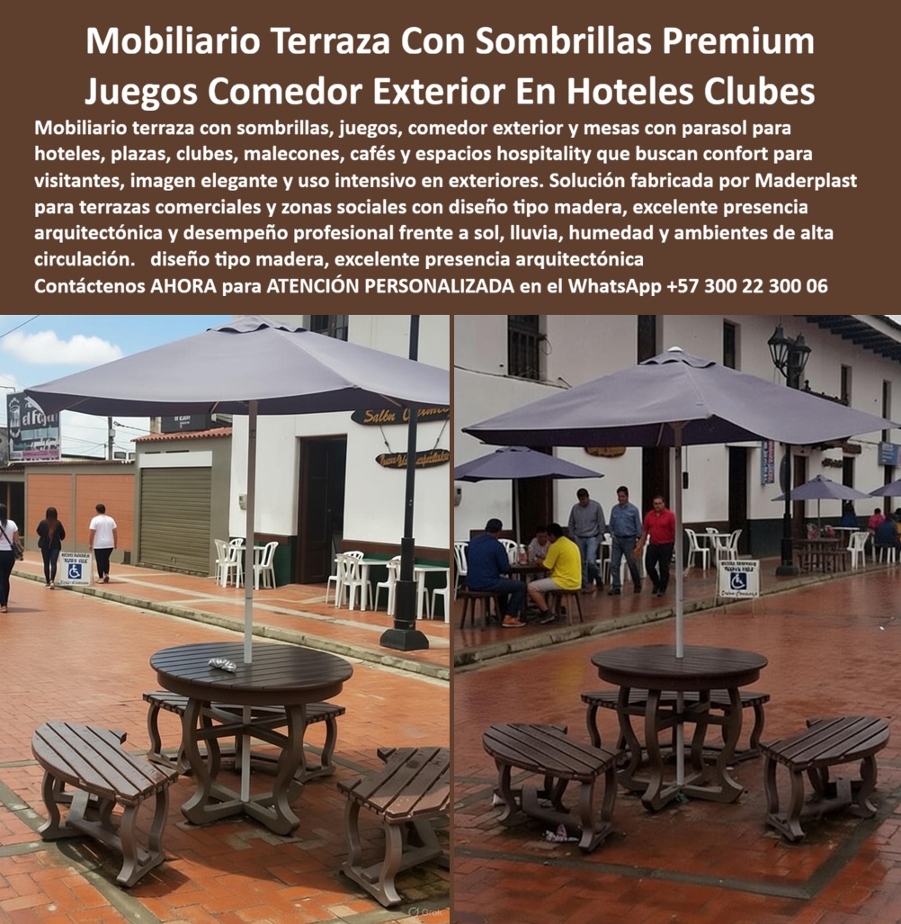 Mobiliario Terraza Con Sombrillas Juegos Comedor parasol Maderplast Mobiliario Terrazas Hoteleras Resistente Alta Durabilidad Juegos Comedor Con Sombrilla Plazas Hoteles Y Clubes Muebles Hoteleros Exterior Resistentes Sol Lluvia Humedad MOBILIARIO PARA TERRAZAS HOTELERAS CON SOMBRILLAS FABRICADO POR MADERPLAST  El mobiliario para terrazas hoteleras con sombrillas fabricado por Maderplast es una solución diseñada para hoteles, clubes, restaurantes, plazas gastronómicas, malecones turísticos, cafés al aire libre, complejos vacacionales y espacios comerciales que requieren áreas de reunión cómodas, elegantes y preparadas para funcionar permanentemente en exteriores. La imagen muestra un conjunto integrado de mesa circular, bancas ergonómicas y sombrilla central, creando un espacio ideal para compartir alimentos, reuniones informales, descanso y socialización en ambientes de alta circulación.  Uno de los principales desafíos del mobiliario exterior tradicional es su deterioro acelerado por la acción permanente del sol, la lluvia, la humedad y el uso intensivo diario. Por esta razón, administradores, hoteleros, arquitectos y operadores turísticos buscan mobiliario para terrazas hoteleras, juegos de comedor exterior con sombrilla, mesas para restaurantes al aire libre, mobiliario para plazas comerciales y conjuntos para zonas gastronómicas que conserven su apariencia y funcionalidad durante muchos años. Maderplast fabrica este tipo de soluciones para proyectos que buscan combinar estética, confort, resistencia y rentabilidad a largo plazo.  Su diseño tipo madera aporta una apariencia cálida y elegante que armoniza fácilmente con ambientes turísticos, arquitectónicos y comerciales. Los conjuntos pueden fabricarse en diferentes dimensiones, colores, configuraciones y capacidades, adaptándose a las necesidades específicas de hoteles, clubes sociales, restaurantes, parques temáticos, zonas de alimentación y espacios públicos de alto tráfico.  La incorporación de sombrillas mejora significativamente la experiencia de los usuarios al proporcionar zonas de sombra y confort térmico, permitiendo que las áreas exteriores sean aprovechadas durante más tiempo a lo largo del día. Esto convierte cada conjunto en una herramienta que mejora la funcionalidad del espacio y contribuye a incrementar la permanencia de los visitantes y clientes.  Maderplast fabrica mesas, bancas, sillas, conjuntos de comedor exterior, mobiliario urbano, zonas de descanso y soluciones arquitectónicas para exteriores, desarrolladas para operar en ambientes expuestos a radiación UV, humedad permanente, lluvia, salinidad costera y uso intensivo. Esto permite a hoteles, restaurantes y clubes contar con instalaciones de excelente presentación y larga vida útil.  Cuando arquitectos, constructores, administradores hoteleros y operadores turísticos buscan mobiliario para terrazas hoteleras, juegos de comedor exterior con sombrillas, mesas para plazas gastronómicas, mobiliario para restaurantes al aire libre, conjuntos para malecones turísticos o mobiliario exterior de alta durabilidad, encuentran en Maderplast un fabricante especializado capaz de diseñar, fabricar e instalar soluciones personalizadas para cada proyecto.  Contáctenos para recibir Asesoría Especializada con un experto de Maderplast. Solicite diseños personalizados, especificaciones técnicas, renders, propuestas y acompañamiento para hoteles, clubes, restaurantes, centros comerciales, malecones turísticos y proyectos institucionales. Atención personalizada WhatsApp +57 300 22 300 06. Maderplast fabrica mobiliario para terrazas hoteleras, juegos de comedor exterior, mesas con sombrillas, conjuntos para restaurantes y soluciones arquitectónicas diseñadas para ofrecer confort, elegancia y máxima durabilidad en exteriores.