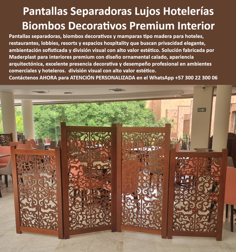 Pantallas Separadoras Biombos Madera Lujo Hotelería Maderplast Separadores Ambientes Termoplásticos Alta Durabilidad Separadores Espacios Decorativos Calados Hotel Resistentes Mamparas Ornamentales Tipo Madera Fácil Instalación Biombos  PANTALLAS SEPARADORAS Y BIOMBOS DECORATIVOS PARA HOTELERÍA: CUANDO LA DIVISIÓN DE ESPACIOS ES EN SÍ MISMA UNA OBRA DE ARTE Dividir un espacio en hotelería de alto estándar no es una decisión funcional: es una decisión arquitectónica. La diferencia entre una mampara industrial que separa áreas y un biombo decorativo calado que define ambientes con elegancia es exactamente la diferencia entre un hotel que cumple y un hotel que enamora. Las pantallas separadoras ornamentales tipo madera para lobbies, restaurantes y espacios hospitality fabricadas por Maderplast en polímero técnico termoplástico de alta densidad representan esa segunda categoría con una contundencia visual que la imagen confirma sin reservas: cuatro paneles articulados en tono caoba cálido, con calado ornamental de arabescos y volutas simétricas de precisión milimétrica, instalados en el restaurante de un hotel de categoría superior, creando una división visual de alto valor estético entre zonas sin interrumpir la luminosidad ni la amplitud percibida del espacio. El diseño calado no es decoración superficial aplicada sobre una estructura básica: es la estructura misma, mecanizada con precisión CNC sobre planchas de polímero técnico de espesor uniforme, con bordes internos perfectamente pulidos en cada recorte, sin rebabas, sin astillas, sin aristas cortantes. El tono caoba que muestra la imagen no es pintura ni laminado: es el color integral del material, lo que garantiza que un golpe lateral, el roce de una silla o el contacto con un objeto de limpieza no expone nunca una capa de color diferente por debajo ni genera una marca visible permanente. Esa propiedad técnica, invisible para el huésped que admira el biombo, es crítica para el jefe de mantenimiento que gestiona 200 habitaciones y no puede destinar personal a retoque de mobiliario decorativo cada trimestre. El arquitecto de interiores que especifica biombos decorativos premium para restaurantes y lobbies hoteleros enfrenta habitualmente una contradicción difícil: los materiales que logran el acabado visual requerido —madera tallada, MDF lacado, hierro forjado— son los mismos que generan los mayores costos de mantenimiento en ambientes de uso intensivo con variaciones de temperatura, humedad de climatización y tráfico continuo de personal de limpieza. La madera tallada se fisura con los ciclos de aire acondicionado. El MDF lacado pierde adherencia de la laca en zonas de contacto frecuente. El hierro forjado requiere tratamiento anticorrosivo periódico incluso en interiores con humedad ambiental controlada. Los separadores de ambientes termoplásticos de alta durabilidad de Maderplast resuelve esa contradicción de forma definitiva: apariencia de madera noble, desempeño de polímero técnico industrial. Sin fisuras por temperatura, sin pérdida de acabado superficial, sin oxidación, sin tratamiento periódico de ningún tipo, con una vida útil que supera en dos o tres ciclos completos a cualquiera de las alternativas convencionales. La modularidad del sistema permite configurar la instalación según las necesidades exactas del espacio: paneles independientes de pie con base estabilizadora, biombos articulados de dos a seis hojas, mamparas fijas ancladas a estructura o combinaciones mixtas que permiten reconfigurar el área según el tipo de evento o servicio. Cada pieza se fabrica sobre plano con las dimensiones, el patrón ornamental y el tono cromático que el proyecto de interiorismo requiera, con renders previos para aprobación de dirección artística y fichas técnicas detalladas para integración en especificaciones de obra. Maderplast diseña, fabrica e instala separadores de espacios decorativos calados para hotel con acompañamiento técnico completo desde la conceptualización hasta la puesta en operación. Para el gerente de compras que evalúa el costo total de propiedad, el cálculo es directo: un biombo de madera tallada de calidad comparable requiere entre dos y cuatro intervenciones de mantenimiento anuales en un ambiente hotelero de uso intensivo, con reposición parcial probable antes del quinto año. Las mamparas ornamentales tipo madera de fácil instalación de Maderplast no generan ninguno de esos costos. La inversión inicial es el único gasto real durante las siguientes dos décadas. Eso convierte cada pieza en un activo decorativo de largo plazo, no en un gasto operativo recurrente. Cuando el diseño y la durabilidad deben coexistir sin concesiones, Maderplast es la respuesta que los interioristas de alto nivel y los gerentes técnicos pueden defender juntos ante la misma dirección. Asesoría Especializada con un Especialista de Maderplast — Atención Personalizada en este WhatsApp: +57 300 22 300 06