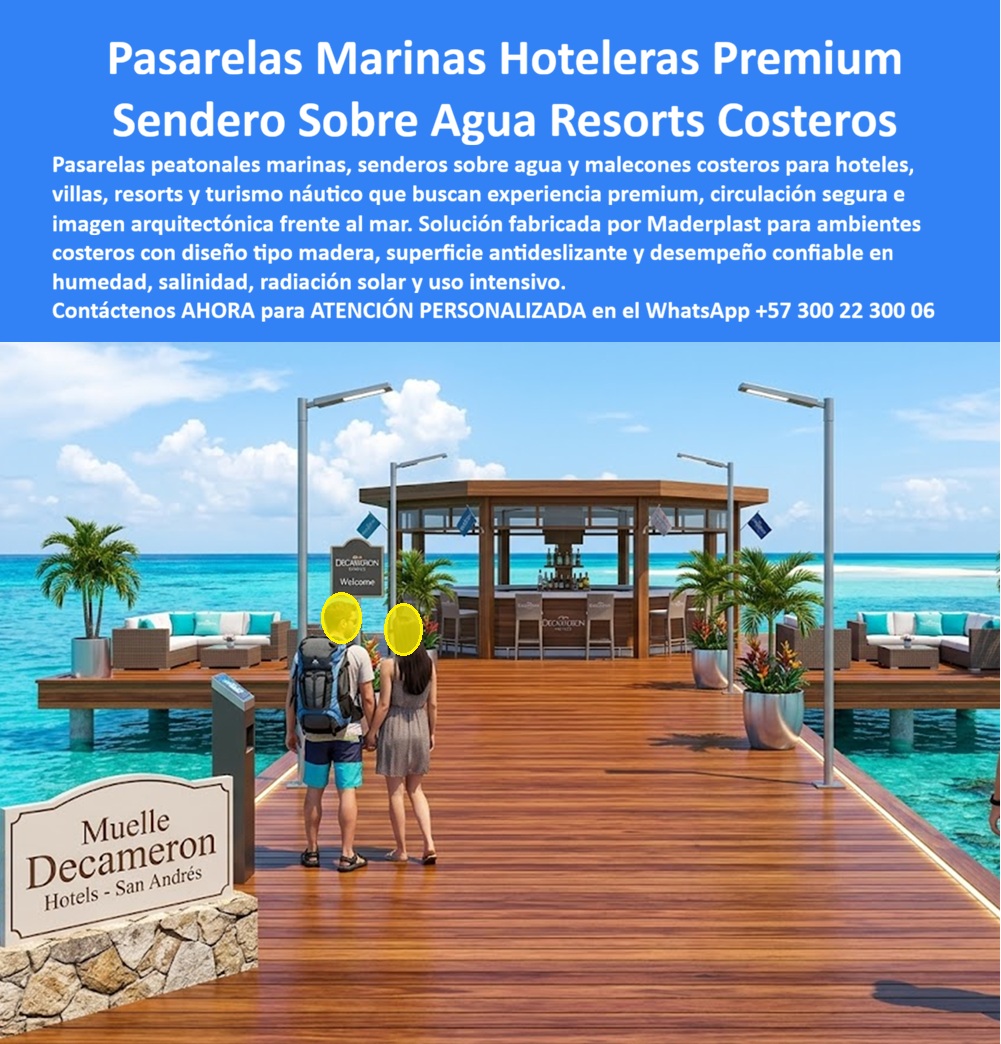 Pasarelas Peatonales Marinas Sendero Malecón Costero Maderplast Senderos Sobre Agua Para Villas Y Hoteles Costeros Sendero Elevado Hotelero Ecologico Antideslizante Libre Mantenimiento Pasos Elevados Turismo Pasar Marino Y Recreacional  Pasarelas Peatonales Marinas Sobre El Agua Que Resisten Salinidad Y Uso Intensivo Fabricadas Por Maderplast  Las pasarelas peatonales marinas, senderos elevados sobre el agua, malecones turísticos y corredores costeros fabricados por Maderplast fueron desarrollados para resolver uno de los mayores desafíos de hoteles, resorts, marinas, clubes náuticos y complejos turísticos frente al mar: construir infraestructura elegante, segura y durable en ambientes donde la humedad permanente, la salinidad y la radiación solar deterioran rápidamente los materiales tradicionales.  Maderplast fabrica pasarelas marinas, senderos costeros, malecones peatonales, plataformas panorámicas, puentes turísticos, muelles recreativos y corredores elevados con apariencia tipo madera natural, pero con la ventaja de no oxidarse, no pudrirse, no astillarse y no sufrir los problemas típicos de la madera convencional o de las estructuras metálicas expuestas al ambiente marino. Su superficie antideslizante contribuye a la seguridad de huéspedes y visitantes incluso en condiciones de humedad constante, lluvia o rocío marino.  Una de las mayores ventajas de estas soluciones es que Maderplast también fabrica la estructura inferior completa del sistema, incluyendo vigas, durmientes, pilotes, perfiles estructurales y elementos de soporte en material plástico de alta ingeniería. Esto permite eliminar riesgos asociados a corrosión interna, pudrición, ataques biológicos y deterioro acelerado causados por el agua salada, logrando proyectos más duraderos y con menores costos de mantenimiento a largo plazo.  Estas pasarelas son ampliamente utilizadas en hoteles frente al mar, villas turísticas, islas, clubes de playa, restaurantes costeros, marinas deportivas, parques ecoturísticos, complejos vacacionales y desarrollos inmobiliarios de alto nivel que buscan ofrecer experiencias memorables y una imagen arquitectónica diferenciadora. Además de mejorar la movilidad de los visitantes, crean espacios fotográficos altamente atractivos que incrementan el valor percibido del proyecto y fortalecen la experiencia del huésped.  Caso de éxito  En proyectos turísticos costeros donde la exposición permanente al ambiente marino había deteriorado repetidamente estructuras tradicionales, se implementaron pasarelas y plataformas fabricadas por Maderplast para mejorar la circulación peatonal y la experiencia de los visitantes. La solución permitió mantener una excelente apariencia arquitectónica frente al mar mientras reducía significativamente los costos asociados a reparación, corrosión y reposición de materiales afectados por la salinidad.  Testimonio de cliente  "Buscábamos una pasarela que pudiera permanecer frente al mar sin los problemas habituales de corrosión y deterioro. Después de varios años de operación, la estructura instalada por Maderplast continúa conservando su apariencia, estabilidad y seguridad. Nuestros huéspedes la utilizan constantemente y sigue siendo uno de los espacios más fotografiados y valorados del complejo."  Por estas razones, las pasarelas peatonales marinas fabricadas por Maderplast se han convertido en una de las soluciones preferidas para hoteles, resorts, clubes náuticos, malecones turísticos, senderos costeros, plataformas panorámicas y desarrollos recreativos que requieren máxima durabilidad, excelente presentación y comportamiento confiable en ambientes de alta salinidad y humedad permanente.  Contáctenos AHORA para la ATENCIÓN PERSONALIZADA de Maderplast en el WhatsApp +57 300 22 300 06.