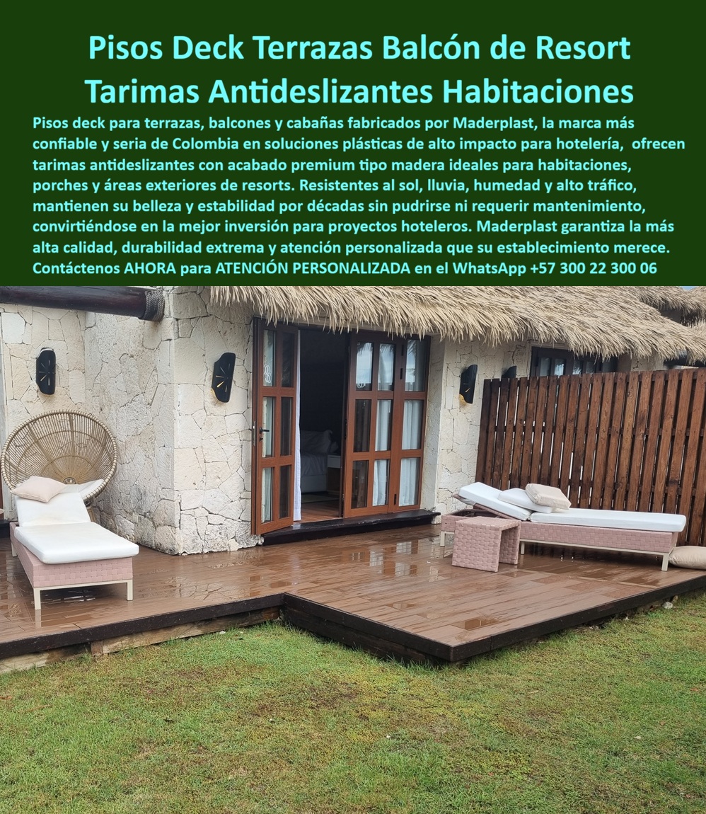Piso Terraza Balcón Cabaña Resort Porches Suelo Deck Maderplast Tarima Deck Terrazas Habitación Hotelera Antideslizante Libre Mantenimiento Suelos Para Exteriores Hotel Eternos Alta Durabilidad Entarimado Patio Trasero Habitación Hotel  DECKS Y TARIMAS PARA TERRAZAS HOTELERAS: LA INVERSIÓN QUE TRANSFORMA UN RESORT EN UNA EXPERIENCIA INOLVIDABLE La primera impresión de un huésped no comienza en el lobby: comienza en el momento en que sus pies tocan la terraza de su cabaña y siente bajo ellos una superficie cálida, firme, estéticamente impecable, que transmite lujo sin esfuerzo. Ese instante define la calificación del establecimiento en las plataformas de reservas, la recomendación verbal del cliente y el retorno de la inversión hotelera. Los decks plásticos tipo madera para terrazas de resort, fabricados por Maderplast con polímero técnico de alta densidad, están diseñados precisamente para crear ese momento, y sostenerlo durante más de 20 años sin una sola intervención de mantenimiento. La imagen lo dice todo con la contundencia que solo da la realidad instalada: una plataforma flotada en tono caoba cálido, tablillas ensambladas con precisión milimétrica, superficie antideslizante activa bajo lluvia intensa, bordes pulidos y color homogéneo que no se destiñe, no se astilla y no se degrada. Frente a una cabaña de techo de palma con paredes de piedra natural, el entarimado exterior hotelero Maderplast no compite con el entorno: lo complementa y lo eleva. Ese acabado premium tipo madera no es madera. Es un perfil plástico de ingeniería que supera a la madera en todo lo que importa para la operación hotelera real: impermeabilidad total, resistencia certificada al salitre marino, inmunidad a los rayos UV, cero absorción de humedad, cero pudrición, cero colonización por insectos y cero costo de mantenimiento anual. El gerente de proyectos que ha lidiado con pisos exteriores de hotel que se deterioran en dos temporadas conoce el ciclo frustrante: madera tratada que se agrieta con el sol, WPC importado que se decolora con la salinidad, cerámicas antideslizantes que se fracturan bajo tráfico intenso, estructuras metálicas que oxidan y manchan las áreas adyacentes. Cada reposición consume entre el 15% y el 22% del presupuesto operativo anual de mantenimiento, genera quejas estéticas de huéspedes, deteriora la imagen del establecimiento y, lo más costoso de todo, interrumpe la operación. Los suelos flotadores tipo madera plástica para exteriores de resort de Maderplast eliminan ese ciclo de raíz. La inversión inicial se convierte en el último gasto que hará en ese piso por las próximas dos décadas. La evidencia técnica respalda cada afirmación: pruebas de laboratorio extremas disponibles en el canal oficial de YouTube de Maderplast muestran los materiales sometidos a retroexcavadora, rotomartillo y mazo de construcción sin colapso estructural. Las fichas técnicas con planos acotados en milímetros, detalles de anclaje y certificados de resistencia están disponibles para descarga inmediata, listas para adjuntarse a especificaciones de obra o pliegos de licitación. Cuando un ingeniero jefe de compras necesita un documento que respalde su decisión ante la dirección, Maderplast lo tiene preparado. Eso no es venta: es soporte técnico profesional que elimina el riesgo percibido y acelera la firma de la orden de compra. Los pisos deck para balcones de hotel resistentes al salitre y UV, las tarimas antideslizantes para porches de cabaña turística, los suelos perimetrales de piscina inoxidables y los entarimados de patio trasero para habitaciones hoteleras que produce Maderplast se fabrican a medida, sobre plano, con renders previos para aprobación y acompañamiento técnico desde el anteproyecto hasta la puesta en marcha llave en mano. El color integral del material garantiza que no se pela ni requiere repintura. La baja huella de carbono —inferior a 0.77 -- posiciona estos productos como solución compatible con certificaciones sostenibles LEED y EDGE, un argumento creciente en los proyectos hoteleros de alto estándar. Comparar el precio de un deck Maderplast con el de una alternativa convencional sin considerar el costo total de propiedad es el error más caro que puede cometer un comprador técnico. Un piso que falla en tres años y exige reposición, más mantenimiento anual, más pérdida de imagen, más quejas de huéspedes, termina costando entre tres y cinco veces más que una solución definitiva instalada correctamente desde el primer día. Los demás productos, aunque los ofrezcan sin costo, resultan carísimos al sumar sus consecuencias reales. Maderplast fabrica en Colombia para proyectos hoteleros nacionales e internacionales. Cotización personalizada, muestras físicas, planos técnicos y asesoría de ingeniería disponibles de inmediato. Asesoría Especializada con un Especialista de Maderplast — Atención Personalizada en este WhatsApp: +57 300 22 300 06