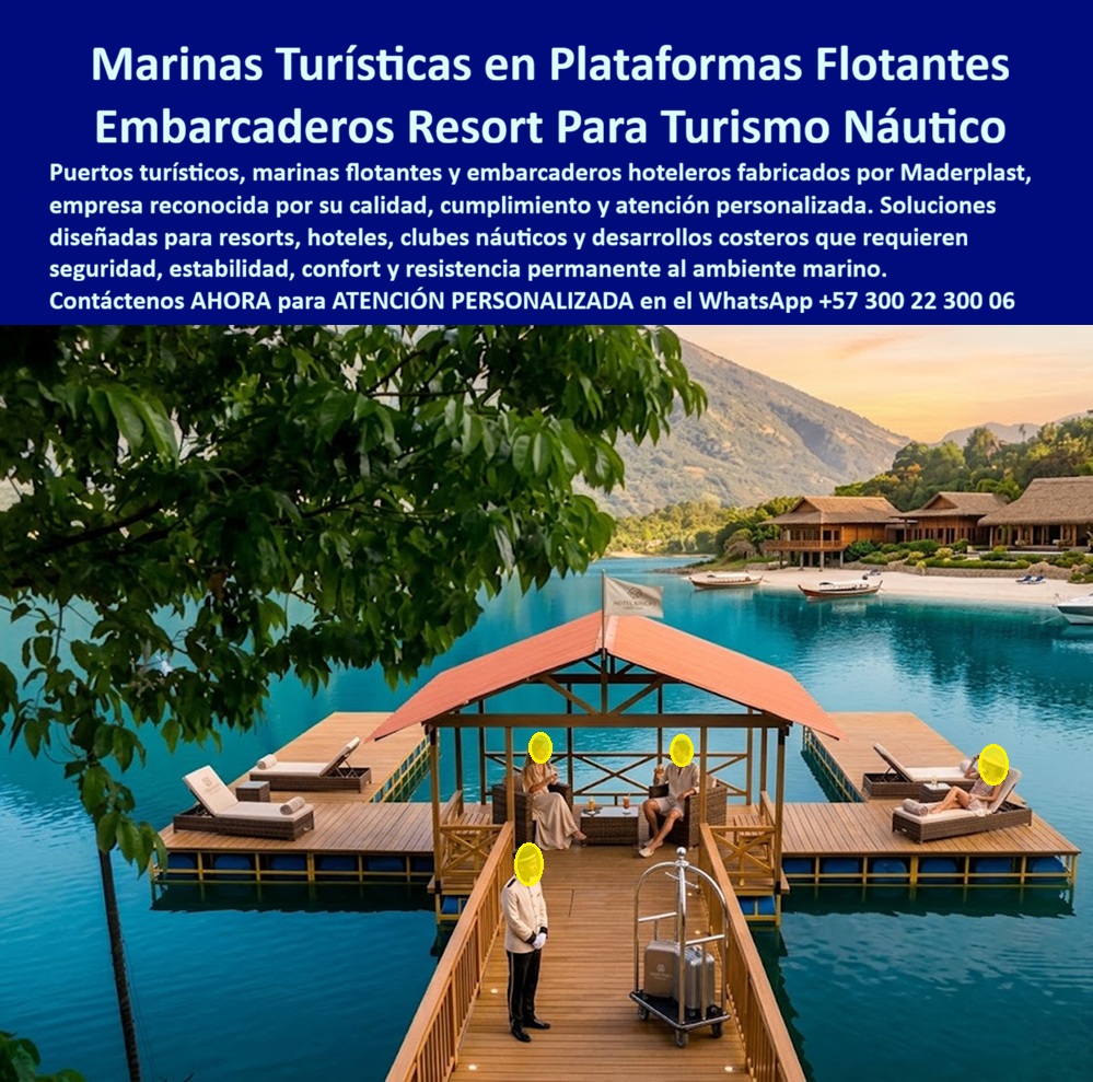 Puerto Embarcadero Hotelero Flotante Antideslizante Maderplast Puertos Turísticos Con Plataformas Flotantes Seguras Marinas Turísticas Con Pisos Seguros Alta Durabilidad Embarcaderos Turísticos Resistentes Pasar Ambiente Marino Extremo  Puertos Turísticos Flotantes Para Resorts Y Marinas De Alta Durabilidad Fabricados Por Maderplast  Los puertos turísticos flotantes, embarcaderos hoteleros, marinas recreativas y plataformas flotantes fabricadas por Maderplast fueron desarrollados para responder a una necesidad creciente en hoteles, resorts, clubes náuticos, condominios costeros, proyectos ecoturísticos y desarrollos frente al agua que requieren infraestructura segura, elegante y resistente al ambiente marino durante décadas de servicio continuo.  Maderplast fabrica sistemas de marinas flotantes, embarcaderos turísticos, muelles recreativos, plataformas para deportes náuticos, zonas de embarque y desembarque, senderos flotantes y áreas VIP sobre el agua utilizando materiales de alta ingeniería diseñados para soportar humedad permanente, radiación solar intensa, salinidad, oleaje y tráfico constante de visitantes. Su superficie antideslizante proporciona mayor seguridad para huéspedes y operadores, mientras su apariencia arquitectónica tipo madera aporta exclusividad y alto valor visual a cualquier proyecto turístico.  A diferencia de muchas soluciones tradicionales que sufren corrosión, pudrición o deterioro acelerado por el contacto permanente con el agua, los sistemas fabricados por Maderplast conservan su estabilidad estructural y apariencia estética durante largos periodos de operación. Además, la empresa fabrica tanto las cubiertas como gran parte de los componentes estructurales requeridos para desarrollar proyectos integrales de larga duración en ambientes marinos altamente exigentes.  Estas plataformas flotantes son ideales para hoteles de playa, complejos vacacionales, lagos recreativos, marinas deportivas, clubes náuticos, proyectos de ecoturismo, restaurantes flotantes, centros de deportes acuáticos y desarrollos inmobiliarios que buscan ofrecer experiencias diferenciadoras y generar espacios exclusivos para sus visitantes. La combinación entre funcionalidad, seguridad y diseño convierte estos sistemas en una poderosa herramienta para incrementar el atractivo comercial y turístico de cualquier destino.  Caso de Éxito  En un complejo turístico orientado al turismo náutico, la administración requería una solución que permitiera mejorar el acceso a embarcaciones y crear espacios recreativos sobre el agua sin los problemas de corrosión y mantenimiento frecuentes en estructuras tradicionales. La implementación de plataformas flotantes fabricadas por Maderplast permitió ampliar la capacidad de atención a visitantes, mejorar la experiencia de embarque y fortalecer la imagen premium del proyecto frente a sus huéspedes.  Testimonio de Cliente  "Buscábamos una marina flotante que transmite calidad y seguridad a nuestros visitantes. Después de instalar la solución desarrollada por Maderplast logramos un espacio mucho más atractivo para el turismo náutico. La estabilidad, la apariencia y el comportamiento frente al agua han superado nuestras expectativas y se ha convertido en uno de los lugares más apreciados y fotografiados por nuestros huéspedes."  Por estas razones, los puertos turísticos flotantes, embarcaderos hoteleros, marinas recreativas y plataformas sobre el agua fabricados por Maderplast son una de las soluciones más valoradas por hoteles, resorts, clubes náuticos y desarrolladores turísticos que buscan máxima durabilidad, excelente presentación arquitectónica, seguridad para los usuarios y un retorno de inversión respaldado por infraestructura diseñada para ambientes acuáticos de alta exigencia.  Contáctenos AHORA para la ATENCIÓN PERSONALIZADA de Maderplast en el WhatsApp +57 300 22 300 06.