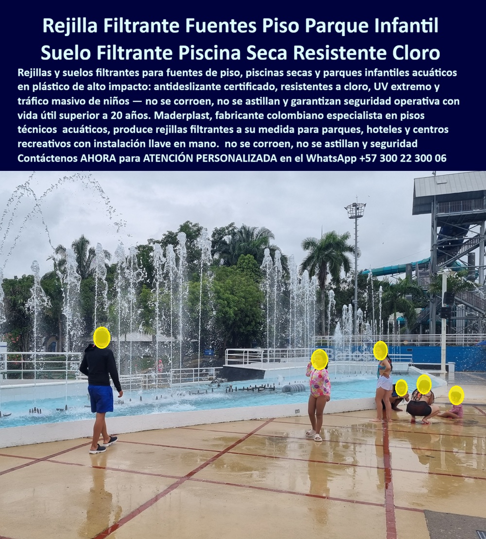 Rejillas Filtrantes Alta Resistencia Cloro Sol Humedad Filtros Maderplast Rejillas Filtrantes Parques Acuáticos Sin Mantenimiento Rejillas Filtrantes Piscinas Secas Y Fuentes De Piso Suelos Filtrantes Para Parque Infantiles Alta Rejilla  REJILLAS FILTRANTES PARA PISCINAS SECAS Y PARQUES INFANTILES ACUÁTICOS: SEGURIDAD TÉCNICA DONDE EL USUARIO MÁS VULNERABLE LO EXIGE TODO Un parque acuático infantil no es un espacio donde la exigencia técnica del piso pueda negociarse con argumentos de costo inicial. Es el único ambiente donde el usuario final es un niño descalzo corriendo a máxima velocidad sobre una superficie permanentemente mojada, rodeado de chorros de agua a presión que emergen desde el suelo, con tráfico masivo simultáneo y supervisión adulta limitada. En ese contexto, una rejilla filtrante que astilla, que desarrolla bordes cortantes por corrosión progresiva, que pierde nivel por deformación térmica o que falla estructuralmente bajo carga dinámica no es un problema de mantenimiento: es un problema de responsabilidad civil con consecuencias legales directas para el operador del parque. Las rejillas filtrantes para fuentes de piso, piscinas secas y parques infantiles acuáticos fabricadas por Maderplast en polímero técnico de alto impacto elimina ese riesgo de forma absoluta y verificable, respaldadas por pruebas de laboratorio certificadas que el ingeniero proyectista puede revisar antes de firmar la especificación. La imagen muestra el entorno real de operación sin atenuantes: una zona de fuentes de piso en un parque acuático de gran aforo, con superficie completamente inundada por el caudal simultáneo de decenas de chorros verticales, niños de distintas edades transitando libremente sobre el piso húmedo en distintas direcciones, y la estructura de toboganes de alto rendimiento al fondo como referencia de la categoría técnica del establecimiento. El suelo filtrante para parque infantil acuático en esa instalación debe cumplir simultáneamente antideslizamiento certificado bajo lámina de agua, drenaje inmediato del caudal de las fuentes sin acumulación de charcos que incrementen el riesgo de caída, resistencia química total al cloro y los aditivos de tratamiento del agua, y ausencia absoluta de bordes, aristas o protuberancias que representen riesgo de corte o abrasión para piel infantil descalza. El polímero técnico Maderplast cumple cada una de esas condiciones con un margen de desempeño que las rejillas metálicas y los materiales cerámicos convencionales no alcanzan en condiciones de uso intensivo continuo. El Ing. Rodrigo Bermúdez, Director Técnico del Parque Acuático Splash Planet en Medellín, lo documenta desde tres temporadas completas de operación: "Cuando renovamos la zona de fuentes infantiles teníamos un problema técnico y uno legal. El diagnóstico técnico era que las rejillas metálicas anteriores desarrollaban oxidación superficial antes del segundo año, generando manchas en el piso y bordes que el equipo de mantenimiento tenía que revisar semanalmente por riesgo de corte. El legal era que cualquier accidente en esa zona con un menor de edad nos exponía a demandas donde el estado del piso sería el primer elemento de análisis. Con Maderplast instalamos 420 metros cuadrados de rejilla filtrante plástica de alto impacto en la zona de fuentes y piscina seca. Tres temporadas después no hemos tenido un solo incidente de seguridad relacionado con el piso, el mantenimiento se redujo a limpieza con agua a presión dos veces por semana, y en la última auditoría de seguridad el inspector de la aseguradora calificó el área como la de menor riesgo físico del parque. Eso no tiene precio cuando estás operando con niños. Le digo a cualquier operador de parque acuático que siga usando rejillas metálicas en zonas infantiles: están asumiendo un riesgo técnico, legal y reputacional que Maderplast elimina completamente desde el primer día de instalación." Las rejillas filtrantes para parques acuáticos sin mantenimiento de Maderplast se fabrican a medida sobre plano, con antideslizante certificado, resistencia total a cloro, UV extremo y carga dinámica peatonal intensa, instalación llave en mano y fichas técnicas disponibles para auditorías de seguridad y procesos de licitación. Cuando el usuario es un niño, la seguridad no es un atributo opcional del producto: es el producto mismo. Asesoría Especializada con un Especialista de Maderplast — Atención Personalizada en este WhatsApp: +57 300 22 300 06