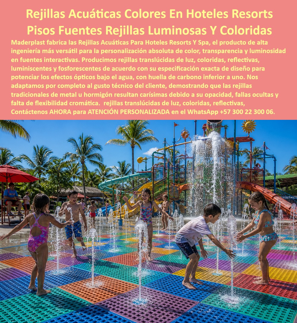 Rejillas Filtrantes Parques Acuáticos Piso Fuentes Interactivas Maderplast Rejillas Acuáticas Para Hoteles Resorts Y Spa Rejillas Acuáticas Decorativas Sendero Hotel Lujo Antideslizante Libre Corrosión Rejillas Para Parques Acuáticos AA  Rejillas Filtrantes Para Parques Acuáticos y Fuentes Interactivas Fabricadas Por Maderplast Que Transforman El Agua En Un Espectáculo De Color, Seguridad y Diversión  Las rejillas filtrantes para parques acuáticos, fuentes interactivas, zonas splash, senderos de agua, plazas húmedas y espacios recreativos fabricadas por Maderplast fueron desarrolladas para proyectos que buscan mucho más que un simple sistema de drenaje. Estas rejillas convierten el piso acuático en un elemento arquitectónico protagonista, capaz de aportar color, iluminación, seguridad y experiencias memorables para visitantes de todas las edades.  Maderplast fabrica rejillas acústicas personalizadas para hoteles, resorts, parques temáticos, clubes recreativos, centros vacacionales, cajas de compensación, municipios y proyectos turísticos que desean diferenciarse mediante espacios interactivos visualmente impactantes. Cada sistema puede producirse en múltiples colores, combinaciones cromáticas, acabados translúcidos, efectos luminosos, superficies reflectivas, materiales luminiscentes o configuraciones especiales diseñadas para integrarse con sistemas de iluminación LED y espectáculos de agua.  Además de su impacto visual, estas rejillas ofrecen excelente capacidad de drenaje, superficie antideslizante, resistencia al cloro, rayos UV, humedad permanente y tránsito peatonal intensivo. No se oxidan, no se corroen, no se astillan y conservan su apariencia incluso bajo exposición continua al agua y al sol. Esto las convierte en una solución ideal para zonas donde miles de usuarios circulan diariamente y donde la seguridad debe mantenerse sin afectar la estética del proyecto.  Las rejillas acuáticas Maderplast permiten desarrollar senderos interactivos, plazas de agua, juegos infantiles, fuentes danzantes, parques de chorros, espacios temáticos y zonas recreativas que generan experiencias altamente compatibles en redes sociales, aumentando el atractivo turístico y la permanencia de los visitantes dentro de las instalaciones.  Un caso de éxito se presentó en un complejo recreativo familiar que buscaba renovar su zona splash para incrementar la interacción de los niños y mejorar la imagen del parque. Después de instalar las rejillas filtrantes de colores fabricadas por Maderplast, el área se convirtió en uno de los espacios más visitados y fotografiados del establecimiento. La administración destacó que el nuevo diseño mejoró significativamente la experiencia de los usuarios mientras reducía las necesidades de mantenimiento asociadas a materiales convencionales.  Según el director operativo del proyecto:  "Necesitábamos una solución que fuera segura para los niños, resistente al uso intensivo y visualmente espectacular. Las rejillas fabricadas por Maderplast transformaron completamente la zona interactiva. Los colores siguen conservando su atractivo, el drenaje funciona perfectamente y hoy es uno de los espacios favoritos de nuestros visitantes."  Por esta razón, arquitectos paisajistas, diseñadores de parques acuáticos, operadores turísticos, administradores hoteleros e ingenieros especializados encuentran en Maderplast una solución que combina funcionalidad hidráulica, seguridad peatonal y alto impacto visual en un mismo producto. Cuando el objetivo es crear espacios acuáticos memorables que atraigan visitantes y fortalezcan la imagen del proyecto, las rejillas filtrantes personalizadas fabricadas por Maderplast representan una alternativa de alto valor y larga duración.  Contáctenos AHORA para la ATENCIÓN PERSONALIZADA de Maderplast en el WhatsApp +57 300 22 300 06.