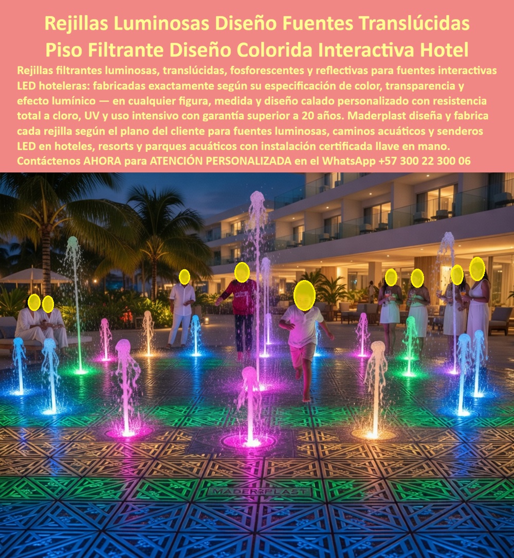 Rejillas Filtrantes Parques Acuáticos Piso Fuentes Interactivas Maderplast Rejillas Filtrantes Caminos Acuáticos Y Fuentes LED Rejillas Caminos Senderos Fuentes Coloridas Filtrantes Duraderas Sumideros Circulares Fuentes Decorativas Luz  REJILLAS LUMINOSAS PARA FUENTES INTERACTIVAS: CUANDO EL PISO SE CONVIERTE EN EL ESPECTÁCULO Existe un momento en la experiencia de un resort que ningún folleto publicitario puede fabricar y que ningún presupuesto de marketing puede comprar: el instante en que un niño cruza corriendo un piso iluminado con chorros de agua de colores que brotan desde el suelo mientras sus padres lo fotografían desde las tumbonas del área social. Ese momento se vuelve viral en segundos, llena las redes sociales del establecimiento orgánicamente y construye el tipo de reputación que convierte visitantes ocasionales en huéspedes recurrentes. Las rejillas filtrantes luminosas y translúcidas para fuentes interactivas LED hoteleras fabricadas por Maderplast son la infraestructura que hace posible ese momento, noche tras noche, temporada tras temporada, sin una sola falla técnica que interrumpa la experiencia. La imagen muestra el producto en operación real con una contundencia que elimina cualquier necesidad de argumento adicional: un piso completamente cubierto con módulos de rejilla calada Maderplast en diseño geométrico de rombos y estrella, fabricados en polímero translúcido que transmite y amplifica la luz LED instalada bajo la superficie, generando destellos en azul, verde, rosa y amarillo que transforman el área de juegos acuáticos en una instalación lumínica interactiva de alto impacto visual. Los chorros de agua emergen directamente a través de los orificios de la rejilla, el agua escurre por el calado hacia el sistema de recirculación y el piso permanece transitable, antideslizante y estéticamente impecable incluso completamente mojado y bajo tráfico intenso de usuarios descalzos. La marca Maderplast aparece grabada en los propios módulos, visible en la imagen, señal de una fabricación industrial de precisión donde cada pieza es trazable hasta su origen. El diseñador de experiencias acuáticas que especifica este tipo de instalación necesita un fabricante que resuelva simultáneamente tres exigencias que raramente coexisten en un solo producto: transparencia óptica suficiente para transmitir la luz LED sin distorsión cromática, resistencia estructural para soportar carga peatonal dinámica sin deformación del plano de pisada, y compatibilidad química total con el cloro, los aditivos de tratamiento del agua y la exposición UV en operación nocturna y diurna continua. El polímero técnico translúcido de alto impacto con que Maderplast fabrica sus rejillas filtrantes para caminos acuáticos y senderos LED cumple las tres condiciones simultáneamente, con vida útil certificada superior a veinte años y garantía que ningún proveedor de rejillas genéricas del mercado está en condiciones de ofrecer con respaldo técnico verificable. El Arq. Valentina Ospina, Directora de Diseño de Experiencias del Grupo Hotelero Caribe Vivo, describe su experiencia con precisión técnica y comercial: "Llevábamos dos proyectos de fuentes interactivas con rejillas importadas que prometían translucidez y resistencia, y en ambos casos el material empezó a amarillear con el UV antes del primer año, perdiendo el efecto lumínico que justificaba toda la inversión en el sistema LED. Con Maderplast fue completamente distinto: nos enviaron muestras físicas con prueba de transmisión de luz, nos mostraron los resultados de resistencia UV en laboratorio y fabricaron los módulos con el calado exacto que nuestro sistema hidráulico requería para el caudal de cada boquilla. Instalamos 280 metros cuadrados en el área de fuentes interactivas del resort. Dos temporadas después el efecto lumínico es idéntico al día de inauguración, el mantenimiento se reduce a limpieza superficial y los huéspedes siguen publicando videos del área todas las noches. Ninguna otra inversión en el resort ha generado tanto contenido orgánico en redes sociales como ese piso. Maderplast no nos vendió una rejilla: nos fabricó una atracción." Los sumideros circulares y rejillas para fuentes decorativas con luz de Maderplast se diseñan sobre plano, en cualquier figura, medida y patrón de calado que el proyecto requiera, con instalación certificada llave en mano y soporte técnico desde el anteproyecto hasta la puesta en marcha. Cuando el piso es el espectáculo, solo Maderplast tiene la ingeniería para sostenerlo. Asesoría Especializada con un Especialista de Maderplast — Atención Personalizada en este WhatsApp: +57 300 22 300 06