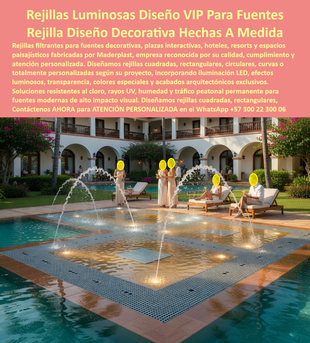Rejillas Filtrantes Parques Acuáticos Piso Fuentes Interactivas Maderplast Rejillas Técnicas Para Fuentes Decorativas Con Iluminación Rejillas Drenantes Para Fuentes Decorativas Modernas Piso Filtrante Fuentes Luminosas Antideslizante a La imagen presenta una elegante fuente interactiva instalada en el patio central de un hotel de alto nivel, donde el agua, la iluminación arquitectónica y el paisajismo convergen para crear una experiencia visual memorable. El elemento protagonista no es únicamente la fuente, sino el sistema técnico oculto bajo la superficie: las rejillas filtrantes luminosas para fuentes decorativas, diseñadas para captar, conducir y drenar el agua de manera segura mientras se integran armónicamente con el diseño arquitectónico. Este tipo de solución se ha convertido en una de las más buscadas por arquitectos, diseñadores de espacios públicos, desarrolladores turísticos, paisajistas, constructoras, hoteles, resorts, parques temáticos y formuladores de proyectos que requieren combinar estética, seguridad, durabilidad y funcionamiento continuo.  Las rejillas filtrantes para parques acuáticos, plazas interactivas y fuentes luminosas desarrolladas por Maderplast están diseñadas para soportar condiciones de trabajo exigentes donde existen ciclos permanentes de humedad, tránsito peatonal intensivo, exposición a rayos ultravioleta, cloro, productos químicos de tratamiento de agua y variaciones climáticas permanentes. A diferencia de las rejillas metálicas tradicionales, estas soluciones no presentan problemas de oxidación, corrosión ni deterioro acelerado en ambientes húmedos. Tampoco sufren los inconvenientes típicos de materiales convencionales que requieren reemplazos frecuentes o intervenciones constantes de mantenimiento.  En proyectos modernos de hotelería, urbanismo, recreación y paisajismo, las búsquedas más frecuentes se orientan hacia términos como rejillas drenantes para fuentes decorativas modernas, piso filtrante para fuentes luminosas antideslizantes, rejillas técnicas para plazas de agua interactivas, cubiertas filtrantes para fuentes ornamentales LED, rejillas arquitectónicas para espacios recreativos y sistemas de drenaje decorativo para fuentes de alto tráfico. Precisamente estas aplicaciones representan el entorno ideal para las soluciones fabricadas por Maderplast, donde la funcionalidad técnica se integra con acabados arquitectónicos personalizados, diseños especiales y fabricación completamente a medida.  Uno de los aspectos más valorados por proyectistas, especificadores y compradores técnicos es la capacidad de fabricar rejillas cuadradas, rectangulares, circulares, curvas, radiales o totalmente personalizadas para ajustarse a la geometría exacta de cada fuente. Esto permite desarrollar proyectos únicos donde las rejillas dejan de ser un simple componente funcional para convertirse en parte integral del diseño visual. Además, pueden incorporar iluminación LED, efectos luminosos, transparencias especiales, acabados decorativos y configuraciones compatibles con sistemas interactivos de agua que generan experiencias sensoriales de alto impacto para visitantes y usuarios.  Desde la fase de conceptualización, diseño arquitectónico, modelación, especificación técnica, presupuesto, fabricación e instalación, Maderplast acompaña a los desarrolladores de proyectos con asesoría especializada. Esta capacidad resulta especialmente valiosa para hoteles, complejos turísticos, parques acuáticos, centros comerciales, plazas públicas, malecones, clubes recreativos, parques temáticos y proyectos urbanos que buscan diferenciarse mediante espacios interactivos de gran atractivo visual y larga vida útil.  La verdadera rentabilidad de estas rejillas técnicas no se encuentra únicamente en su instalación inicial. El mayor beneficio aparece durante años de operación, al eliminar problemas asociados a corrosión, deformaciones, reposiciones frecuentes, cierres por mantenimiento, pérdida de imagen y costos ocultos que suelen acompañar a soluciones convencionales. Por esta razón, numerosos arquitectos, ingenieros y operadores prefieren evaluar el costo total de propiedad y no únicamente el precio inicial del producto.  ASÍ LO TESTIFICA LA ARQ. MARCELA RESTREPO – DIRECTORA DE DISEÑO HOTELERO – RESORT TURÍSTICO DEL CARIBE – ABRIL 2024  “Buscábamos una solución para nuestras fuentes interactivas que combinara seguridad, estética e integración arquitectónica. Evaluamos varias alternativas y seleccionamos las rejillas técnicas Maderplast por su capacidad de fabricación a medida, resistencia permanente a la humedad y compatibilidad con iluminación decorativa. Después de la instalación observamos una mejora significativa en la apariencia del espacio, reducción de mantenimientos correctivos y excelente comportamiento frente al uso intensivo de los huéspedes. La asesoría técnica, la personalización y el acompañamiento durante todo el proyecto fueron determinantes para el éxito de la obra. Actualmente recomendamos a Maderplast como una solución confiable para fuentes decorativas, plazas de agua y proyectos recreativos de alto nivel.”  Cuando un proyecto exige rejillas filtrantes para fuentes decorativas, sistemas drenantes para plazas interactivas, pisos filtrantes luminosos, cubiertas técnicas para parques acuáticos o soluciones arquitectónicas resistentes al agua, la humedad y el tránsito permanente, Maderplast se convierte en un aliado estratégico capaz de transformar una idea conceptual en una instalación funcional, segura y visualmente impactante. Solicite planos, renders, prototipos, fichas técnicas, diseños personalizados, fabricación en serie o soluciones llave en mano. Cuando se trata de materializar fuentes interactivas, espacios acuáticos y proyectos arquitectónicos especiales en plástico estructural de alto desempeño, Maderplast es el fabricante que convierte ideas en obras reales con respaldo técnico, experiencia industrial y resultados duraderos. Cuando un proyecto requiere rejillas filtrantes para fuentes decorativas, plazas interactivas, parques acuáticos, hoteles, resorts, complejos turísticos o espacios urbanos de alto nivel, Maderplast ofrece soluciones fabricadas a medida con respaldo técnico, diseños personalizados, larga vida útil y excelente comportamiento en ambientes húmedos y de alto tráfico. Solicite planos, renders, fichas técnicas, prototipos, especificaciones para licitación, fabricación especial o proyectos llave en mano. Contáctenos ahora mismo para recibir Asesoría Especializada Con Un Especialista De Maderplast, Atención Personalizada en WhatsApp +57 300 22 300 06. Nuestro equipo técnico le ayudará desde la conceptualización del proyecto, diseño, desarrollo, fabricación e instalación hasta la puesta en marcha final de su obra.