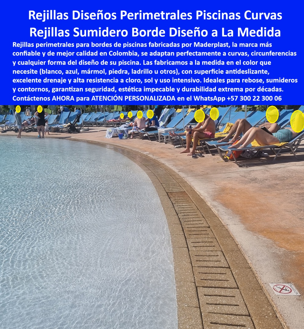 Rejillas Plástica De Orillas Y Fondos De Piscinas Maderplast Rejillas Orillas Piscinas Uso Intensivo Hotelero Rejillas Filtrantes Piso Acuático Alto Flujo Hidráulico Rejilla Filtrante Perimetro Piscina Resort Duradera Resistente UV Sol  Rejillas Perimetrales Para Piscinas Curvas Fabricadas Por Maderplast Que Eliminan Problemas De Drenaje Y Conservan La Estética Del Proyecto  Las rejillas plásticas para orillas, reboses, sumideros y perímetros de piscinas fabricadas por Maderplast fueron desarrolladas para proyectos hoteleros, parques acuáticos, centros vacacionales, clubes sociales, condominios, piscinas olímpicas y complejos turísticos que requieren una solución segura, duradera y visualmente integrada con el diseño arquitectónico. Su principal ventaja es la capacidad de adaptarse a curvas, radios, circunferencias y formas especiales, permitiendo construir bordes de piscina impecables donde las rejillas convencionales rectas simplemente no funcionan.  Maderplast fabrica rejillas filtrantes a la medida para canales de rebose, drenajes perimetrales, piscinas de formas libres, piscinas tipo playa, lagunas artificiales, fuentes interactivas y proyectos acuáticos de alto nivel. Cada pieza puede producirse en diferentes colores y acabados arquitectónicos, incluyendo tonos blanco, azul, arena, mármol, piedra o ladrillo, logrando una integración visual superior con el entorno.  Además de su excelente capacidad hidráulica para evacuar grandes volúmenes de agua, estas rejillas ofrecen superficie antideslizante, resistencia permanente a cloro, rayos UV, humedad continua y tránsito intensivo de usuarios. No se oxidan, no se corroen, no se pudren y mantienen su apariencia durante años incluso en ambientes de alta exposición solar y uso permanente.  Para hoteles y resorts, la seguridad alrededor de la piscina es una prioridad. Por eso las rejillas Maderplast son diseñadas para minimizar riesgos de tropiezos, facilitar la evacuación del agua superficial y mantener áreas más seguras para huéspedes, niños y personal de operación. Su fabricación modular también simplifica futuras intervenciones técnicas, inspecciones hidráulicas y mantenimientos preventivos.  Un caso de éxito se presentó en un complejo turístico que contaba con una piscina de diseño curvo tipo playa donde las soluciones convencionales generaban problemas de ajuste, deterioro estético y frecuentes reemplazos. Después de instalar las rejillas perimetrales fabricadas por Maderplast, el proyecto logró un acabado uniforme alrededor de toda la piscina, mejorando el drenaje superficial y eliminando los problemas de adaptación que anteriormente afectan la apariencia del borde. La administración destacó especialmente la estabilidad dimensional y la permanencia del acabado pese a la exposición constante al cloro, la radiación solar y el alto flujo de visitantes.  Según el responsable técnico del proyecto:  "Necesitábamos una rejilla que siguiera exactamente las curvas de la piscina sin improvisaciones ni cortes visibles. Maderplast fabricó cada sección a la medida y el resultado superó nuestras expectativas. Después de años de uso continuo conserva su apariencia, funciona perfectamente y sigue siendo una de las mejores decisiones que tomamos para la zona acuática."  Por estas razones, arquitectos, diseñadores, constructores de piscinas, operadores hoteleros y especialistas en infraestructura acuática encuentran en Maderplast una solución confiable para proyectos donde la seguridad, la estética y la durabilidad deben mantenerse al más alto nivel. Las rejillas perimetrales fabricadas a la medida no solamente controlan el agua; también mejoran la presentación general de la piscina y aportan valor a largo plazo al proyecto.  Contáctenos AHORA para la ATENCIÓN PERSONALIZADA de Maderplast en el WhatsApp +57 300 22 300 06.