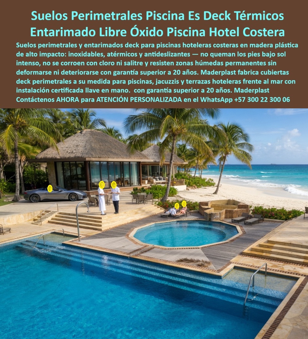Suelos Perimetrales Piscina Inoxidables Cubiertas Deck Maderplast Decks Para Terrazas De Hoteles Inmunes Al Salitre Y Sol Suelos Flotados Tipo Madera Que Soportan La Humedad Decks Terrazas Hoteles Exterior En esta imagen se observa un exclusivo complejo hotelero frente al mar con amplias zonas de piscina, terrazas panorámicas, áreas de descanso y cubiertas perimetrales construidas con decks térmicos tipo madera para exteriores. El entorno combina playa, salinidad marina, radiación solar intensa, humedad permanente y tránsito constante de huéspedes, condiciones que representan uno de los escenarios más exigentes para cualquier material de construcción. Precisamente en este tipo de aplicaciones es donde los decks plásticos estructurales Maderplast demuestran su verdadero valor técnico y económico a largo plazo.  Los suelos perimetrales para piscinas hoteleras fabricados por Maderplast han sido desarrollados para resolver los principales problemas que afectan a las cubiertas tradicionales de madera, metal, concreto y materiales laminados. En instalaciones costeras, los materiales convencionales suelen deteriorarse por la combinación de rayos ultravioleta, cloro, humedad permanente y salinidad. Como consecuencia aparecen deformaciones, pudrición, oxidación, desprendimientos, superficies resbalosas, altos costos de mantenimiento y frecuentes reposiciones.  Los decks térmicos Maderplast ofrecen una solución diseñada específicamente para hoteles, resorts, clubes, condominios turísticos, centros vacacionales, spas, jacuzzis, piscinas panorámicas y proyectos de hospitalidad premium. Su superficie texturizada mejora la seguridad peatonal, mientras que su composición estructural proporciona excelente estabilidad dimensional, resistencia a la humedad y comportamiento superior frente a ambientes marinos agresivos.  Uno de los beneficios más apreciados por arquitectos, operadores hoteleros e ingenieros de mantenimiento es el confort térmico. Mientras superficies de concreto, piedra oscura o materiales metálicos alcanzan temperaturas incómodas bajo exposición solar intensa, los decks Maderplast mantienen condiciones más confortables para el tránsito descalzo alrededor de piscinas y terrazas de playa. Esto mejora la experiencia del huésped y aumenta la percepción de calidad del establecimiento.  Desde la etapa de conceptualización del proyecto, formulación técnica, diseño arquitectónico, modelación BIM, especificación de materiales, análisis de precios unitarios, construcción e instalación, Maderplast acompaña a sus clientes con asesoría especializada para desarrollar soluciones personalizadas. Además de las tablas deck visibles, Maderplast fabrica también vigas estructurales, durmientes, pilotes, perfiles en I, perfiles HSN y estructuras de soporte que reemplazan sistemas metálicos o de madera susceptibles a corrosión, oxidación o pudrición.  Para hoteles ubicados frente al mar, islas, malecones turísticos, marinas y complejos costeros, esta ventaja representa una diferencia significativa en el costo total de propiedad. El verdadero ahorro no está únicamente en la compra inicial, sino en evitar gastos recurrentes asociados a reparaciones, repintados, sustituciones prematuras, cierres operativos y pérdida de imagen ante los visitantes.  Los compradores técnicos modernos buscan materiales de larga vida útil, soluciones sostenibles, estructuras resistentes al ambiente marino y proveedores capaces de respaldar sus productos con pruebas reales. Por esta razón Maderplast dispone de vídeos de laboratorio, pruebas de impacto, ensayos de resistencia, evaluaciones de comportamiento estructural y documentación técnica que brindan tranquilidad al momento de especificar o aprobar una orden de compra.  ASÍ LO TESTIFICA EL ING. CARLOS HERNÁNDEZ – DIRECTOR DE INFRAESTRUCTURA HOTELERA – RESORT COSTERO DEL CARIBE – MAYO 2024  “Durante años enfrentamos problemas permanentes con plataformas de madera y estructuras metálicas alrededor de nuestras piscinas frente al mar. La humedad, el cloro y la salinidad generaban reparaciones continuas y altos costos de mantenimiento. Después de evaluar varias alternativas seleccionamos la solución integral de Maderplast para terrazas, cubiertas deck y estructura de soporte. El resultado fue una mejora inmediata en la apariencia del complejo, reducción significativa de intervenciones correctivas y una mayor satisfacción de nuestros huéspedes. La asesoría técnica, la fabricación a medida y el cumplimiento del proyecto superaron nuestras expectativas. Hoy recomendamos a Maderplast como una solución confiable para proyectos hoteleros costeros de alta exigencia.”  Cuando un proyecto exige durabilidad, seguridad, estética, resistencia al ambiente marino y respaldo técnico verificable, los decks térmicos para piscinas y terrazas hoteleras de Maderplast se convierten en una inversión inteligente orientada a resultados duraderos. Solicite planos, renders, prototipos, fichas técnicas, especificaciones para licitación, cotización o desarrollo personalizado. Asesoría Especializada Con Un Especialista De Maderplast, Atención Personalizada En Este Whatsapp +57 300 223 0006.