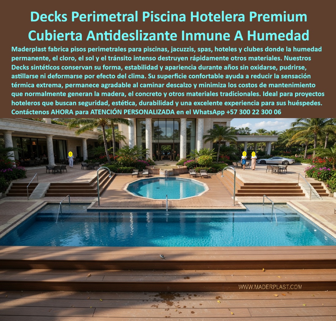 Suelos Perimetrales Piscina Inoxidables Cubiertas Deck Maderplast Piso Borde Piscina Hotelero Inoxidable Sin Mantenimiento Listo Instalar Suelo Perimetrales Piscina Inoxidables Alta Durabilidad Decks Piscina Hotelera Resistentes Humedad Decks Perimetral Piscina Hotelera Premium — Cubierta Antideslizante Inmune a Humedad Maderplast La imagen lo dice todo antes de leer una sola palabra: un complejo hotelero de alto standing con piscinas escalonadas, jacuzzi central octogonal, fuentes ornamentales y un deck perimetral en madera sintética de tono nogal que recorre cada nivel con precisión milimétrica, integrando el diseño arquitectónico con la funcionalidad de un piso técnico de uso intensivo. Ese suelo perimetral piscina inoxidable no es madera natural: es el deck sintético Maderplast, fabricado en plástico técnico de alta densidad con color integral, veta longitudinal que imita la madera con exactitud visual y tacto confortable al caminar descalzo, sin astillas, sin rebordes, sin absorción de humedad y sin ningún costo de mantenimiento en toda su vida útil. Este es el piso borde piscina hotelero inoxidable sin mantenimiento listo para instalar que arquitectos, gerentes de proyectos y directores de obras hoteleras están especificando hoy en Colombia y en toda América Latina. El problema que destruye presupuestos de mantenimiento en hoteles, clubes, spas y complejos recreativos se llama material equivocado. La madera natural se astilla, se pudre, se hincha, se decolora y obliga a lijar, barnizar y reemplazar tablas cada temporada. El concreto se calienta hasta quemar los pies descalzos, se fisura con la dilatación térmica y requiere sellado permanente. La cerámica se vuelve resbaladiza con la humedad y genera accidentes de responsabilidad civil que ningún gerente hotelero quiere gestionar. Los decks piscina hotelera resistentes humedad de Maderplast eliminan todos esos problemas con un solo material: plástico técnico sólido, impermeable al agua, inmune al cloro, resistente a los rayos UV sin amarillear, antideslizante por diseño de superficie y fabricado con una huella de carbono inferior a 0.77, haciendo de cada metro cuadrado instalado una inversión sostenible y de largo plazo. Los suelos perimetrales piscina inoxidables Maderplast conservan su geometría, su color y su textura exactamente igual en el año veinte que en el año uno. No se oxidan, no son atacados por hongos ni insectos, no se hinchan con la humedad permanente de una zona de piscina, no se deforman con el calor tropical y no requieren pintura, sellado, barniz ni tratamiento alguno, porque el color está en el núcleo del material, no aplicado sobre la superficie. Eso significa cero costos ocultos de mantenimiento y cero interrupciones operativas para intervenir el piso, algo que en un hotel de alto tráfico representa un ahorro acumulado que supera con creces la inversión inicial. Los materiales de la competencia, incluso a precio de regalo, resultan carísimos a los 24 meses por reposiciones, mano de obra de mantenimiento y la pérdida de imagen que genera un deck deteriorado frente a los huéspedes. Ningún director de operaciones hoteleras que haya instalado decks perimetrales Maderplast vuelve a considerar otra alternativa. Las cubiertas deck Maderplast para piscinas de alta durabilidad se fabrican a medida sobre plano, adaptables a geometrías rectas, curvas, escalonadas y mixtas como la que muestra esta imagen, con fichas técnicas descargables, planos en DWG, renders fotorrealistas y certificados de laboratorio que respaldan la especificación técnica ante cualquier comité de compras, pliego de licitación o interventoría. Cuando se trata de decks perimetrales para piscinas hoteleras, spas, jacuzzis y centros recreativos en plástico técnico inoxidable, Maderplast es el fabricante colombiano que convierte el proyecto en pisos reales, instalados, seguros y estéticos, con acompañamiento desde el anteproyecto hasta la puesta en marcha. La inversión inicial en Maderplast es la única inversión: sin depreciación por deterioro ambiental, sin reposiciones, sin multas por accidentes de superficie resbaladiza, sin pérdida de imagen. Solicite su cotización personalizada, muestras físicas o prototipo. Asesoría Especializada con un Especialista de Maderplast — Contáctenos en WhatsApp: +57 300 22 300 06.